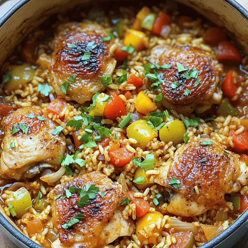 - 1.5 lbs chicken thigh fillets, diced - 1 cup long-grain rice - 1 medium onion, finely chopped - 2 cloves garlic, minced - 1 bell pepper (any color), diced - 1 cup chicken broth - 1 can (14 oz) diced tomatoes with green chilies - 1 teaspoon smoked paprika - 1 teaspoon Cajun seasoning - 1/2 teaspoon dried thyme - 1/2 teaspoon black pepper - 1 tablespoon olive oil - Salt to taste - 2 green onions, chopped (for garnish) - Fresh parsley, chopped (for garnish) Using the right amounts makes a big difference. For the chicken, use 1.5 lbs. This gives you nice, juicy pieces. The rice is 1 cup, which helps soak up all the flavors. The onion should be one medium-sized, and it adds a great base flavor. Use two cloves of garlic for a nice kick. For the bell pepper, any color works! The chicken broth should be one cup to keep things moist. The diced tomatoes bring both texture and zest. The spices, like smoked paprika and Cajun seasoning, are key for flavor. You can swap chicken thighs for chicken breasts if you like. Breasts are leaner but can dry out. For the rice, brown rice is a good choice, but it needs a longer cooking time. If you don’t have chicken broth, vegetable broth works well too. You can skip the bell pepper or use zucchini instead. For spices, if you don’t have smoked paprika, regular paprika will do. You can always adjust the heat by adding more or less Cajun seasoning. Check out the Full Recipe for more details. First, you need to prepare the chicken. I like using chicken thigh fillets for this dish. They stay juicy and tender. Dice 1.5 pounds of chicken thighs into bite-sized pieces. Season them with salt and black pepper. Heat 1 tablespoon of olive oil in a large pot over medium heat. When the oil is hot, add the chicken. Cook it for about 5 to 7 minutes. You want the chicken to brown nicely. Once it's done, remove the chicken from the pot and set it aside. This step adds great flavor to your dish. Now, let’s sauté the vegetables. In the same pot, add the chopped onion, bell pepper, and minced garlic. Use one medium onion, one bell pepper, and two cloves of garlic. Sauté these for about 3 to 4 minutes. You want the veggies to soften and release their flavors. This step is key for depth in your dish. Next, stir in the rice. Use 1 cup of long-grain rice. Add in 1 teaspoon of smoked paprika, 1 teaspoon of Cajun seasoning, and 1/2 teaspoon of dried thyme. Cook this mixture for one more minute. This helps the rice soak up all the spices. After the rice is mixed with the spices, it’s time to add the liquids. Pour in 1 can of diced tomatoes with green chilies and 1 cup of chicken broth. Then, return the browned chicken to the pot. Mix everything well. Bring it to a gentle boil. Once it’s boiling, reduce the heat to low. Cover the pot and let it simmer for 25 to 30 minutes. The rice should become tender and absorb most of the liquid. After cooking, let it sit for another 5 minutes. Fluff the rice with a fork and taste for seasoning. Adjust if needed. Serve hot and garnish with chopped green onions and fresh parsley for a pop of color. Enjoy this delightful one pot chicken and dirty rice dish! For the complete recipe, check out the Full Recipe. To make your dish full of flavor, use high heat for browning the chicken. This locks in juices and creates a nice crust. When you sauté the veggies, stir them well. This helps release their natural sweetness. Adding spices like smoked paprika early also boosts the taste. The heat wakes up the spices, making them pop in your dish. For perfectly cooked rice, rinse it first. This removes excess starch and keeps it fluffy. Use the right ratio of liquid to rice. I suggest 1 cup of rice to 1.5 cups of liquid. This ensures the rice cooks well and absorbs all the flavors. Once you add the rice to the pot, don’t stir too much. Stirring can break the grains and make your rice gummy. When meal prepping, chop all your ingredients in advance. Store them in airtight containers in the fridge. This saves time on busy days. You can also cook a double batch of this dish. It keeps well and tastes even better the next day. Just reheat it gently on the stove. For a quick meal, consider preparing the rice in a rice cooker while you cook the chicken. This way, everything is ready at the same time. For the full recipe, check the details above. {{image_2}} You can boost the nutrition and flavor by adding more vegetables. Consider adding carrots, peas, or corn. These veggies add sweetness and color to your dish. You can also use spinach or kale for some leafy greens. Just chop them up and stir them in during the last few minutes of cooking. This way, they stay bright and fresh. If you want to change the protein, you have options! Try using diced turkey, sausage, or even shrimp. Each choice brings its own taste and texture. For a vegetarian option, replace the chicken with chickpeas or lentils. Both will soak up the flavors nicely. Just adjust the cooking time as needed. Do you prefer heat or a milder taste? To add spice, mix in some cayenne pepper or hot sauce. You can also use spicy sausage for a kick. If you want it mild, stick with the original recipe. You can even leave out the Cajun seasoning. This dish is flexible enough to satisfy everyone at your table. After cooking, let your One Pot Chicken and Dirty Rice cool down. Once it cools, place it in an airtight container. Store it in the fridge for up to four days. This keeps the dish fresh and tasty. Make sure to label the container with the date. That way, you know when to eat it! If you want to save it for later, you can freeze it. First, let it cool completely. Then, portion it into freezer-safe bags or containers. Remove as much air as possible to prevent freezer burn. It can last up to three months in the freezer. Just remember to label it too! When you're ready to eat, take it out of the fridge or freezer. If frozen, let it thaw overnight in the fridge. You can reheat it on the stove over low heat. Add a splash of chicken broth to keep it moist. Stir often until it's heated through. You can also use the microwave. Heat it in short bursts, stirring in between. Enjoy your flavorful dish! For the full recipe, check out the details above. Yes, you can use brown rice. Brown rice adds a nutty taste and more fiber. However, brown rice takes longer to cook. You will need to adjust the liquid and cooking time. Use about 1.5 cups of broth and simmer for 40-45 minutes. This way, it cooks well with the chicken. One Pot Chicken and Dirty Rice is a full meal by itself. Still, you can pair it with sides. Consider serving a fresh salad for crunch. A simple coleslaw adds a nice contrast. You might also enjoy cornbread on the side. It soaks up the flavors well and adds warmth. To add heat, you can include chopped jalapeños or a dash of hot sauce. Adding extra Cajun seasoning boosts flavor and spice. You can also use spicy sausage along with the chicken. This will mix well and give a great kick. Adjust the spice to suit your taste. Feel free to experiment! For the full recipe, check out the [Full Recipe]. This blog post covered key ingredients, cooking steps, and useful tips for one-pot chicken and dirty rice. You learned how to prepare chicken, sauté veggies, and cook rice perfectly. I shared ways to add flavors and variations for everyone to enjoy. In cooking, small choices create big flavors. Remember, practice makes you better. Enjoy your cooking journey! You can make a dish everyone loves.