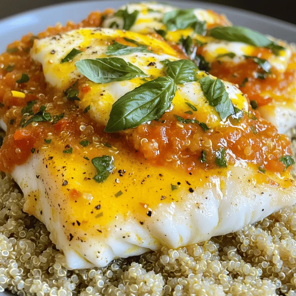 To make Mediterranean cod with tomato basil sauce, gather these fresh ingredients: - 4 cod fillets (about 6 oz each) - 1 can (14 oz) crushed tomatoes - 2 tablespoons olive oil - 1 small onion, finely chopped - 2 garlic cloves, minced - 1 teaspoon dried oregano - 1 teaspoon smoked paprika - Salt and pepper to taste - 1/4 cup fresh basil, chopped (plus extra for garnish) - Zest and juice of 1 lemon - Fresh mozzarella, sliced, for topping (optional) - Cooked quinoa or couscous, for serving These ingredients work together to create a dish that is bright, fresh, and full of flavor. Fresh cod is a great choice because it cooks quickly and turns flaky when done. The crushed tomatoes form a rich sauce that pairs perfectly with the fish. Olive oil adds a smooth touch, while garlic and onion bring depth. Using fresh herbs like basil gives the dish a vibrant taste. Lemon zest and juice add a nice brightness that balances the flavors. If you want to make it even more special, top the cod with fresh mozzarella. It melts beautifully and adds a creamy texture. Make sure to have quinoa or couscous ready for serving. They soak up the sauce and complete this meal. You can find the full recipe to guide you through the cooking process. Enjoy making this delightful dish! To start, I heat 2 tablespoons of olive oil in a medium saucepan over medium heat. Once hot, I add 1 finely chopped onion. I sauté it for about 5 minutes until it turns soft and clear. Next, I stir in 2 minced garlic cloves and cook for another minute. This step adds a lovely aroma to my sauce. After that, I pour in 1 can of crushed tomatoes, 1 teaspoon of dried oregano, and 1 teaspoon of smoked paprika. I season with salt and pepper to taste, then bring the mix to a gentle simmer. I let it cook for about 10 to 15 minutes until it thickens slightly. This simmering helps the flavors blend well. Once the sauce thickens, I mix in 1/4 cup of chopped fresh basil, the zest, and juice of 1 lemon. I taste it and adjust the seasoning if needed. With that, my fragrant tomato-basil sauce is ready! Now, I preheat my oven to 375°F (190°C). In a baking dish, I season 4 cod fillets with salt and pepper on both sides. This simple step adds great flavor to the fish. Then, I pour half of the tomato-basil sauce over the cod, ensuring each fillet is well covered. If I want a cheesy touch, I place a slice of fresh mozzarella on top of each fillet. I cover the baking dish with foil and slide it into the oven. I bake the cod for 20 minutes, which helps it cook through. After that, I remove the foil for an additional 10 to 15 minutes. This step allows the top to brown slightly. I know the cod is done when it turns opaque and flakes easily with a fork. Once the cod is cooked, I spoon the remaining sauce over the fish. To finish, I garnish with extra fresh basil, adding color and flavor. This dish looks beautiful and tastes even better! For the full recipe, check out the details shared earlier. For the best Mediterranean cod, cook it at 375°F (190°C). This temperature helps keep the fish moist. Bake it covered with foil for the first 20 minutes. Then, remove the foil and bake for another 10-15 minutes. The cod is done when it turns opaque and flakes easily with a fork. This ensures a tender and juicy fillet. If you cannot find cod, try using halibut or tilapia. Both options work well with the sauce. For a vegan or vegetarian twist, swap the cod with firm tofu or chickpeas. Make sure to adjust the cooking time to suit these substitutes. Serve the Mediterranean cod on a bed of quinoa or couscous. This adds texture and flavor. For garnish, sprinkle fresh basil on top. You can also add lemon zest for a bright touch. A drizzle of olive oil enhances the dish's look and taste, making it more inviting. For more details, refer to the Full Recipe. {{image_2}} Adding vegetables to your Mediterranean cod makes it even better. You can toss in some bell peppers and spinach. They add color and nutrition. You can also use seasonal veggies like zucchini or cherry tomatoes. Just chop them up and mix them in. If you want to change the sauce, try a pesto variation. This gives a fresh twist. Blend basil, pine nuts, and olive oil for a rich flavor. For a creamy tomato alternative, stir in some heavy cream. This makes the sauce smooth and rich. To enhance flavors, consider adding olives or capers. Both bring a salty kick that pairs well with the cod. You can also experiment with spice blends. Try adding cumin or coriander for a warm touch. These variations let you personalize your dish. You can explore different tastes and textures. For the full recipe, check out the earlier section. To store leftovers, let the cod cool to room temperature. Place it in an airtight container. This keeps moisture in and prevents odors. You can enjoy your Mediterranean cod within three days. After that, the fish might lose its freshness. For long-term storage, freezing works well. Wrap the cod tightly in plastic wrap or foil. Place it in a freezer-safe bag. Make sure to remove as much air as possible. This helps prevent freezer burn. When ready to eat, thaw it overnight in the fridge. To reheat, bake it at 350°F for about 15 minutes until warm. You can prepare the sauce in advance. Store it in the fridge for up to three days. Mix it with cooked cod just before serving. You can also use leftover cod in salads or wraps. It adds a tasty twist to any dish. Yes, you can use frozen cod fillets. Just thaw them before cooking. Place the fillets in the fridge overnight to defrost. If you're short on time, you can also place them in a sealed bag and submerge them in cold water for about an hour. Once thawed, pat them dry with a paper towel. This helps the seasoning stick better. Yes, this recipe can be gluten-free. The main ingredients do not contain gluten. If you serve it with grains, use gluten-free options like quinoa or rice. Always check labels for any hidden gluten in sauces or other ingredients. This way, you can enjoy a safe and tasty meal. You can serve Mediterranean cod with many tasty sides. Here are some great options: - Quinoa or couscous for a fluffy base - A fresh green salad with lemon vinaigrette - Roasted vegetables like zucchini or bell peppers - Garlic bread for a crunchy side These sides complement the flavors of the cod and tomato sauce well. For more ideas, check out the Full Recipe. This Mediterranean Cod with Tomato Basil Sauce is simple to make and full of flavor. We covered the key ingredients and steps, from sautéing vegetables to baking the cod. I shared tips for perfecting the dish, alternative ingredient options, and even creative variations. Remember, experimenting with herbs and spices can elevate your meal. Whether it’s a weeknight dinner or a special occasion, this recipe can impress. Enjoy cooking, and savor each bite of this delicious seafood dish. Your taste buds will thank you!