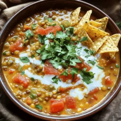 For this creamy vegan lentil tortilla soup, gather the following: - 1 cup green or brown lentils, rinsed - 1 medium onion, chopped - 2 cloves garlic, minced - 1 bell pepper (any color), diced - 2 medium tomatoes, diced - 4 cups vegetable broth - 1 can (15 oz) coconut milk - 1 teaspoon ground cumin - 1 teaspoon smoked paprika - ½ teaspoon chili powder - Salt and pepper to taste - 1 tablespoon olive oil - 1 lime, juiced - Fresh cilantro, for garnish - Tortilla chips, for topping These ingredients blend well to create a rich, hearty soup. The lentils add protein and fiber. The coconut milk gives creaminess without dairy. The spices bring warmth and flavor. Each serving of this soup is packed with nutrients. Here’s a quick look at the nutritional info: - Calories: Approximately 320 - Protein: 14 grams - Carbohydrates: 40 grams - Dietary Fiber: 12 grams - Total Fat: 15 grams This soup is not only tasty but also healthy. It provides essential nutrients while being plant-based. You can easily swap some ingredients if needed. Here are a few common substitutions: - Lentils: Use canned lentils for a quicker option. - Coconut Milk: Almond milk or any plant-based milk can work, but the soup won’t be as creamy. - Vegetable Broth: Water or homemade broth is fine if you’re out of store-bought. - Tomatoes: Use canned diced tomatoes if fresh ones aren’t available. - Bell Pepper: Any color or type of pepper works well. These substitutions help you adapt the recipe to what you have on hand. Enjoy customizing your creamy vegan lentil tortilla soup! For the full recipe, check out the instructions above. To make this creamy vegan lentil tortilla soup, I use simple techniques that help build flavor. First, I sauté the onion and garlic in olive oil. This step brings out their sweetness. Next, I add the bell pepper and tomatoes, letting them soften. This mix creates a robust base for the soup. Finally, I blend part of the soup to make it creamy while keeping some lentils whole for texture. This adds depth to every bite. - Prep Time: 15 minutes - Step 1: Sauté onion (5 minutes) - Step 2: Cook garlic (1 minute) - Step 3: Add bell pepper and tomatoes (5 minutes) - Step 4: Combine all ingredients and bring to a boil (5 minutes) - Step 5: Simmer the soup (30-35 minutes) - Step 6: Blend part of the soup (2-3 minutes) - Step 7: Stir in lime juice and adjust seasoning (1 minute) For the best texture in your soup, consider these tips: - Don’t over-blend: Only blend part of the soup. This keeps lentils whole and adds a nice bite. - Use fresh ingredients: Fresh vegetables enhance the flavor and texture. - Simmer gently: A low simmer allows the lentils to cook evenly without breaking apart. - Adjust liquid: If you want a thicker soup, reduce the broth slightly. For a thinner soup, add more broth. By following these steps and tips, you will create a creamy, comforting soup that warms both the heart and the stomach. For more details, check the Full Recipe. To boost the flavor of your creamy vegan lentil tortilla soup, use fresh herbs. Fresh cilantro adds a bright taste. Squeeze some lime juice right before serving. This adds freshness and brightness. You can also add a splash of hot sauce for extra heat. If you like a smoky flavor, try adding chipotle peppers in adobo sauce. This will enhance the depth of the soup. One common mistake is overcooking the lentils. Keep an eye on them as they cook. You want them tender but not mushy. Another mistake is skipping the blending step. Blending part of the soup makes it creamy and rich. Lastly, don’t forget to season well. Taste your soup before serving and adjust the salt and spices. To store leftovers, let the soup cool completely. Then, transfer it to an airtight container. It will keep well in the fridge for up to three days. To freeze, use freezer-safe containers. Make sure to leave some space at the top for expansion. The soup can last in the freezer for up to three months. When you’re ready to eat, thaw it overnight in the fridge. Reheat on the stove until warmed through. Check out the Full Recipe for more tips on making this dish! {{image_2}} You can easily boost the protein in your creamy vegan lentil tortilla soup. Here are a few ideas: - Chickpeas: Add one can of rinsed chickpeas for extra protein and fiber. - Tofu: Cube firm tofu and sauté it with the onions for a hearty option. - Quinoa: Stir in half a cup of cooked quinoa. It adds texture and protein. These options make your soup not only tasty but also filling. Garnishes can take your soup to the next level. Here are some fun options: - Avocado: Sliced or diced avocado adds creaminess. - Vegan Sour Cream: A dollop of this makes it rich and tangy. - Chopped Green Onions: Sprinkle them on top for a fresh crunch. Feel free to mix and match these garnishes. It makes each bowl unique! Not everyone likes the same spice level. Here’s how to adjust it: - Mild: Skip the chili powder for a soft flavor. - Medium: Use the recipe as is. It has a nice kick. - Spicy: Add sliced jalapeños and extra chili powder. You can tailor the heat to fit your taste. Experiment until you find your perfect blend! For the full recipe, check out the complete guide. To store your creamy vegan lentil tortilla soup, let it cool first. Use a clean container with a tight lid. Glass or BPA-free plastic works well. Make sure to store it in the fridge within two hours of cooking. This keeps the soup fresh and safe to eat. You can freeze this soup for later enjoyment. Pour cooled soup into freezer-safe bags or containers. Be sure to leave some space at the top, as the soup will expand when frozen. Label the bags with the date. You can freeze it for up to three months. When ready to eat, thaw it in the fridge overnight or use the microwave. In the fridge, your creamy vegan lentil tortilla soup will last for about four to five days. If you freeze it, it can stay good for three months. Always check for any off smells or changes in texture before serving. Enjoy your delicious soup whenever you're ready! For the full recipe, refer back to the main section. To add heat to your soup, you can use several methods. First, consider adding more chili powder or a splash of hot sauce. You can also include diced jalapeños or crushed red pepper flakes for extra spice. Adjust the amount based on your taste. If you want to balance the heat, serve it with avocado or a dollop of vegan sour cream. Yes, you can prepare this soup in advance. It stores well in the fridge for up to three days. To reheat, simply warm it on the stove over low heat. If it thickens, add a little vegetable broth to reach your desired consistency. This soup often tastes better the next day as the flavors blend. Absolutely! Dried lentils can work well in this recipe. Just remember to rinse them before use. Soak them for a few hours to help them cook faster. If you use dried lentils, increase the cooking time to about 40-45 minutes. You can find the Full Recipe for detailed steps on how to prepare it perfectly. This post covered essential ingredients, cooking steps, and tips for making great soup. We explored variations, storage tips, and answered common questions. Remember, you can adjust flavors to fit your taste. Use fresh ingredients for the best results. Avoid common mistakes to ensure satisfaction. With these tips, you can make a yummy soup every time. Enjoy the process and share your success!