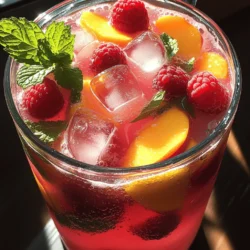 - 1 cup fresh raspberries - 2 ripe peaches, pitted and sliced - 4 cups water - 1 cup fresh lemon juice (about 4-6 lemons) - 1/2 cup granulated sugar (adjust to taste) - Fresh mint leaves for garnish - Ice cubes