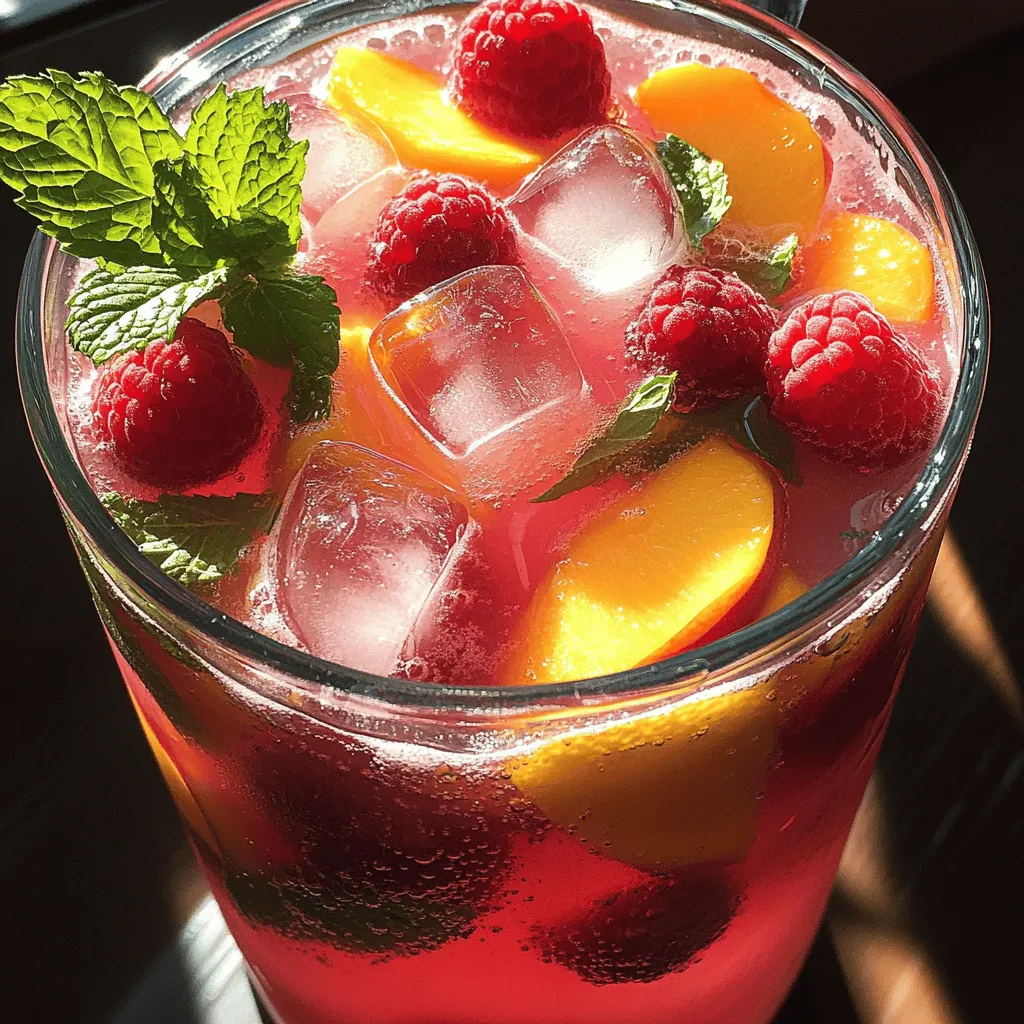 - 1 cup fresh raspberries - 2 ripe peaches, pitted and sliced - 4 cups water - 1 cup fresh lemon juice (about 4-6 lemons) - 1/2 cup granulated sugar (adjust to taste) - Fresh mint leaves for garnish - Ice cubes