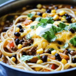 - 1 lb ground beef (or turkey) - 1 onion, diced - 2 cloves garlic, minced - 1 bell pepper, diced - 1 packet taco seasoning - 1 can (14 oz) diced tomatoes with green chilies - 2 cups beef broth (or chicken broth) - 8 oz pasta (shells or rotini) - 1 can (15 oz) black beans, rinsed and drained - 1 cup corn (frozen or canned) - 1 cup shredded cheddar cheese - Salt and pepper to taste - Fresh cilantro, chopped - Sour cream for serving I love using simple ingredients in my One Pot Taco Pasta. You need just a few basic items. Ground beef or turkey gives it a great base. The diced onion, minced garlic, and bell pepper add flavor and texture. A packet of taco seasoning brings all the spices together nicely. Diced tomatoes with green chilies add a nice kick. The broth helps the pasta cook perfectly. You can use shells or rotini, whichever you prefer. Black beans and corn are great for fiber and taste. Finally, don’t forget the cheese! It melts beautifully on top. A sprinkle of fresh cilantro adds color and freshness. To serve, a dollop of sour cream gives creaminess. These ingredients work together for a tasty meal. Start by heating a large pot or Dutch oven over medium heat. Add 1 pound of ground beef or turkey. Cook until it turns brown, stirring often. If there is extra fat, drain it. This keeps the dish light and tasty. Next, stir in 1 diced onion, 2 minced garlic cloves, and 1 diced bell pepper. Cook this mix for about 3-4 minutes. It will smell great as the vegetables soften. Now, sprinkle in 1 packet of taco seasoning. This step boosts the flavor a lot. Cook for another minute to blend the spices well. Now it’s time to add the heart of the dish. Mix in 1 can of diced tomatoes with green chilies, 2 cups of beef broth, and 8 ounces of pasta. Make sure the pasta is fully submerged in the liquid. This is key for even cooking. Bring the mixture to a boil. Once it bubbles, reduce the heat to low. Cover the pot to trap the steam. Let it simmer for about 10-12 minutes. Stir it occasionally until the pasta is al dente. If it looks dry, add a splash of broth or water. After the pasta cooks, stir in 1 can of black beans and 1 cup of corn. Cook for an additional 3-5 minutes. This warms everything through and adds great texture. Remove the pot from heat. Sprinkle 1 cup of shredded cheddar cheese on top. Cover for a couple of minutes until the cheese melts. It will create a creamy topping. Add salt and pepper to taste. Garnish with chopped cilantro and a dollop of sour cream if desired. Enjoy your one pot taco pasta! - Use a non-stick pot to avoid sticking. - Keep stirring occasionally to prevent pasta from clumping. These simple tips will make your cooking easier. A non-stick pot helps the food slide out smoothly. Stirring the pasta stops it from sticking together. This way, each bite remains delightful. - Substitute ground meat for a vegetarian option. - Add chopped jalapeños for extra heat. You can easily change this dish to fit your taste. If you want a veggie meal, replace meat with beans or lentils. For a spicy kick, toss in some jalapeños. This adds a nice heat that many enjoy. - Serve with tortilla chips on the side. - Pair with a fresh side salad. Taco pasta pairs well with crunchy tortilla chips. They add a fun texture. A fresh side salad complements the dish. It brings a nice balance with its crisp greens. Enjoy your meal with these tasty sides! {{image_2}} You can easily change some ingredients in One Pot Taco Pasta. For a healthier option, use whole grain or gluten-free pasta. This choice adds fiber and keeps the dish light. You can also mix in different vegetables. Zucchini and spinach work well. They add color and nutrition to your meal. Adding a splash of lime juice can really brighten the dish. The tangy flavor lifts the taste and makes it pop. You can also top your pasta with avocado slices. This adds a creamy texture that balances the spices. Both of these enhancements make the dish even better. Cheese makes everything better! You can experiment with different types. Pepper jack adds a spicy kick, perfect for those who love heat. If you prefer a milder flavor, go for mozzarella. It melts beautifully and gives a nice stretchy texture. Mixing and matching cheeses can change the whole feel of the dish. Store any leftover One Pot Taco Pasta in an airtight container. It will stay fresh in the fridge for up to 3 days. Make sure it cools down before sealing the container. This keeps the pasta from getting mushy. You can freeze One Pot Taco Pasta in individual portions. It will last for up to 3 months. To thaw, simply place it in the refrigerator overnight. This way, it warms up slowly and retains its flavor and texture. Reheat your pasta in the microwave or on the stovetop. When using the stovetop, add a splash of broth. This restores moisture and keeps the pasta from drying out. Always check the temperature before serving to ensure it’s hot all the way through. Yes, use a plant-based meat substitute or omit the meat entirely. Many tasty options exist. You can also add more beans or mushrooms for a hearty feel. Pasta is al dente when it is cooked but still firm to the bite. Taste a piece to check. It should have a slight resistance, not be mushy. Yes, you can prep the ingredients ahead but cook it fresh for best texture. If you cook it too early, the pasta can get too soft. Chopping veggies and measuring spices saves time. A mix of cumin, chili powder, paprika, and garlic powder can be used as a substitute. Adjust the amounts to fit your taste. You can also add some onion powder for extra flavor. Absolutely! It stores well and is easy to reheat for quick meals. Keep it in an airtight container in the fridge. It tastes great for lunch or dinner later in the week. For the complete preparation steps, refer to the Full Recipe for One Pot Taco Pasta. One Pot Taco Pasta is an easy and tasty dish. We covered the main ingredients, tools, and steps. You can customize it to fit your taste. Don’t forget tips for storage and reheating. This meal is great for busy nights or meal prep. Enjoy cooking your savory, one-pot creation. It's sure to become a family favorite!