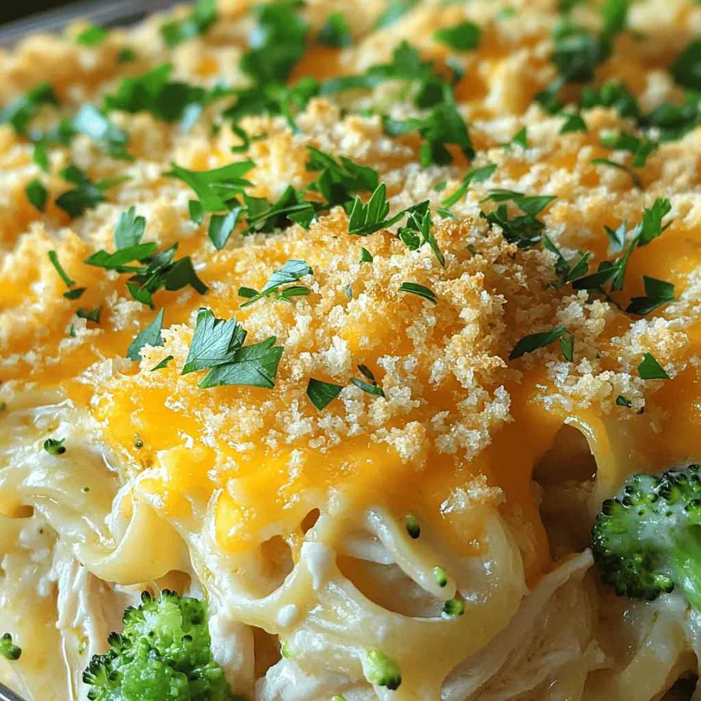 - Chicken and Pasta Components - 2 cups cooked rotini pasta - 2 cups cooked chicken, shredded - Sauce Ingredients - 1 cup broccoli florets (fresh or frozen) - 1 cup shredded carrots - 1 can (10.5 oz) cream of chicken soup - 1 cup sour cream - 1 teaspoon garlic powder - 1 teaspoon onion powder - 1 teaspoon dried thyme - Salt and pepper to taste - Topping and Seasoning - 1 cup shredded cheddar cheese (plus extra for topping) - 1 cup panko breadcrumbs - 2 tablespoons butter, melted This chicken noodle casserole is simple yet full of flavor. You need basic items like pasta and chicken, along with some tasty veggies. Broccoli and carrots add color and crunch. The creamy sauce blends everything perfectly. You can use leftover chicken for ease. For the topping, panko breadcrumbs add a nice crunch. Don’t skip the melted butter; it makes the topping golden and crisp. I always recommend using quality cheese. It enhances the taste. Cheddar is great here, but feel free to mix in your favorite cheese. Gather these ingredients to create a cozy dish that everyone will love. Check the [Full Recipe] for more details. - Preheating the Oven: Start by preheating your oven to 350°F (175°C). This step is key for an even bake. Grease a 9x13 inch casserole dish with a little butter or cooking spray. - Cooking the Pasta: Boil water in a large pot. Add a pinch of salt. Cook the rotini pasta according to the package instructions until it is al dente. Drain the pasta and set it aside. - Creating the Sauce: In a big mixing bowl, combine the cream of chicken soup, sour cream, garlic powder, onion powder, dried thyme, salt, and pepper. Stir until smooth. This creamy sauce is the heart of the dish. - Mixing the Casserole: Add the cooked chicken, pasta, broccoli florets, and shredded carrots to the sauce in the bowl. Gently fold everything together until all the ingredients are coated in the sauce. - Transferring to the Baking Dish: Pour the mixture into the greased casserole dish. Spread it out evenly. This ensures even cooking and helps the flavors blend well. - Addition of Cheese and Topping: Sprinkle the cup of shredded cheddar cheese over the top. In a small bowl, mix the panko breadcrumbs with melted butter. Then, sprinkle this mixture on top of the cheese. This gives your casserole a nice crunchy topping. - Baking Time and Temperature: Place the casserole in the preheated oven. Bake for 30 to 35 minutes. You want the top to be golden brown and bubbling. - Cooling and Serving Tips: When it is done, take it out of the oven. Let it cool for a few minutes before serving. This helps the casserole set up better. Serve it hot and enjoy the creamy, cheesy goodness of your Chicken Noodle Casserole. For the full recipe, check out the earlier sections. Recommended Cooking Times Bake your casserole at 350°F for 30 to 35 minutes. Check for a golden top. If it needs more time, add five-minute intervals until done. Ingredient Substitutions You can swap rotini pasta for egg noodles if you prefer. Use any cooked chicken you have, like rotisserie chicken. For a creamier mix, Greek yogurt can replace sour cream. Flavor Enhancements Add herbs like rosemary or basil for more depth. Try a splash of lemon juice for brightness. If you want more heat, a pinch of cayenne pepper works well. Pairing Ideas Serve your casserole with a fresh green salad. A light vinaigrette complements the rich flavors. Garlic bread also makes a tasty side. Presentation Tips Garnish your casserole with chopped parsley for color. Use a nice serving dish to make it look special. For a fun touch, offer a variety of hot sauces on the side to let guests customize their meal. For the full recipe, check out the detailed instructions above. {{image_2}} You can make this chicken noodle casserole gluten-free with a few easy swaps. Use gluten-free rotini pasta instead of regular pasta. Check the labels on the cream of chicken soup and sour cream to ensure they are gluten-free. You can find gluten-free breadcrumbs for the topping as well. For a vegetarian version, replace the chicken with cooked chickpeas or tofu. You can mix in more veggies, like zucchini or bell peppers, for protein and taste. Use vegetable soup instead of cream of chicken soup to keep it creamy. Feel free to get creative with veggies! You can add peas, corn, or even spinach. Each vegetable brings its own flavor and texture. Mixing different colors also makes the dish more appealing. While cheddar cheese is classic, try mixing in mozzarella or pepper jack for a twist. You can also sprinkle some Parmesan on top before baking for a rich taste. Each cheese adds a new layer of flavor to your casserole. For the full recipe, check out the complete instructions above! When you have leftover chicken noodle casserole, proper storage keeps it fresh. Here’s how to store it: - Refrigeration Tips: Let the casserole cool before putting it in the fridge. Use an airtight container to keep it from drying out. It stays good for about 3 to 4 days in the fridge. - Freezing Instructions: If you want to freeze it, make sure it’s cooled completely. Place it in a freezer-safe container or wrap it tightly in foil. It can last up to 3 months in the freezer. For best results, label with the date. When it's time to enjoy your casserole again, reheating is easy: - Best Methods for Reheating: The oven is the best way. Preheat it to 350°F (175°C). Place the casserole in an oven-safe dish and cover it with foil to heat evenly. Bake for about 20-25 minutes. You can also use a microwave if you’re in a hurry, but the oven keeps it crisp. - Maintaining Flavor and Texture: To keep the flavors strong, avoid reheating too much. Check it often so it does not dry out. If it seems dry, add a splash of chicken broth or a little sour cream before heating. This keeps it creamy and delicious. This chicken noodle casserole is a great make-ahead meal. Enjoy the leftovers just as much as the first serving! For the complete recipe, check out the [Full Recipe]. How do I thicken the casserole? To thicken your Chicken Noodle Casserole, you can add more cheese or use cream cheese. Another option is to mix in a bit of flour or cornstarch with your sauce. This will help create a thicker, creamier texture. Can I prepare it in advance? Yes, you can prepare this casserole ahead of time. Just mix the ingredients, place them in the baking dish, and cover with plastic wrap. Store it in the fridge for up to 24 hours. When you’re ready, just bake it as directed. What sides pair well with Chicken Noodle Casserole? Great sides include a fresh green salad, garlic bread, or steamed vegetables. These options balance the rich flavors of the casserole and add freshness to your meal. Can I use leftover chicken? Absolutely! Leftover chicken works great in this dish. Just shred it and mix it into the casserole. This is an easy way to use up extra chicken while saving time. How can I make it spicier? To add some heat, try including diced jalapeños or a splash of hot sauce in the mix. You can also use spicy cheese, like pepper jack, for a flavorful kick. Is there a way to make it lower in calories? Yes, you can lower the calories by using low-fat sour cream and reduced-fat cheese. You can also swap out the rotini pasta for whole wheat or veggie noodles for a healthier option. For the complete recipe, check out the [Full Recipe]. In this blog post, we covered how to make a delicious chicken noodle casserole. We looked at all the ingredients, from chicken and pasta to sauces and toppings. I shared step-by-step instructions, easy tips, and various ways to adapt the recipe. Now, you can create a tasty dish that fits your tastes. Remember, cooking is about experimenting and having fun. Enjoy diving into this recipe and sharing it with others!