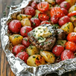 - 1 lb flank steak, cut into bite-sized pieces - 4 medium red potatoes, diced - 1 cup cherry tomatoes, halved