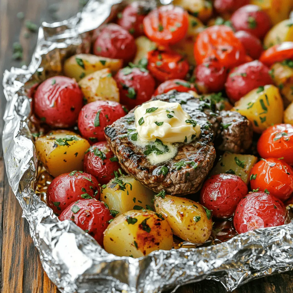 - 1 lb flank steak, cut into bite-sized pieces - 4 medium red potatoes, diced - 1 cup cherry tomatoes, halved
