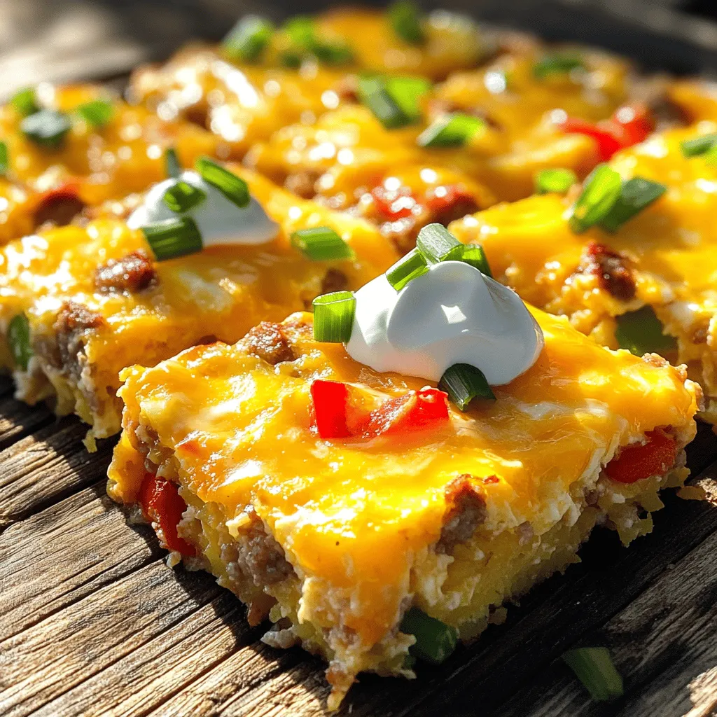 - 1 pound breakfast sausage: This gives the casserole a hearty and savory base. Make sure to remove the casings before cooking. - 6 large eggs: Eggs add richness and help bind the casserole together. They also provide protein. - 1 cup milk: Milk makes the casserole creamy and soft. You can choose whole or low-fat milk, depending on your taste. - 1 teaspoon garlic powder: This adds a nice depth of flavor without the fuss of fresh garlic. - 1 teaspoon onion powder: Like garlic powder, this enhances the taste and blends well with other flavors. - 1 teaspoon dried thyme: Thyme brings a warm, earthy note to the dish. It complements the sausage nicely. - 1/2 teaspoon paprika: Paprika adds a hint of smokiness and a splash of color. - Salt and pepper to taste: These are essential for seasoning. Adjust them to your liking. - 4 cups frozen hash browns (thawed): Hash browns add texture and substance. Thaw them beforehand for even cooking. - 1 cup shredded cheddar cheese: Cheese melts beautifully on top, adding a gooey and rich finish. - 1/2 cup diced bell peppers (red and green): Bell peppers add a fresh and sweet crunch. You can mix colors for a vibrant look. - 1/2 cup chopped green onions: These give a fresh, mild onion flavor. They also make a great garnish. Each ingredient plays a role in making this casserole simple yet tasty. Preparing your ingredients ahead of time ensures a smooth cooking process. For the full recipe, refer to the instructions provided earlier. 1. Preheat your oven to 350°F (175°C). This warm-up step is key for even cooking. 2. Grease a 9x13-inch baking dish with cooking spray or butter. This helps the casserole come out easily. 3. In a large skillet over medium heat, cook 1 pound of breakfast sausage. Break it apart with a spoon. Cook for about 5-7 minutes until it turns brown. Drain any extra grease. Let it cool a bit. 4. In a big mixing bowl, whisk together 6 large eggs and 1 cup of milk. Add 1 teaspoon garlic powder, 1 teaspoon onion powder, 1 teaspoon dried thyme, 1/2 teaspoon paprika, and salt and pepper to taste. Mix until it’s all combined. 5. Add 4 cups of thawed hash browns to the egg mixture. Stir gently. Then fold in the cooked sausage, 1/2 cup of diced bell peppers, and 1/2 cup of the shredded cheddar cheese. 6. Pour the mixture into your greased baking dish. Spread it out evenly. Top with the rest of the cheddar cheese and sprinkle with 1/2 cup of chopped green onions. 7. Bake in your preheated oven for 35-40 minutes. The eggs should be set, and the top should look lightly golden. 8. Remove from the oven. Let it cool for a few minutes. Slice into squares to serve. Safety Tips: Always wash your hands after handling raw sausage. Use separate cutting boards for meat and veggies to avoid cross-contamination. Enjoy your time making this dish! The full recipe awaits if you want to see everything at once. One common mistake is not measuring ingredients. Accurate measurements help you get the best taste. For instance, if you use too much salt, it can ruin the dish. Always use a measuring cup for liquids and a spoon for dry spices. Another pitfall is skipping the thawing step for hash browns. If they are still frozen, your casserole may take longer to cook. Thaw them overnight in the fridge or use the microwave for quick thawing. Ovens can vary in temperature. If your oven runs hot, check the casserole a bit early. You may need to bake it for less time. On the other hand, if it cooks slowly, you might add a few extra minutes. To make crispy hash browns, spread them evenly in the baking dish. This allows heat to circulate better. You can also consider broiling the casserole for the last few minutes. Watch it closely to avoid burning. For the full recipe, check out the complete guide. {{image_2}} You can switch the sausage for turkey sausage if you want a lighter option. For a vegetarian meal, try using plant-based sausage. These swaps keep the dish tasty and healthy. If you want a dairy-free version, use almond milk or oat milk instead of regular milk. For a low-carb option, replace hash browns with riced cauliflower. This change keeps the flavor but cuts carbs. To boost the flavor, add spices like cumin or smoked paprika. These give the casserole a warm, rich taste. You could also mix in some chopped spinach or mushrooms for extra nutrients. For a regional twist, consider adding jalapeños for a spicy kick. This adds heat and excitement to each bite. You can also top it with fresh herbs like cilantro or parsley after baking for a bright finish. Check out the Full Recipe for more ideas! To keep your sausage breakfast casserole fresh, store leftovers in an airtight container. Let it cool to room temperature first. Place it in the fridge for up to four days. If you want to keep it longer, freeze it. Wrap the casserole tightly in plastic wrap, then foil. It can last up to three months in the freezer. When you’re ready to eat it, you can reheat it in the oven or microwave. For the oven, set it to 350°F (175°C) and bake for about 20 minutes. This method warms the casserole evenly and keeps it from getting soggy. If using a microwave, heat it in short bursts, stirring in between. Aim for a warm center. In the fridge, your casserole stays good for about four days. If frozen, it can last up to three months. However, always check for signs of spoilage. If you see any mold or an off smell, it's best to toss it. The texture may also change after freezing, so enjoy it fresh when you can. This sausage breakfast casserole is a great dish for meal prep. With the right storage, you can enjoy it for breakfast or brunch all week long. For the full recipe, check out the Sizzling Sausage Sunrise Casserole section. You can tell the casserole is done by checking the eggs. They should be set, not runny. The top will turn a light golden color. If you gently shake the dish, it should not jiggle. Insert a knife into the center. If it comes out clean, it’s ready to go. Yes, you can prepare this casserole the night before. Start by cooking the sausage and mixing the ingredients. Then, pour the mixture into the baking dish. Cover it tightly with plastic wrap. Store it in the fridge overnight. When you are ready, bake it straight from the fridge. Just add 10 to 15 minutes to the baking time. This casserole pairs well with many sides. Fresh fruit adds a nice touch. You can also serve it with a light salad. For drinks, coffee or orange juice works great. You can even add a side of toast for some crunch. Enjoy your meal! This blog post covered all the vital parts of making a delicious breakfast casserole. We explored each ingredient, shared detailed cooking steps, and highlighted common mistakes. You learned useful tips to customize flavors and made storage easy. Remember, accurate measurements ensure a tasty result. Don’t be afraid to try new ingredients or flavors. Enjoy the process, and don’t forget to share your casserole success with family and friends for a great meal!