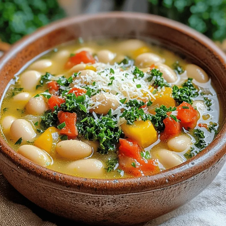 - White Beans: You can use cannellini or great northern beans. Both types are creamy and tender. They add protein and fiber to the soup. Make sure to drain and rinse them well before use. This keeps the soup light and fresh. - Fresh Produce: Fresh kale and vegetables are key for flavor. I like to use a medium onion, diced, to add sweetness. Three minced garlic cloves give a strong aroma. Chop two medium carrots and two celery stalks for a nice crunch. These elements bring life to the dish. You can also add diced tomatoes, either canned or fresh, for a tangy note. - Optional Garnishes: Freshly grated Parmesan cheese enhances the flavor. It adds a salty, rich taste that pairs well with the soup. If you enjoy a bit of color, sprinkle fresh parsley on top. This will make your bowl look inviting and bright. For the full recipe, refer to the section above. Start by heating olive oil in a large pot over medium heat. Add diced onion, chopped carrots, and celery. Sauté for 5 to 7 minutes. You want the veggies to soften but not brown. This step brings out the natural sweetness of the onions and carrots. Then, add minced garlic and cook for another minute. Stir often to avoid burning the garlic. This will add depth to your soup's flavor. Next, stir in diced tomatoes, dried thyme, dried rosemary, and red pepper flakes. Let it cook for 2 to 3 minutes. This helps the herbs release their oils and flavors. Now, pour in the vegetable broth and bring the mix to a boil. Once boiling, reduce the heat and let it simmer. Add the white beans and let the soup cook for 15 to 20 minutes. This allows all the flavors to blend well. Finally, add chopped kale and cook for another 5 minutes. The kale should wilt but remain bright. When the soup is done simmering, taste it. Adjust salt and pepper as needed. For a creamier soup, you can use an immersion blender. Blend just a portion of the soup for smoothness. This gives the soup a nice, rich texture without losing all the chunky bits. Stir well after blending. Serve hot, garnished with freshly grated Parmesan cheese and chopped parsley. This is where you can add your personal touch to the soup, making it truly yours. For the full recipe, check the earlier section. Adjusting Spice Levels: Customizing Red Pepper Flakes You can easily change the heat in your soup. Use red pepper flakes to make it spicier or milder. Start with one teaspoon and taste. Add more if you want more heat. This way, you control the spice to fit your taste. Tips for a Creamier Consistency: Using an Immersion Blender For a smooth and creamy soup, try an immersion blender. It’s easy to use right in the pot. Blend part of the soup for a nice texture. Just blend until you like the creaminess. This adds depth without losing the chunky goodness of the beans. Enhancing Flavor: Herbs and Seasonings to Experiment With Feel free to mix herbs and spices. Try adding fresh basil or parsley for a fresh kick. You can also add a bay leaf while cooking for extra flavor. Don’t be afraid to play with seasonings until you find your perfect blend. Each herb adds its own character to your soup. For the complete recipe, check out the Full Recipe above. {{image_2}} Using Different Beans: Other Options to Consider You can switch up the beans in this soup. Black beans or pinto beans work well. Their flavors add a nice twist. Try these if you want a different taste. Just keep the same amount as the white beans. Vegetable Substitutions: Seasonal Variations Feel free to change the veggies based on the season. In spring, fresh asparagus is a great choice. Summer brings zucchini, which adds a nice crunch. In fall, you can use sweet potatoes for a cozy feel. Just use what you have on hand. Protein Additions: Making it Heartier If you want a heartier soup, add protein. Shredded chicken or turkey can make it filling. You could also add cooked sausage for extra flavor. If you prefer a plant-based option, try adding quinoa or lentils. Both boost protein while keeping it tasty. For the full recipe, check out Tuscan White Bean Soup Delight. Best Practices for Refrigeration: How Long It Lasts After you enjoy your Tuscan white bean soup, let it cool first. Place the soup in a bowl and cover it. Refrigerate it within two hours of cooking. It will stay fresh for up to five days. Freezing the Soup: Steps for Thawing and Reheating To freeze the soup, portion it into airtight containers. Leave some space at the top for expansion. You can freeze it for up to three months. When ready to eat, take it out of the freezer and place it in the fridge overnight to thaw. Reheat it on the stove over low heat. Stir often to warm it evenly. Containers to Use: Airtight Options for Freshness Use glass or BPA-free plastic containers for storing soup. Make sure they are airtight. This helps keep your soup fresh and tasty. You can also use freezer bags, just remove as much air as you can before sealing. Enjoy your cozy meal, knowing you can save some for later! For the full recipe, check out the Tuscan White Bean Soup Delight. Can I use dried beans instead of canned? Yes, you can use dried beans. Soak them overnight, then cook until soft. This may take longer than using canned beans. You will need about one and a half cups of dried beans for this recipe. How can I make this soup gluten-free? This soup is naturally gluten-free. Just ensure that your vegetable broth does not contain gluten. Many brands offer gluten-free broth options. Always check labels for safety. Is Tuscan White Bean Soup suitable for meal prep? Absolutely! This soup stores well and tastes even better after a day. You can make a large batch and divide it into portions. Store in the fridge for up to five days or freeze it for later. Just reheat before serving and enjoy! For the complete recipe, check out the [Full Recipe]. This blog post covered the key ingredients for a delicious soup, including white beans and fresh veggies. We explored step-by-step cooking instructions and tips for perfecting flavor and texture. You can customize your soup with various ingredients and learn how to store leftovers. Remember, cooking is fun and open to your creativity! Feel free to experiment and make this soup your own. Enjoy your cooking journey, and make this recipe a go-to for cozy meals.