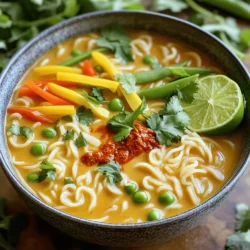 For a delicious bowl of Easy Thai Noodle Soup, gather these key ingredients: - 200g rice noodles - 4 cups vegetable broth - 1 can (400ml) coconut milk - 1 tablespoon red curry paste - 1 tablespoon soy sauce - 1 tablespoon lime juice - 1 cup carrots, julienned - 1 cup bell peppers, sliced (red and yellow for color) - 1 cup snap peas - 4 green onions, chopped - Fresh cilantro for garnish - Salt and pepper to taste These ingredients create a rich and creamy soup with a burst of flavor. You might have some of these items at home. Look for: - Soy sauce - Lime juice - Salt and pepper These staples add depth to your soup. They work well with many dishes, so they are great to keep on hand. When picking fresh ingredients, focus on quality. Here are some tips: - Carrots: Choose firm, smooth ones. Avoid soft or wrinkled carrots. - Bell Peppers: Look for bright colors and a shiny skin. They should feel heavy for their size. - Snap Peas: Pick pods that are crisp and bright green. Avoid any that look dull or have brown spots. - Green Onions: Select ones with firm white bases and fresh green tops. They should not be wilted. Using fresh ingredients makes your soup taste better. Always choose what looks best, and you’ll enhance your meal. For the full recipe, check out the cooking instructions mentioned earlier. Start by soaking the rice noodles in hot water. Follow the package instructions for the best results. I usually let them sit for about 10 minutes. Once soft, drain the noodles and set them aside. This gives them the perfect texture for the soup. Next, grab a large pot. Pour in the vegetable broth and heat it on medium heat. Add the coconut milk and stir until smooth. The rich coconut flavor adds depth to the soup. Then, mix in the red curry paste and soy sauce. These ingredients will give your broth a nice, bold taste. Now, it’s time for the veggies! Add the julienned carrots, sliced bell peppers, and snap peas to the pot. Let everything simmer for 5-7 minutes. You want the veggies to be tender but still crisp. This keeps the soup fresh and colorful. After that, squeeze in the lime juice. This adds a nice zing! Season with salt and pepper to taste. Finally, fold in the soaked noodles and heat everything for 2-3 minutes. This step combines all the flavors beautifully. Serve hot, garnished with chopped green onions and fresh cilantro. For the full recipe, check out the details above. Enjoy your Easy Thai Noodle Soup! To get the best noodles, soak them well. Use hot water to soften rice noodles. Follow the package instructions for timing. Undercooked noodles will be chewy. Overcooked noodles will turn mushy. Aim for the perfect bite. After soaking, drain them and set aside until you add them to the soup. Garnishes add freshness and zest to your soup. Use chopped green onions and cilantro for a bright touch. A squeeze of lime juice brings acidity, which balances the richness of coconut milk. If you like heat, add sliced chili peppers. These small additions boost flavor and make your bowl look beautiful. One common mistake is adding noodles too soon. This can lead to mushy noodles and a heavy soup. Always add them right before serving. Another mistake is skipping the lime juice. This ingredient brightens the overall flavor. Lastly, don’t skip the salt and pepper. They enhance all the other flavors in the dish. {{image_2}} You can add protein to your Easy Thai Noodle Soup for more flavor. Chicken, tofu, and shrimp are great options. If you choose chicken, use cooked, shredded meat. Just add it in during the last few minutes of cooking. For tofu, use firm tofu. Cut it into cubes and sauté it before adding it to the soup. Shrimp cooks quickly, so add it in the last 3-4 minutes. Each protein gives a different taste and texture. If you want a vegetarian or vegan soup, skip the meat. You can add more veggies instead. Some great options are mushrooms, zucchini, or bok choy. They will give your soup extra depth. You can also use vegetable broth and coconut milk, just like the recipe suggests. For protein, add more tofu or try chickpeas. Both will make your soup filling and tasty. Do you like spicy food? You can make your Easy Thai Noodle Soup hotter! Start with a small amount of red curry paste. Taste it before adding more. You can also mix in fresh chili peppers or chili flakes. If you want less heat, add more coconut milk to balance the spice. This way, you control how spicy your soup is, making it just right for you. Storing your leftover soup is easy. First, let the soup cool to room temperature. Then, pour it into an airtight container. Make sure to leave some space at the top. This space allows for expansion when freezing. Seal the container tightly and label it with the date. You can keep the soup in the fridge for up to three days. Reheating the soup right can keep it tasty. Pour the soup into a pot. Heat it over medium heat. Stir often to avoid burning. If it seems too thick, add a little water or broth. You can also use a microwave. Place the soup in a microwave-safe bowl. Heat it for 1-2 minutes, stirring halfway through. Always check the temperature before serving. Freezing is a great way to save soup for later. Use a freezer-safe container or freezer bags. If using bags, lay them flat in the freezer. This makes stacking easy and saves space. The soup can last up to three months in the freezer. When you're ready to eat, thaw it in the fridge overnight. Follow the reheating tips to enjoy your Easy Thai Noodle Soup again! For a complete guide, check the Full Recipe. To make this soup gluten-free, use gluten-free soy sauce. You can find it in stores. Also, ensure the rice noodles you choose are gluten-free. Most rice noodles are naturally gluten-free, but always check the label. This way, you can enjoy the same great flavor without gluten. Yes, you can switch out the vegetables! Feel free to add broccoli, zucchini, or baby corn. You can even use frozen mixed vegetables if you're short on time. Just remember to cook them until they're tender but still crisp. This flexibility makes the soup fun and unique every time. The soup stays fresh in the fridge for about 3 days. Store it in an airtight container to keep it tasty. When you reheat it, add a splash of broth or water. This keeps the soup from becoming too thick. Enjoy it again with all the original flavors! This blog post covered key ingredients, simple steps, and smart tips for Easy Thai Noodle Soup. You learned how to choose fresh ingredients and avoid common mistakes. We also explored fun variations and storage options for leftovers. Creating this dish can be fun and rewarding. With practice, this soup can become a family favorite. Enjoy making and sharing your version of this tasty meal!