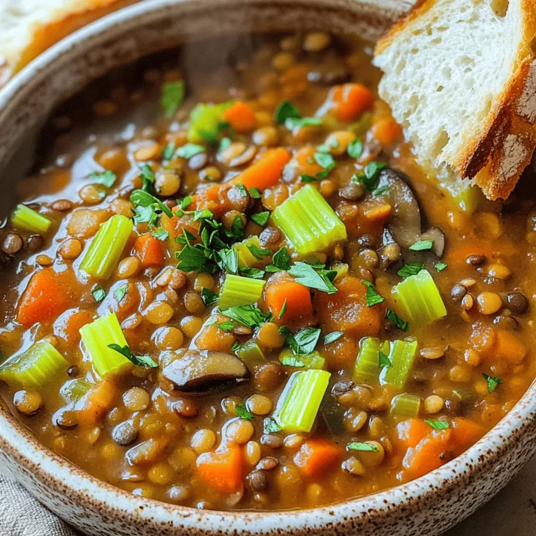 - 1 cup green or brown lentils - 2 tablespoons olive oil - 1 medium onion, chopped - 3 cloves garlic, minced - 2 medium carrots, diced - 2 stalks celery, diced - 1 cup mushrooms, sliced - 1 can (14 oz) diced tomatoes - 4 cups vegetable broth - 2 teaspoons dried thyme - 1 teaspoon smoked paprika - 1 bay leaf - Salt and pepper to taste - Fresh parsley for garnish Every ingredient plays a key role. Lentils form the base, adding protein and fiber. Olive oil gives a rich flavor. Onion and garlic create a savory aroma. Carrots and celery add sweetness and crunch. Mushrooms bring umami, making the stew hearty. Diced tomatoes give it a nice tang, while vegetable broth adds depth. Dried thyme and smoked paprika fill the stew with warmth. A bay leaf subtly enhances the taste. Seasoning with salt and pepper balances everything. Finally, fresh parsley brightens the dish and adds a pop of color. For the full recipe, check out the details above. Enjoy crafting this comforting dish! Preparing the vegetables Start by gathering all your veggies. Chop the onion into small pieces. Mince the garlic. Dice the carrots and celery into bite-sized pieces. Slice the mushrooms. Fresh vegetables make the stew taste great. Rinsing the lentils Next, take 1 cup of lentils. Rinse them in cold water. Use a fine mesh strainer to wash away any dirt or dust. This step is important. Clean lentils help the stew taste better. Sautéing the onion and garlic In a large pot, heat 2 tablespoons of olive oil over medium heat. Add the chopped onion. Sauté it for about 5 minutes until it softens. Then, add the minced garlic. Cook for another minute. The smell will be amazing! Adding other vegetables Now, toss in the diced carrots and celery. Stir them for about 5 to 7 minutes. You want them to start softening. After that, add the sliced mushrooms. Cook for 4 to 5 minutes until they become brown and juicy. Combining all ingredients and simmering Add the rinsed lentils, undrained diced tomatoes, and 4 cups of vegetable broth to the pot. Mix everything together well. Sprinkle in 2 teaspoons of dried thyme, 1 teaspoon of smoked paprika, and 1 bay leaf. Bring the stew to a boil over high heat. Once it boils, lower the heat to a gentle simmer. Cover the pot and let it cook for 30 to 35 minutes. Check if the lentils are tender. Don’t forget to remove the bay leaf before serving. Ladling into bowls Once cooked, grab a ladle. Scoop the delicious stew into bowls. Each bowl should be full of hearty goodness. Garnishing with parsley Finally, sprinkle some chopped fresh parsley on top. This adds color and a fresh taste. Serve your Hearty Vegan Lentil Mushroom Stew with crusty bread for dipping. Enjoy every bite! For the full recipe, refer to the earlier sections. Checking lentil doneness is key. After simmering for about 30 minutes, taste a few lentils. They should be tender but not mushy. If they need more time, keep simmering and check every few minutes. To adjust flavors with spices, you can be creative. If you want more heat, add a pinch of chili flakes. For a bolder taste, boost the smoked paprika or thyme. Always taste before serving. This helps you find the perfect balance. Serving styles can make your stew shine. Use rustic bowls for a cozy feel. Spoon the stew in and leave some space at the top. This looks inviting and allows for garnishes. Ideal accompaniments like crusty bread are a must. A slice of bread makes it easy to scoop up the stew. You might also try adding a side salad for some crunch. A sprinkle of fresh parsley on top not only looks great but also adds a pop of color. For the full recipe, check out the detailed steps in the main article. {{image_2}} You can switch up the lentils in this stew. Try red lentils for a softer texture. Black lentils give a nice bite. Each type adds its own charm. You can also add more veggies. Consider zucchini, bell peppers, or sweet potatoes. These choices boost nutrition and flavor. You can even toss in some leafy greens like spinach or kale. They cook down nicely and add vibrant color. To elevate the taste, think about herbs and spices. Fresh thyme or rosemary can brighten your stew. You can also add cumin for warmth. A dash of red pepper flakes adds a nice kick. For extra brightness, add a splash of vinegar or lemon juice. This simple trick balances out the stew's richness. It makes each bite pop with flavor. For the full recipe, check out the detailed steps to guide you through this delicious dish. You can store your Hearty Vegan Lentil Mushroom Stew in the fridge for up to five days. Use an airtight container to keep it fresh. Make sure it cools down before sealing. This helps lock in the flavors and prevents spoilage. When you're ready to eat, just reheat the stew on the stove or in the microwave. To freeze the stew, let it cool completely first. Pour it into freezer-safe bags or containers. Remove as much air as possible to avoid freezer burn. The stew will last for about three months in the freezer. When you're ready to enjoy it again, thaw it overnight in the fridge. For reheating, warm it gently on the stove to keep the taste intact. Add a splash of vegetable broth or water if it seems too thick. Can I make this stew in a slow cooker? Yes, you can. Just sauté the onion and garlic. Then add all the ingredients to your slow cooker. Cook on low for 6-8 hours. For a quicker option, cook on high for about 3-4 hours. What can I serve with Hearty Vegan Lentil Mushroom Stew? This stew pairs well with crusty bread or rice. You can also serve it with a fresh salad. The bread is great for dipping into the stew. How do I thicken the stew if it's too watery? If your stew is too watery, try mashing some lentils. You can also stir in a bit of cornstarch mixed with water. Let it simmer for a few more minutes until thickened. Are lentils gluten-free? Yes, lentils are naturally gluten-free. They are a great choice for those avoiding gluten. They provide protein and fiber while being very filling. Can I use fresh herbs instead of dried? Absolutely! Fresh herbs add bright flavors. Use about three times the amount of fresh herbs as dried. For example, if the recipe calls for one teaspoon of dried thyme, use three teaspoons of fresh thyme. Can I use vegetable broth from a store-bought mix? Yes, store-bought vegetable broth works well. Just check that it is low in sodium if you want to control salt levels. Homemade broth is also a great option if you have it. What other vegetables pair well with lentils and mushrooms? You can add sweet potatoes, zucchini, or spinach. These vegetables add flavor and texture. They also boost nutrition and make the dish even heartier. You now have all the steps to make a hearty vegan lentil mushroom stew. You learned what ingredients to use, how to prepare them, and tips for perfecting your dish. Remember, you can make this stew your own by experimenting with different vegetables and spices. It’s not just a meal; it’s a warm hug in a bowl. Enjoy the rich flavors and healthy goodness as you share it with friends or family. Cooking should always be fun and rewarding. Happy stewing!