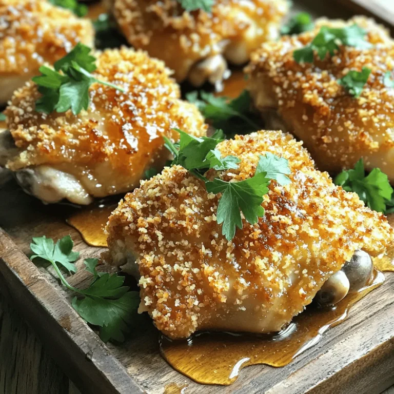 You will need 1.5 lbs of boneless, skinless chicken thighs. This cut is juicy and cooks well. It holds the flavors nicely, making it perfect for this dish. The coating is where the magic happens. For this, gather these dry ingredients: - 1 cup all-purpose flour - 1 cup panko breadcrumbs - 2 tablespoons cornstarch - 1 teaspoon garlic powder - 1 teaspoon onion powder - 1 teaspoon smoked paprika - 1 teaspoon salt - 1/2 teaspoon black pepper Mix these ingredients in a bowl. The cornstarch helps make the chicken crispy. Hot honey adds a sweet and spicy kick. You will need: - 1/4 cup hot honey (store-bought or homemade) - 2 tablespoons olive oil This mixture gives the chicken a delicious glaze. Drizzle it on before baking for a perfect finish. For the full recipe, check the detailed instructions above to create this flavorful delight! First, preheat your oven to 400°F (200°C). This hot air cooks the chicken well. Line a baking sheet with parchment paper. You can also grease it lightly with cooking spray. In a large mixing bowl, mix together flour, cornstarch, garlic powder, onion powder, smoked paprika, salt, and black pepper. This blend gives the chicken flavor and crunch. Set this bowl aside for the next steps. Now, set up your breading station. In one bowl, beat two large eggs until smooth. In another bowl, put the panko breadcrumbs. This helps give the chicken its crunchy texture. Take a chicken thigh and dip it into the flour mixture first. Shake off any extra flour. Next, dip it into the beaten eggs. Finally, roll it in the panko breadcrumbs until it’s fully coated. Place the coated chicken on the prepared baking sheet. Repeat this for all the chicken thighs. Drizzle hot honey and olive oil over the coated chicken. This step adds flavor and helps in crisping the chicken. Bake it in the preheated oven for 25-30 minutes. You want the chicken to turn golden brown and reach an internal temperature of 165°F (74°C). Once done, remove it from the oven, let it rest for a couple of minutes, and drizzle a little more hot honey on top. Now you're ready to serve! For the full recipe, check the details above. To get that perfect crunch, use panko breadcrumbs. They stay crispier than regular breadcrumbs. Mix in cornstarch with your flour for extra crunch. This helps create a light, airy coating. Make sure to shake off excess flour. This step prevents your chicken from becoming heavy. For more flavor, try adding herbs to your coating. Dried oregano or thyme gives great taste. You can also spice things up with cayenne pepper. Just a pinch adds a nice kick. If you like sweet heat, drizzle extra hot honey on top before serving. This enhances the dish’s sweet and spicy balance. Serve your baked crunchy hot honey chicken with fresh coleslaw or crispy fries. Both pair well with the sweet and spicy chicken. You can also enjoy it on a bun for a tasty sandwich. For garnish, sprinkle chopped parsley on top for color. Don’t forget to add a small bowl of dipping sauce. This will make your meal even more fun! For the full recipe, check out the complete instructions above. {{image_2}} You can make Baked Crunchy Hot Honey Chicken with other meats too. Try using chicken breasts for a leaner option. They will cook faster, so check them early. Turkey thighs work well if you want a richer taste. They will give you a nice, juicy result. For a twist, use pork chops. They can get crispy and soak up the hot honey flavor great. If you need a gluten-free option, you can swap the all-purpose flour. Use a gluten-free flour blend instead. It offers a similar texture without gluten. For the breadcrumbs, use gluten-free panko or crushed cornflakes. This keeps the crunch while being safe for gluten-free diets. Always check labels to ensure they are truly gluten-free. Want more heat? You can boost the spice in this dish. Add cayenne pepper to the flour mix for some kick. A teaspoon will do, but feel free to add more if you like it hot. You can also mix some hot sauce with the hot honey to amplify the flavor. Simply drizzle it over the chicken before baking for a fiery finish. For the full recipe, check out the Baked Crunchy Hot Honey Chicken recipe above. After enjoying your baked crunchy hot honey chicken, store any leftovers in an airtight container. Make sure to let the chicken cool down before sealing it. This helps keep the chicken crispy and fresh. You can keep it in the fridge for up to three days. If you want to enjoy it later, consider freezing it. To reheat the chicken, preheat your oven to 375°F (190°C). Place the chicken on a baking sheet and cover it loosely with foil. This keeps it moist while it heats. Bake for about 15-20 minutes, or until it's hot all the way through. If you want it crispy again, remove the foil for the last 5 minutes. If you want to freeze the chicken, let it cool completely first. Wrap each piece in plastic wrap. Then, place the wrapped chicken in a freezer bag. This keeps the chicken from getting freezer burn. You can freeze it for up to three months. To enjoy later, thaw it in the fridge overnight before reheating. For the best taste, eat it within a month. For the full recipe, don’t forget to check out the detailed instructions! It takes about 25 to 30 minutes to cook chicken thighs in the oven. You want them golden brown and fully cooked. Check that the internal temperature is 165°F (74°C) to ensure they are safe to eat. This timing works well for boneless, skinless thighs, like in the Baked Crunchy Hot Honey Chicken recipe. Yes, you can use skin-on chicken for this recipe. Skin-on chicken will give you a richer flavor and added crunch. Just remember, the cooking time may be slightly longer, as the skin takes longer to crisp up. Make sure to keep an eye on the temperature to ensure it’s fully cooked. Hot honey is regular honey infused with spicy ingredients, often chili peppers. This blend adds a sweet and spicy kick to dishes. Regular honey is just sweet, with no heat. Hot honey works great in this recipe, adding depth to the crunchy chicken. Making homemade hot honey is simple. Just combine honey with your choice of hot peppers. You can use crushed red pepper flakes, for example. Heat the honey gently on the stove and let it steep for about 20 minutes. Strain out the pepper pieces, and you have delicious homemade hot honey! Enjoy using it in many recipes. This post shared all you need for a tasty chicken dish. We covered key ingredients like chicken, the coating mixture, and the hot honey sauce. You learned step-by-step how to bake it perfectly and pick up tips for great crunchiness. Don’t forget the variations and how to store leftovers. Experiment with meats or spice levels to suit your taste. Cooking is fun, so try new ideas. Your meal will impress everyone at the table. Enjoy your delicious creation!