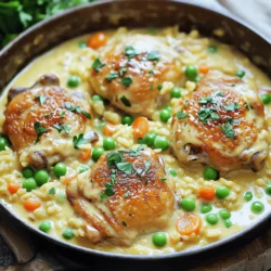 To make creamy smothered chicken and rice, gather these key ingredients: - 4 boneless, skinless chicken thighs - 1 cup long-grain white rice - 2 cups chicken broth - 1 cup heavy cream - 1 medium onion, finely chopped - 3 cloves garlic, minced - 1 cup frozen peas and carrots mix - 1 teaspoon paprika - 1 teaspoon dried thyme - 1 tablespoon olive oil - Salt and black pepper to taste - Fresh parsley for garnish For this recipe, you will need: - A large skillet - A cutting board - A sharp knife - Measuring cups and spoons - A spoon for stirring - A lid for the skillet If you need to make swaps, here are some easy options: - Use chicken breasts instead of thighs for a leaner choice. - Swap heavy cream with half-and-half or coconut milk for a lighter dish. - If you don’t have peas and carrots, use any mixed veggies you like. - For a gluten-free option, check that your broth is certified gluten-free. These ingredients and tools will help you create a rich, creamy dish that warms the heart. For the full recipe and detailed steps, check out the Full Recipe link. First, gather your chicken thighs. Season them with salt, black pepper, and paprika. This adds great flavor. Let the chicken sit for about 15 minutes. This short wait helps the spices soak in. While the chicken rests, you can chop the onion and garlic. These will add depth to your dish. Grab a large skillet and heat some olive oil over medium heat. Once hot, add the chopped onion. Cook it until it turns translucent, about 3-4 minutes. Next, add the minced garlic and stir for a minute. This releases a lovely aroma. Now, add the seasoned chicken thighs to the skillet. Brown them for about 4-5 minutes on each side. They don't need to cook all the way through yet. Just get a nice golden color. After browning, take the chicken out and set it aside. In the same skillet, add the rice. Stir it well to coat it in the oil and juices. Toast the rice for about 2 minutes. This step adds a nutty flavor. Now, pour in the chicken broth and heavy cream. Mix everything well and bring it to a boil. Once boiling, reduce the heat to a simmer. Add the browned chicken back to the skillet. Toss in the frozen peas and carrots. Stir to combine all the ingredients. Cover the skillet with a lid and let it simmer for about 20-25 minutes. Check it occasionally to make sure nothing sticks to the bottom. When the rice is tender, sprinkle dried thyme over the dish. Fluff the rice gently with a fork. Adjust the seasoning if needed. Now, you are ready to serve your creamy smothered chicken and rice! For the full recipe, check out the instructions above. To get juicy chicken thighs, start with seasoning. Use salt, black pepper, and paprika. Let them marinate for about 15 minutes. This step adds great flavor. Heat your skillet with olive oil over medium heat. Brown the chicken for 4-5 minutes on each side. Don't worry about cooking it through; we will finish cooking it later. The secret to a creamy dish lies in the heavy cream and chicken broth. When you add the rice, make sure to coat it well in the skillet. Toasting it for a few minutes helps build flavor. When you mix in the liquids, bring it to a boil first. Then, reduce the heat to a simmer. Covering the skillet helps trap steam, which thickens the sauce. Creamy Smothered Chicken and Rice pairs well with simple sides. Try a fresh green salad for crunch. You can also serve it with steamed veggies for color and nutrients. For a heartier meal, add some crusty bread to soak up the sauce. Enjoy your meal with a glass of white wine for a nice touch! {{image_2}} You can use many proteins in Creamy Smothered Chicken and Rice. If you want a twist, try boneless turkey thighs. They add a nice flavor. For a seafood version, shrimp works well, too. Just cook it until it turns pink. You can also swap chicken for tofu. It absorbs flavors well and provides a great texture. To make this dish vegan, replace chicken with hearty vegetables like mushrooms or cauliflower. Use vegetable broth instead of chicken broth. For creaminess, swap heavy cream with coconut milk or cashew cream. You can also add chickpeas for protein. They blend well with the spices and cook quickly. This way, even plant-based eaters can enjoy a creamy bowl. To make your dish pop, add flavor boosters. Use fresh herbs like basil or rosemary in place of dried thyme. A splash of lemon juice brightens the dish. For heat, add crushed red pepper flakes or cayenne pepper. If you love garlic, throw in extra minced cloves. You can also mix in a splash of soy sauce for depth. Experiment with these options to make it your own. For the full recipe, check out the detailed instructions above. To keep your creamy smothered chicken and rice fresh, let it cool first. Then, place it in an airtight container. This helps keep the flavors intact. Store it in the fridge for up to three days. Make sure to label the container with the date. When you’re ready to enjoy leftovers, use the stove or microwave. If using the stove, heat it in a pan over low heat. Stir it often to warm it evenly. If using a microwave, place it in a microwave-safe bowl. Cover it with a damp paper towel to keep moisture in. Heat in short bursts, stirring in between, until hot. You can freeze creamy smothered chicken and rice for easy meals later. First, let it cool completely. Then, transfer it to a freezer-safe container. It’s best to use it within three months. When you’re ready to eat, thaw it in the fridge overnight. Reheat as mentioned above for the best taste. Yes, you can make Creamy Smothered Chicken and Rice ahead. Simply prepare the dish as directed. After cooking, let it cool completely. Store it in an airtight container in the fridge. It stays fresh for up to three days. Reheat it on the stove or in the microwave. Add a bit of broth or cream to keep it creamy. This makes it easy for busy days. Creamy Smothered Chicken and Rice is tasty on its own. However, you can pair it with some sides for balance. Here are a few ideas: - Steamed broccoli - Garlic bread - Mixed green salad - Roasted vegetables These sides add color and nutrition. They also complement the creamy dish well. To serve more people, simply increase the ingredients. Double or triple the chicken, rice, and other items. Keep the same cooking times, but check for doneness. You may need a larger skillet or pot. Ensure there's enough space for everything to cook evenly. This way, everyone can enjoy this creamy, comforting meal together. For the full recipe, check the earlier sections. This blog post explored creating Creamy Smothered Chicken and Rice with ease. We covered key ingredients, essential tools, and helpful substitutions. I shared step-by-step instructions to make your dish perfect and tips for cooking techniques. You learned about protein variations and storing leftovers properly. Now, you have all you need to whip up a tasty meal. Enjoy the process and the great flavors this dish brings to your table!