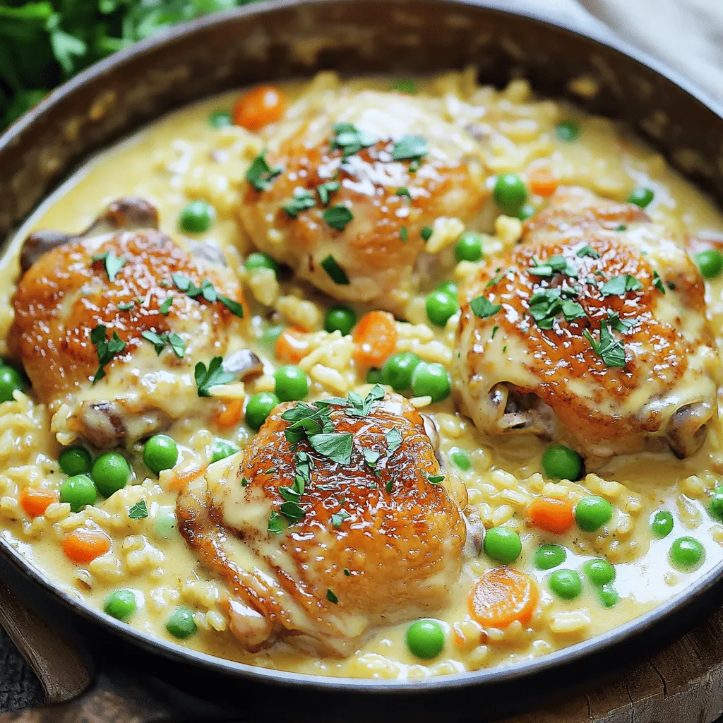 To make creamy smothered chicken and rice, gather these key ingredients: - 4 boneless, skinless chicken thighs - 1 cup long-grain white rice - 2 cups chicken broth - 1 cup heavy cream - 1 medium onion, finely chopped - 3 cloves garlic, minced - 1 cup frozen peas and carrots mix - 1 teaspoon paprika - 1 teaspoon dried thyme - 1 tablespoon olive oil - Salt and black pepper to taste - Fresh parsley for garnish For this recipe, you will need: - A large skillet - A cutting board - A sharp knife - Measuring cups and spoons - A spoon for stirring - A lid for the skillet If you need to make swaps, here are some easy options: - Use chicken breasts instead of thighs for a leaner choice. - Swap heavy cream with half-and-half or coconut milk for a lighter dish. - If you don’t have peas and carrots, use any mixed veggies you like. - For a gluten-free option, check that your broth is certified gluten-free. These ingredients and tools will help you create a rich, creamy dish that warms the heart. For the full recipe and detailed steps, check out the Full Recipe link. First, gather your chicken thighs. Season them with salt, black pepper, and paprika. This adds great flavor. Let the chicken sit for about 15 minutes. This short wait helps the spices soak in. While the chicken rests, you can chop the onion and garlic. These will add depth to your dish. Grab a large skillet and heat some olive oil over medium heat. Once hot, add the chopped onion. Cook it until it turns translucent, about 3-4 minutes. Next, add the minced garlic and stir for a minute. This releases a lovely aroma. Now, add the seasoned chicken thighs to the skillet. Brown them for about 4-5 minutes on each side. They don't need to cook all the way through yet. Just get a nice golden color. After browning, take the chicken out and set it aside. In the same skillet, add the rice. Stir it well to coat it in the oil and juices. Toast the rice for about 2 minutes. This step adds a nutty flavor. Now, pour in the chicken broth and heavy cream. Mix everything well and bring it to a boil. Once boiling, reduce the heat to a simmer. Add the browned chicken back to the skillet. Toss in the frozen peas and carrots. Stir to combine all the ingredients. Cover the skillet with a lid and let it simmer for about 20-25 minutes. Check it occasionally to make sure nothing sticks to the bottom. When the rice is tender, sprinkle dried thyme over the dish. Fluff the rice gently with a fork. Adjust the seasoning if needed. Now, you are ready to serve your creamy smothered chicken and rice! For the full recipe, check out the instructions above. To get juicy chicken thighs, start with seasoning. Use salt, black pepper, and paprika. Let them marinate for about 15 minutes. This step adds great flavor. Heat your skillet with olive oil over medium heat. Brown the chicken for 4-5 minutes on each side. Don't worry about cooking it through; we will finish cooking it later. The secret to a creamy dish lies in the heavy cream and chicken broth. When you add the rice, make sure to coat it well in the skillet. Toasting it for a few minutes helps build flavor. When you mix in the liquids, bring it to a boil first. Then, reduce the heat to a simmer. Covering the skillet helps trap steam, which thickens the sauce. Creamy Smothered Chicken and Rice pairs well with simple sides. Try a fresh green salad for crunch. You can also serve it with steamed veggies for color and nutrients. For a heartier meal, add some crusty bread to soak up the sauce. Enjoy your meal with a glass of white wine for a nice touch! {{image_2}} You can use many proteins in Creamy Smothered Chicken and Rice. If you want a twist, try boneless turkey thighs. They add a nice flavor. For a seafood version, shrimp works well, too. Just cook it until it turns pink. You can also swap chicken for tofu. It absorbs flavors well and provides a great texture. To make this dish vegan, replace chicken with hearty vegetables like mushrooms or cauliflower. Use vegetable broth instead of chicken broth. For creaminess, swap heavy cream with coconut milk or cashew cream. You can also add chickpeas for protein. They blend well with the spices and cook quickly. This way, even plant-based eaters can enjoy a creamy bowl. To make your dish pop, add flavor boosters. Use fresh herbs like basil or rosemary in place of dried thyme. A splash of lemon juice brightens the dish. For heat, add crushed red pepper flakes or cayenne pepper. If you love garlic, throw in extra minced cloves. You can also mix in a splash of soy sauce for depth. Experiment with these options to make it your own. For the full recipe, check out the detailed instructions above. To keep your creamy smothered chicken and rice fresh, let it cool first. Then, place it in an airtight container. This helps keep the flavors intact. Store it in the fridge for up to three days. Make sure to label the container with the date. When you’re ready to enjoy leftovers, use the stove or microwave. If using the stove, heat it in a pan over low heat. Stir it often to warm it evenly. If using a microwave, place it in a microwave-safe bowl. Cover it with a damp paper towel to keep moisture in. Heat in short bursts, stirring in between, until hot. You can freeze creamy smothered chicken and rice for easy meals later. First, let it cool completely. Then, transfer it to a freezer-safe container. It’s best to use it within three months. When you’re ready to eat, thaw it in the fridge overnight. Reheat as mentioned above for the best taste. Yes, you can make Creamy Smothered Chicken and Rice ahead. Simply prepare the dish as directed. After cooking, let it cool completely. Store it in an airtight container in the fridge. It stays fresh for up to three days. Reheat it on the stove or in the microwave. Add a bit of broth or cream to keep it creamy. This makes it easy for busy days. Creamy Smothered Chicken and Rice is tasty on its own. However, you can pair it with some sides for balance. Here are a few ideas: - Steamed broccoli - Garlic bread - Mixed green salad - Roasted vegetables These sides add color and nutrition. They also complement the creamy dish well. To serve more people, simply increase the ingredients. Double or triple the chicken, rice, and other items. Keep the same cooking times, but check for doneness. You may need a larger skillet or pot. Ensure there's enough space for everything to cook evenly. This way, everyone can enjoy this creamy, comforting meal together. For the full recipe, check the earlier sections. This blog post explored creating Creamy Smothered Chicken and Rice with ease. We covered key ingredients, essential tools, and helpful substitutions. I shared step-by-step instructions to make your dish perfect and tips for cooking techniques. You learned about protein variations and storing leftovers properly. Now, you have all you need to whip up a tasty meal. Enjoy the process and the great flavors this dish brings to your table!