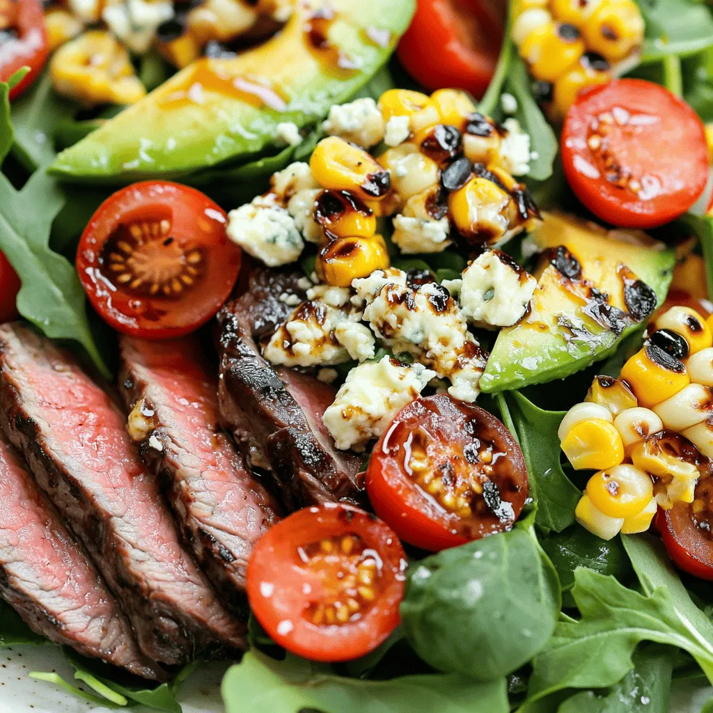 - 1 lb flank steak - 3 tablespoons balsamic vinegar - 2 tablespoons olive oil - Salt and pepper to taste - 2 cups mixed greens (arugula, spinach, and romaine) - 1 cup cherry tomatoes, halved - 1 cup corn kernels (fresh or frozen)