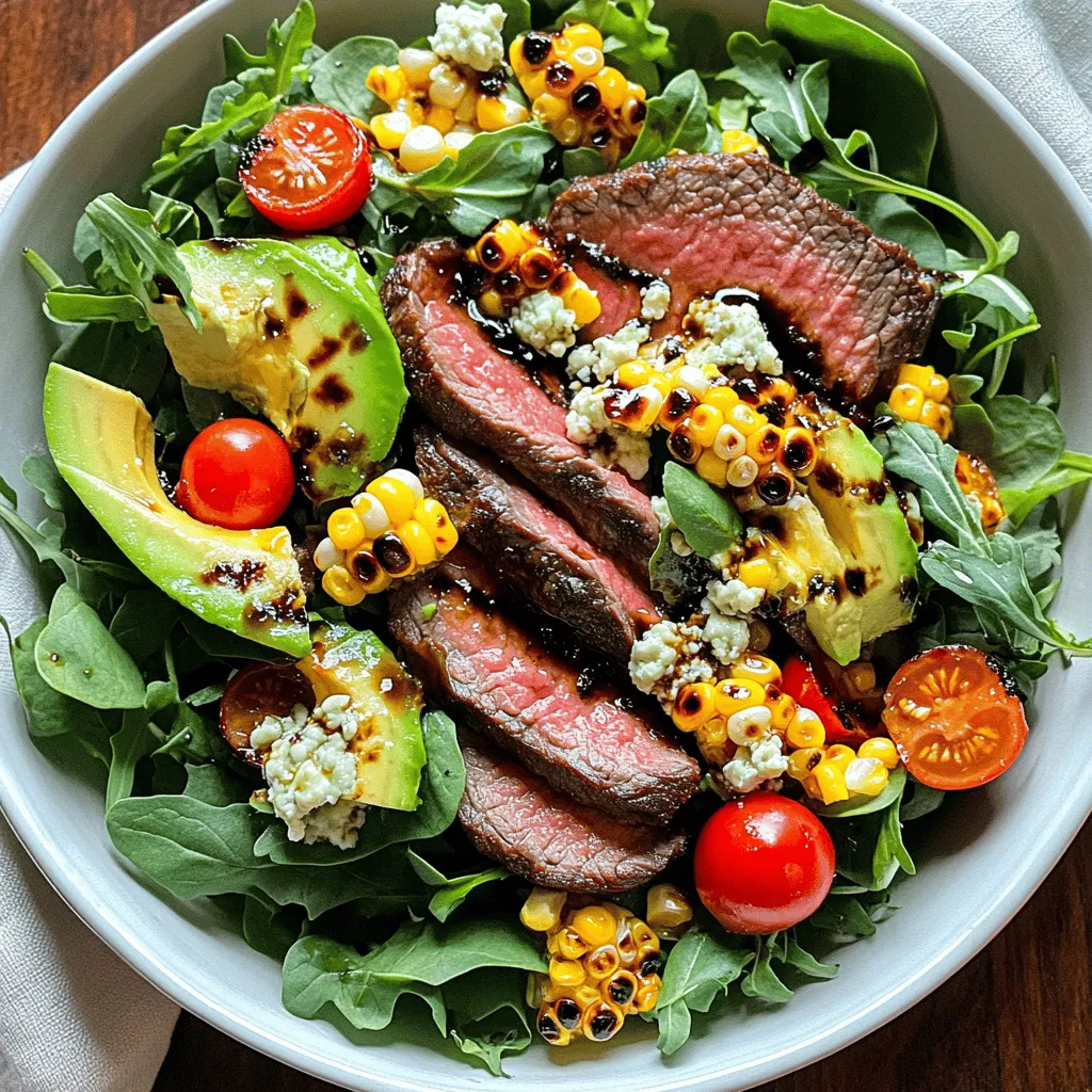 - 1 lb flank steak - 3 tablespoons balsamic vinegar - 2 tablespoons olive oil - Salt and pepper to taste - 2 cups mixed greens (arugula, spinach, and romaine) - 1 cup cherry tomatoes, halved - 1 cup corn kernels (fresh or frozen)