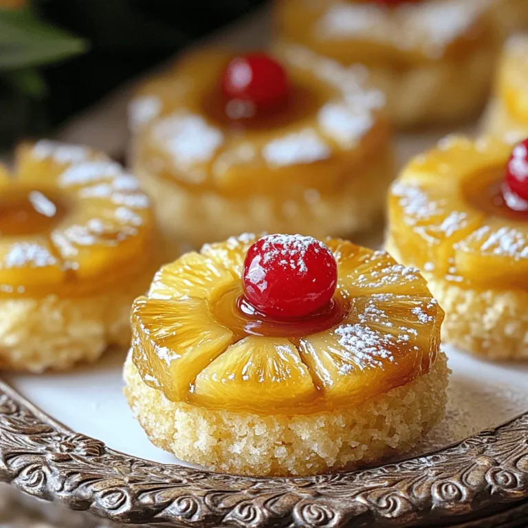 Here’s what you need to make mini pineapple upside down cakes. Gather these ingredients: - 1 cup all-purpose flour - 1 teaspoon baking powder - 1/2 teaspoon baking soda - 1/4 teaspoon salt - 1/2 cup unsalted butter, softened - 1 cup brown sugar, packed - 1 large egg - 1/2 teaspoon vanilla extract - 1/2 cup buttermilk - 1 can (8 oz) pineapple slices in juice, drained and juice reserved - Maraschino cherries, for garnish - Cooking spray or additional butter for greasing These ingredients will give you a sweet, moist cake with a delightful topping. The combination of butter and brown sugar creates a rich base. The pineapple brings a fruity twist, while cherries add a pop of color. Each bite will take you to dessert heaven! - Preheat oven to 350°F (175°C). - Grease a 12-cup muffin tin with cooking spray or butter. - In a small bowl, mix the dry ingredients: flour, baking powder, baking soda, and salt. - In a large bowl, cream the softened butter and brown sugar together until light and fluffy. This takes about 3 to 4 minutes. - Add the egg and vanilla extract to the butter mix, blending well. - Gradually add the dry mix to the butter mix, alternating with buttermilk. Start and end with the flour mix. Be careful not to overmix. - Spoon about a tablespoon of reserved pineapple juice into each muffin cup. - Place one slice of pineapple in each cup, adding a cherry in the center of each slice. - Evenly fill the muffin cups with the cake batter, about three-quarters full. - Bake in the preheated oven for 18 to 20 minutes. Check if done with a toothpick; it should come out clean. - Cool the cakes in the pan for 5 minutes, then invert them onto a wire rack. Allow them to cool slightly before serving. For the full recipe, check above. Enjoy these mini treats! To get the best mini cakes, avoid overmixing the batter. Mix just until you see no dry flour. This helps keep them light and fluffy. After baking, let cakes cool for five minutes in the tin. Then, carefully invert them onto a wire rack. This step helps keep their shape and avoids breaking. Using fresh pineapple makes a big difference in taste. It adds a bright, juicy flavor. You can also try flavored extracts. Almond or coconut extract can give your cakes a unique twist. Just add a few drops to the batter for a fun change! Serve your mini cakes warm, topped with a dollop of whipped cream. It adds a creamy touch and makes them look inviting. You can also use small slices of fresh pineapple for extra flair. Arrange them on a decorative platter to impress your guests. A beautiful display makes the cakes even more special! {{image_2}} You can switch up the fruit in your mini cakes. Instead of pineapple, use peaches or cherries. These fruits add a new taste and look. You can also try different canned fruits. Look for fruits like pears or apricots. They all work well in this recipe. If you need gluten-free options, use gluten-free flour. Many brands offer good choices that work great in baking. You can also make these mini cakes vegan. Use plant-based butter and replace the egg with applesauce or a flax egg. These swaps keep the cakes moist and yummy. For a fun twist, add coconut flakes to the batter. This gives a tropical taste that pairs well with pineapple. You can also incorporate spices like cinnamon or nutmeg. Just a pinch can add warmth and depth to your mini cakes. These small changes can make a big difference in flavor. For the full recipe, check out the section above. You can store your mini pineapple upside down cakes in an airtight container at room temperature. This keeps them fresh for a short time. Make sure the container is sealed well to avoid any dry air getting in. For long-term storage, freeze individual cakes. Wrap each cake tightly in plastic wrap to prevent freezer burn. This method helps preserve their taste and texture. When you're ready to enjoy one, simply thaw it in the fridge overnight. If you need it faster, you can leave it out at room temperature for a few hours. These little delights are best consumed within 2-3 days for optimal freshness. After that, you may notice a change in texture and flavor. Enjoy them while they are still soft and tasty! For a great treat, try the Full Recipe for a perfect baking experience. To check if the mini cakes are done, use a toothpick. Insert it into the center of one cake. If it comes out clean, the cakes are ready. You can also look for golden brown edges. If they are golden and pull away from the sides, they are done baking. Yes, you can make these mini cakes ahead of time. To do this, bake them as usual and let them cool. Once cooled, place them in an airtight container. They stay fresh for a couple of days at room temperature. If you want to keep them longer, freeze them. Wrap each cake in plastic wrap before placing them in a freezer bag. Thaw them in the fridge when you're ready to serve. Sure! You can swap ingredients based on your needs. If you're gluten-free, use a gluten-free flour blend. For a dairy-free option, try almond milk instead of buttermilk. You can also use coconut oil in place of butter for a vegan version. Just ensure that the substitutions maintain a similar texture in the batter. This blog post gave you a clear path to making delicious mini cakes. We covered the ingredients, step-by-step instructions, and tips for perfecting your bake. Remember, you can use different fruits or make dietary adjustments as needed. Storing your cakes is easy, ensuring they stay fresh. Enjoy experimenting with flavors and toppings to make each batch unique. Happy baking!