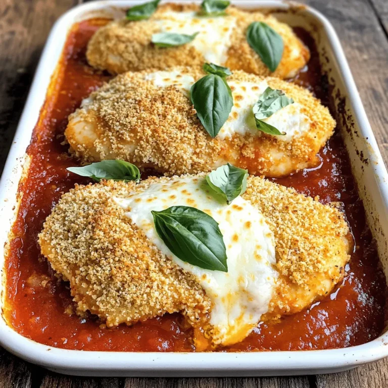 To make Oven-Baked Chicken Parmesan, you will need: - 4 boneless, skinless chicken breasts - 1 cup breadcrumbs (preferably panko for extra crunch) - 1/2 cup grated Parmesan cheese - 2 teaspoons Italian seasoning - 1 teaspoon garlic powder - 1 teaspoon salt - 1/2 teaspoon black pepper - 2 large eggs - 1 cup marinara sauce - 1 cup shredded mozzarella cheese - Fresh basil leaves for garnish (optional) You can add some extras to enhance the flavor: - Red pepper flakes for heat - Fresh herbs like oregano or thyme - Sliced olives for a briny touch - Spinach for added nutrition Each serving provides a good balance of nutrients: - Calories: 450 - Protein: 38g - Fat: 22g - Carbohydrates: 28g - Fiber: 2g - Sugar: 4g This dish combines protein and carbs, making it a filling meal. You can adjust the recipe to fit your dietary needs. For the full recipe, check the complete instructions above. To start, gather all your ingredients. You need chicken breasts, breadcrumbs, and eggs. This will make the process smooth. Preheat your oven to 400°F (200°C). This step helps cook the chicken evenly. Line a baking sheet with parchment paper. This keeps the chicken from sticking. Now, let's prepare the coating. In a shallow bowl, mix the breadcrumbs, Parmesan cheese, Italian seasoning, garlic powder, salt, and black pepper. Stir until everything is well combined. In another bowl, beat the two eggs until they are mixed well. Take a chicken breast and dip it in the beaten eggs. Make sure to let the excess egg drip off. Next, coat the chicken in the breadcrumb mixture. Press gently to ensure a good coating. Repeat this for all chicken breasts. Once done, place them on the prepared baking sheet. Now it's time to bake! Put the baking sheet in the oven and set a timer for 20 minutes. After 20 minutes, check the chicken. The outside should be golden and crispy. Remove the baking sheet from the oven. Spoon marinara sauce over each chicken breast. Make sure to cover them evenly. Next, sprinkle shredded mozzarella cheese on top of the sauce. This will melt and create a delicious layer. Return the baking sheet to the oven. Bake for an additional 10-15 minutes. You’ll know it’s ready when the cheese is melted and bubbly. Also, check that the chicken reaches an internal temperature of 165°F (75°C). After baking, take the chicken out of the oven. Let it rest for about 5 minutes. This helps the juices stay inside the chicken. If you like, add fresh basil leaves on top for a nice touch. Serve your Oven-Baked Chicken Parmesan with pasta or a side salad. It looks great and tastes even better! For the complete details on this recipe, check out the Full Recipe. To get your chicken extra crispy, use panko breadcrumbs. They are lighter and crunchier than regular breadcrumbs. Make sure to coat each chicken breast evenly. Press the breadcrumbs onto the chicken firmly. This helps them stick better during baking. Another tip is to spray the chicken lightly with cooking oil. This adds even more crispiness as it bakes. One mistake is not preheating your oven. If the oven isn’t hot enough, the chicken won’t crisp up. Another common error is skipping the egg wash. The egg helps the breadcrumbs stick, so don’t skip it. Also, avoid overcrowding the baking sheet. Give each piece space to cook evenly. Lastly, don’t skip resting the chicken. Letting it sit for a few minutes makes it juicier. Cook the chicken at 400°F (200°C) for the best results. Bake it for about 20 minutes before adding sauce and cheese. Check the chicken’s internal temperature. It should reach 165°F (75°C) to be safe to eat. If your cheese isn’t bubbling after 10-15 minutes, it may need a bit more time. Remember, every oven is different, so keep an eye on your chicken. For more details, refer to the Full Recipe. {{image_2}} You can make your Oven-Baked Chicken Parmesan healthier. Swap out breadcrumbs for crushed nuts or ground oats. Both options add crunch and fiber. For fewer calories, use less cheese or choose low-fat cheese. You can even use whole-grain breadcrumbs. These small changes keep flavor while cutting fat. While mozzarella cheese is classic, you can try other cheeses. Fontina melts well and adds a rich taste. Provolone offers a nice sharpness. You could also mix cheeses for a unique flavor. Just remember, the more cheese you add, the richer the dish will be. Add herbs and spices to boost flavor. Try fresh basil, oregano, or thyme for a fresh taste. You can sprinkle red pepper flakes for some heat. Garlic or onion powder adds depth to the dish too. Experiment with what you love to make it your own. Use these tips to create a version you’ll enjoy even more. For more ideas, check out the Full Recipe. After cooking, let the chicken cool down. Place it in an airtight container. Store it in the fridge for up to three days. If you want to keep it longer, consider freezing it instead. To reheat, preheat your oven to 350°F (175°C). Place the chicken on a baking sheet. Cover it with foil to keep it moist. Bake for about 15-20 minutes or until heated through. You can also use a microwave, but the oven keeps it crispy. You can freeze baked chicken Parmesan. Wrap each piece in plastic wrap. Then place them in a freezer-safe bag. It will last for up to three months. To cook, thaw it in the fridge overnight. Then, reheat it in the oven for the best results. For the full recipe, check out the earlier section. Yes, you can use frozen chicken breasts. Just remember to thaw them first. You can thaw them in the fridge overnight or use the microwave. Once thawed, follow the recipe as usual. It’s best to ensure they are fully thawed for even cooking. The chicken is fully cooked when it reaches 165°F (75°C) inside. Use a meat thermometer to check the temperature. If you don’t have one, cut into the thickest part. The meat should be white, and the juices should run clear. Avoid any pink color to ensure it’s safe to eat. Many sides go great with chicken parmesan. Here are some ideas: - Spaghetti with marinara sauce - Garlic bread - Steamed broccoli - Caesar salad - Roasted vegetables These sides add flavor and balance to your meal. Enjoy your cooking adventure and make it a family feast! For the complete recipe, check out the Full Recipe link. This blog post covered the key ingredients for Oven-Baked Chicken Parmesan. We explored preparation, baking steps, and serving ideas. I shared tips for keeping your chicken crispy and avoiding common mistakes. Variations included healthier choices and flavor options. We also talked about storage, reheating, and freezing techniques. For the best results, focus on quality ingredients and proper timing. Enjoy making this dish and impressing your guests!