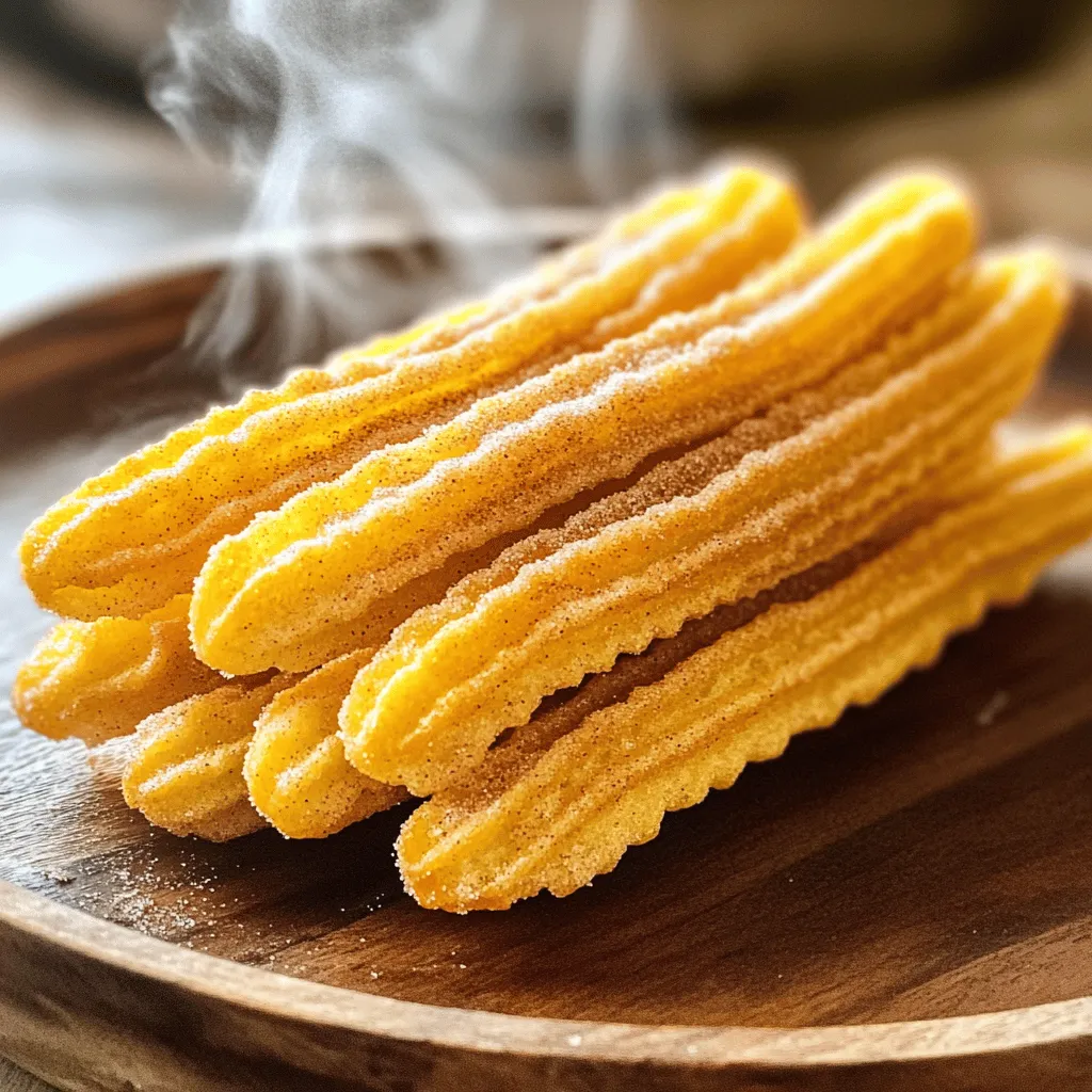 To make these tasty churros, you need the following ingredients: - 1 cup water - 2 tablespoons granulated sugar - 1/2 teaspoon salt - 1/4 cup unsalted butter - 1 cup all-purpose flour - 2 large eggs - 2 teaspoons vanilla extract - Oil for frying (vegetable or canola) - 1/2 cup granulated sugar (for coating) - 1 tablespoon ground cinnamon These ingredients create a perfect blend for churros. The dough is soft yet holds shape. The cinnamon sugar adds sweetness and warmth. You can easily swap some ingredients if needed. For a dairy-free option, use vegan butter instead of unsalted butter. If you want a gluten-free churro, try a gluten-free flour blend. You can also add different flavors to the batter. Try adding orange zest for a fresh twist or a bit of cocoa powder to make chocolate churros. You will need a few key tools to make churros: - Medium saucepan - Wooden spoon - Piping bag fitted with a star tip - Deep fryer or large pot for frying - Thermometer to check oil temperature - Paper towels for draining These tools help you achieve crispy, delicious churros. Using a piping bag allows for perfect shapes. A thermometer ensures the oil is just right for frying. Check the full recipe for detailed steps on cooking these sweet treats. To make churros, start by making the dough. In a medium pot, mix 1 cup of water, 2 tablespoons of sugar, 1/2 teaspoon of salt, and 1/4 cup of butter. Heat this mix until it boils. Once boiling, take it off the heat and add 1 cup of flour all at once. Stir with a wooden spoon until it forms a ball. Let the dough cool for a bit. Then, add 2 large eggs and 2 teaspoons of vanilla extract, mixing well after each egg. Next, heat oil in a deep fryer or large pot to 375°F (190°C). Use a piping bag with a star tip to pipe 6-inch strips of dough into the hot oil. Cut the strips with scissors. Fry them for about 2-3 minutes on each side or until they turn golden brown. Don't crowd the pan; fry in batches. After they are golden, take them out and place them on paper towels to drain the oil. Finally, mix 1/2 cup of sugar with 1 tablespoon of cinnamon in a shallow bowl. While the churros are warm, roll them in the cinnamon sugar mix until fully coated. Enjoy your fresh churros! To get the best churro texture, keep these tips in mind: - Use fresh ingredients for the dough. - Make sure the oil is hot enough before frying. - Don’t overmix the dough after adding eggs. - Pipe the dough quickly to avoid it getting too warm. These steps help create a crispy outside and a soft inside. When frying churros, avoid these common mistakes: - Not heating the oil properly: If the oil is too cold, churros will be greasy. - Overcrowding the pot: Fry in small batches to keep the temperature steady. - Not draining oil properly: Let churros rest on paper towels to remove excess oil. By avoiding these errors, your churros will come out perfect every time! Serve churros warm for the best taste. They shine when fresh and crispy. Place them on a nice plate to show off their shape. A sprinkle of extra cinnamon sugar adds style. You can also dust some powdered sugar on top for a sweet touch. To keep churros crispy, avoid stacking them. Lay them flat on paper towels after frying. This lets steam escape and keeps them crunchy. You can also place them in a warm oven (about 200°F). This keeps them hot without making them soggy. Churros pair well with many dips. Chocolate sauce is a classic choice. It adds richness to the sweet churro. You can also try dulce de leche for a creamy texture. A simple caramel sauce gives a nice contrast too. For a fruity twist, serve with berry sauce. Each dip adds a new flavor layer to enjoy. For the full recipe, check out the earlier section! {{image_2}} You can make chocolate-covered churros for a fun twist. After frying and coating your churros with cinnamon sugar, dip them in melted chocolate. Use dark, milk, or white chocolate based on your taste. Let the chocolate harden before serving. This adds a rich flavor that pairs well with the cinnamon. With fall around the corner, try pumpkin spice churros. Add pumpkin puree and pumpkin spice to the dough. Mix in a bit of cinnamon and nutmeg for extra warmth. Fry them as usual and coat in cinnamon sugar. These churros are perfect for autumn gatherings and holiday parties. Churro bites are great for snacking. Instead of long strips, pipe small dough balls into the hot oil. Fry them until golden brown and toss them in cinnamon sugar. These bite-sized treats are easy to share and perfect for dipping in your favorite sauces. They make a fun dessert option for kids, too. For the full recipe, be sure to check out the detailed instructions above. To keep leftover churros fresh, let them cool first. Place them in an airtight container. Store them at room temperature for one day. If you want to keep them longer, move them to the fridge. Churros can last in the fridge for up to three days. Reheating churros can help restore their crispy texture. The best way is to use an oven. Preheat your oven to 350°F (175°C). Place the churros on a baking sheet. Heat them for about 5-7 minutes. This method keeps them crunchy, just like when they were fresh. If you want to save churros for later, freezing works well. First, let them cool completely. Then, wrap each churro in plastic wrap. Place them in a freezer bag. Remove as much air as possible. They can stay in the freezer for up to two months. To enjoy, just reheat them straight from the freezer. You can tell churros are cooked when they are golden brown. Fry them for about 2-3 minutes on each side. Look for a crispy outer layer. The inside should be soft but fully cooked. If you see bubbles forming, that means they are cooking well. Use a slotted spoon to check them. Always be careful as the oil is hot. Yes, you can bake churros, but they won’t be as crispy. To bake, pipe the dough onto a lined baking sheet. Preheat your oven to 375°F (190°C). Bake for about 20 minutes or until they are golden. Brush them with melted butter right after baking. Then, roll them in cinnamon sugar. They will taste different but still delicious. Churros come from Spain. They are a popular snack in Spain and Latin America. People often enjoy them with hot chocolate. Churros symbolize joy and celebration in many cultures. They are served at fairs and festivals. Some say they are similar to a Chinese pastry called youtiao. No matter their origin, churros bring people together. You can find them in many variations around the world. Enjoying churros is a fun experience for everyone! You now have a complete guide for making delicious cinnamon sugar churros. We covered the essential ingredients, step-by-step cooking instructions, and helpful tips to ensure your churros are perfect. Remember to avoid common mistakes, and serve your churros while they are warm and crispy. Explore tasty variations like chocolate-covered or pumpkin spice churros. With these insights, you'll impress family and friends with your churro-making skills. Enjoy your sweet treats and the joy they bring!