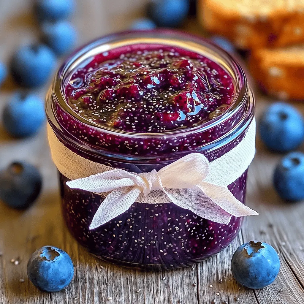 - 2 cups fresh blueberries (or frozen, thawed) - 1/4 cup maple syrup (or honey) - 2 tablespoons chia seeds - 1 tablespoon lemon juice - 1 teaspoon vanilla extract - Pinch of salt - Other berries (strawberries, raspberries) - Spices (cinnamon, nutmeg) - Additional sweeteners (agave, coconut sugar) You need some simple ingredients to make blueberry chia seed jam. The main stars are fresh blueberries. You can also use frozen ones if needed. You will mix them with maple syrup for sweetness. If you prefer, you can swap it with honey. Chia seeds are the magic ingredient here. They help thicken the jam as they soak up liquid. Lemon juice adds a tangy touch, while vanilla extract brings out the blueberry flavor. A pinch of salt balances everything perfectly. Feel free to get creative! You can add other berries like strawberries or raspberries. Spices like cinnamon or nutmeg can enhance the taste too. If you want more sweetness, consider using agave or coconut sugar. This mix of ingredients makes your jam not only tasty but healthy too. For the full recipe, check out the instructions above. Enjoy making your homemade blueberry chia seed jam! 1. First, take 2 cups of fresh blueberries. You can also use frozen blueberries, just make sure they are thawed. 2. Place the blueberries in a medium saucepan. 3. Use a fork or a potato masher to gently mash the blueberries. This takes about 3-4 minutes. You want them to break down and release their juices. 4. Now, add in 1/4 cup of maple syrup or honey, 1 tablespoon of lemon juice, and a pinch of salt. Stir it all together. 1. Next, bring the mixture to a gentle boil over medium heat. 2. Once it boils, reduce the heat and let it simmer for about 5 minutes. Stir occasionally to keep it from sticking. 3. Remove the saucepan from the heat after simmering. 4. Stir in 2 tablespoons of chia seeds and 1 teaspoon of vanilla extract. This is where the magic begins! 1. Let the mixture sit for about 10 minutes. During this time, the chia seeds will absorb liquid and thicken the jam. 2. Taste the jam. If you want it sweeter, add more maple syrup. 3. Once it has thickened to your liking, transfer the jam to a clean jar. 4. Allow it to cool completely before sealing the jar. 5. Store your blueberry chia seed jam in the fridge for up to two weeks. Enjoy making this easy and healthy jam! Check out the Full Recipe for more details. - Adjusting chia seeds for thickness: If you want a thicker jam, add more chia seeds. Start with 2 tablespoons. If it's too runny, mix in another half tablespoon. Let it rest to see the change. - How to prevent burning: Cook over medium heat. Stir often to avoid sticking. If the jam begins to stick, lower the heat. - Experimenting with sweetness: You can adjust the sweetness by adding more maple syrup. Taste as you go. This way, you’ll find the perfect balance for your jam. - Alternative flavor profiles: Try adding spices like cinnamon or nutmeg for warmth. You can also mix in other fruits, like raspberries or strawberries, for a fun twist. - Best pairings: This jam tastes great on toast or warm scones. Spread it on your favorite breakfast items for a sweet start to your day. - Creative uses: Use the jam as a topping for yogurt or desserts. It also works well in oatmeal or as a filling for pastries. There are many ways to enjoy blueberry chia seed jam! For the full recipe, check out the details above. {{image_2}} You can easily change this jam by using other fruits. - Mixed berry chia seed jam: Combine blueberries with strawberries or raspberries. This mix gives a colorful jam with bright flavors. - Citrus-infused blueberry jam: Add a bit of orange or lemon zest for a fresh taste. The zest brightens up the blueberries and adds a nice twist. You can switch up the sweetener for a different flavor. - Using different natural sweeteners: Try honey, agave nectar, or coconut sugar. Each sweetener gives the jam a unique taste. - Sugar-free options: Use stevia or monk fruit sweetener for a low-calorie jam. These options keep the flavor while cutting sugar. Making a low-sugar version is simple and tasty. - Reducing sweetener without affecting taste: Start by cutting the maple syrup by half. Taste the jam and adjust as needed. You can still enjoy the fruit's natural sweetness. - Substitutes for low-sugar diets: Use erythritol or allulose as sweeteners. These options can keep the jam sweet without adding sugar. Feel free to explore these ideas to make your own twist on blueberry chia seed jam! For the full recipe, check out the main article. To keep your blueberry chia seed jam fresh, store it in the fridge. Use a clean glass jar with a tight lid. This helps keep air out and prevents spoilage. Make sure the jar is dry before filling it. I recommend using a 12-ounce mason jar for easy pouring and serving. You can freeze blueberry chia seed jam for up to six months. Just pour the jam into a freezer-safe container, leaving some space at the top. This space helps the jam expand as it freezes. When you're ready to use it, thaw it in the fridge overnight. For quick thawing, place the container in a bowl of warm water. The jam lasts about two weeks in the fridge. If you see any mold or off smells, it’s time to toss it. Freshness is key to enjoying this tasty treat. Always check for signs of spoilage before using. Homemade blueberry chia seed jam lasts about two weeks in the fridge. Store it in a clean jar with a tight lid. After that time, it may spoil. Always check for any off smells or changes in color before using it. Yes, you can use frozen blueberries! Just thaw them before cooking. They work well and still give great flavor. This is a handy option if fresh blueberries are not available. Yes, chia seed jam is safe for kids. Chia seeds are rich in fiber and healthy fats. If your child has allergies, check with a doctor first. Always watch for choking hazards with small seeds. You can use leftover chia seeds in many ways! Add them to smoothies, oatmeal, or yogurt. They boost nutrition and add a nice crunch. You can also use them in baking or as a thickener for soups. Yes, you can can blueberry chia seed jam for longer storage. Follow proper canning procedures for safety. Make sure to sterilize jars and lids. Canned jam lasts for up to a year when stored in a cool, dark place. Making blueberry chia seed jam is simple and fun. You need fresh or frozen blueberries, sweetener, chia seeds, and a few extras. The steps are easy: mash, mix, boil, and cool. There are many ways to customize your jam with spices and other fruits. Proper storage keeps it fresh, and you can even freeze it. This jam is a great treat on toast or yogurt. Experiment with flavors and enjoy the process! Your jam will taste better than store-bought, and you made it yourself.