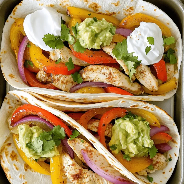 To make oven-baked chicken fajitas, you need some key ingredients. Here’s the list: - Chicken: boneless, skinless chicken breasts - Vegetables: red and yellow bell peppers, red onion - Seasonings: fajita seasoning, garlic powder, smoked paprika, salt, and pepper - Other Ingredients: olive oil and flour tortillas - Optional toppings: sour cream, guacamole, shredded cheese, fresh cilantro Each ingredient plays a role in creating the delicious, bold flavors of this dish. The chicken serves as the main protein, while the bell peppers and onions add sweetness and crunch. The seasonings give it that signature fajita taste. I love using fresh vegetables, as they bring color and nutrients. The olive oil helps everything cook evenly and adds richness. Don't forget the tortillas! They wrap all the tasty fillings perfectly. Feel free to customize with toppings. Adding sour cream or guacamole makes it even better. You can find the complete recipe details, including measurements, in the Full Recipe section. First, gather all your ingredients. You need: - 1 lb boneless, skinless chicken breasts - 1 red bell pepper - 1 yellow bell pepper - 1 red onion - 3 tablespoons olive oil - 2 tablespoons fajita seasoning - 1 teaspoon garlic powder - 1 teaspoon smoked paprika - Salt and pepper to taste - 8 small flour tortillas Start by slicing the chicken into thin strips. Next, slice the bell peppers and red onion. All pieces should be similar in size. This way, they cook evenly. Now, measure your seasonings. In a small bowl, mix the fajita seasoning, garlic powder, smoked paprika, salt, and pepper. Use this blend for great flavor. In a large mixing bowl, add the sliced chicken and vegetables. Drizzle the olive oil over them. Sprinkle your mixed seasonings on top. Now, it’s time to coat everything. Use your hands or a spoon to mix well. Make sure every piece of chicken and vegetable is covered in oil and spices. This step is key for flavor. Preheat your oven to 400°F (200°C). This is a crucial step. A hot oven helps cook the chicken and veggies right. Spread the coated mixture on a large baking sheet. Line it with parchment paper. This keeps things from sticking and makes cleanup easy. Bake in the oven for 20-25 minutes. Stir the mixture halfway through. This helps it cook evenly. To check if it’s done, cut a piece of chicken. It should be white inside, not pink. If it’s cooked, remove the sheet from the oven. Let everything rest for a couple of minutes before serving. You can warm the tortillas in a skillet while you wait. Enjoy your oven-baked chicken fajitas! For the full recipe, check the sections above. To get the best chicken, slice it into strips about half an inch thick. This thickness helps it cook evenly. Bake the chicken for 20 to 25 minutes at 400°F (200°C). To check if it's done, look for an internal temperature of 165°F (74°C). The chicken should be juicy and no longer pink inside. Want to kick up the flavor? Try adding spices like cumin, chili powder, or oregano. These spices add depth to your dish. For a fun twist, make your own fajita seasoning. Mix equal parts of chili powder, cumin, garlic powder, and onion powder. Add a pinch of salt for a tasty blend. Serve your fajitas in a fun way! Use a large platter and arrange the chicken and veggies in the center. Place warm tortillas on the side. Guests can build their own fajitas. Pair them with sides like Mexican rice or black beans. For drinks, try a refreshing limeade or a light beer. For the full recipe, check out the Oven-Baked Chicken Fajitas section above. {{image_2}} You can easily swap chicken for other proteins. Beef works well if you slice it thinly. Use flank steak or sirloin for best results. Shrimp adds a nice twist. Cook shrimp for just 10-15 minutes. Tofu is a great choice for a vegan option. Press and cube the tofu, then marinate it in the same seasonings. This keeps the flavors strong and tasty. To make this dish meat-free, use more vegetables. Zucchini, mushrooms, and corn add great flavor. Try adding black beans or chickpeas for protein. You can also use plant-based chicken for a closer taste. Just mix them with the same spices to keep it delicious. Experiment with different spice blends. Taco seasoning can give a fun twist. Try adding cumin or coriander for a new layer of flavor. For a smoky taste, use chipotle powder. Don’t forget to play with toppings. Try fresh salsa, pickled jalapeños, or diced avocado. Each adds a unique taste to your fajitas. For the full recipe, check the section above. To keep your leftover chicken fajitas fresh, place them in an airtight container. This helps avoid moisture loss. Store the container in the fridge. They can last up to three days. If you notice any excess liquid, drain it before sealing the container. This keeps your fajitas from getting soggy. Reheat your fajitas in the oven for the best results. Preheat your oven to 350°F (175°C). Place the fajitas on a baking sheet. Heat for about 10-15 minutes. Stir halfway through to ensure even warming. If you prefer the microwave, heat in 30-second bursts. This method can help keep the chicken juicy. If you want to save your chicken fajita ingredients for later, freezing is a great choice. Start by cooking the chicken and veggies as per the full recipe. Let them cool completely. Then, place them in a freezer-safe bag. Remove as much air as possible before sealing. You can freeze them for up to three months. When you're ready to eat, thaw them in the fridge overnight and reheat. Yes, you can use frozen chicken. Just be sure to thaw it first. Thawing helps cook the chicken evenly. You can do this in the fridge overnight or use the microwave. Once thawed, slice the chicken into thin strips before mixing with the veggies and seasonings. Bake the chicken fajitas for 20 to 25 minutes. This time ensures the chicken cooks through and the veggies become tender. Stir the mixture halfway through baking for even cooking. Always check the chicken's internal temperature. It should reach 165°F (75°C) for safe eating. Small flour tortillas work best for chicken fajitas. They are soft and pliable, making them easy to fold. You can also use corn tortillas for a gluten-free option. If you like a bit of crunch, try grilling or toasting the tortillas before serving. - Can I add more vegetables? Yes! Feel free to add zucchini, mushrooms, or corn for extra flavor. - Can I make this dish ahead of time? Yes, you can prep the ingredients a day before and store them in the fridge. - What toppings do you recommend? Try sour cream, guacamole, or fresh cilantro for added taste. You can also use shredded cheese for a creamy touch. For the full recipe, please check the details above! We covered all you need to know to make delicious chicken fajitas. From choosing the best ingredients to step-by-step instructions, you can create a tasty meal. Remember, you can customize flavors and protein options to fit your taste. Storing and reheating tips ensure you enjoy leftovers too. With a little creativity, you can serve these fajitas in style. Dive into your cooking adventure, and enjoy every bite of your homemade dish!