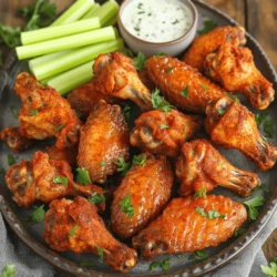 - 2 pounds chicken wings - 1 tablespoon baking powder - 1 teaspoon salt - 1 teaspoon black pepper - 1 teaspoon smoked paprika - 1 teaspoon garlic powder - 1 teaspoon onion powder - 1 teaspoon cayenne pepper (adjust for spice level) - 1 teaspoon dried oregano - 1 tablespoon olive oil - Optional garnishes: fresh parsley, celery sticks When you gather these ingredients, you set the stage for success. The chicken wings are the star, and the baking powder helps them get that perfect crunch. Salt and black pepper add simple flavor, making every bite enjoyable. Now, let’s talk about the dry rub. Smoked paprika gives your wings a nice, rich taste. Garlic and onion powder add layers of flavor that keep you coming back for more. Cayenne pepper lets you control the heat. If you want a little kick, use it. If not, leave it out. Dried oregano brings an earthy note to the mix. Adding olive oil is key. It helps the dry rub stick and ensures even cooking. Garnishes like fresh parsley or celery sticks brighten the plate and make it look inviting. This simple list makes your crispy dry rub chicken wings both easy and tasty. For the complete process, check the Full Recipe. Set your oven temperature to 425°F (220°C). This high heat helps the wings crisp up nicely. Prepare a baking sheet lined with aluminum foil for easy cleanup. Place a wire rack on top of the baking sheet. This allows hot air to circulate around the wings. Pat your chicken wings dry with paper towels. This step is key. Removing excess moisture lets the wings become crispy when baked. If the wings are wet, they will steam instead of crisp up. In a mixing bowl, combine all your seasoning ingredients. Use 1 tablespoon of baking powder, 1 teaspoon of salt, 1 teaspoon of black pepper, 1 teaspoon of smoked paprika, 1 teaspoon of garlic powder, 1 teaspoon of onion powder, 1 teaspoon of cayenne pepper, and 1 teaspoon of dried oregano. Mix well until everything is evenly blended. A well-mixed rub ensures consistent flavor in every bite. Drizzle 1 tablespoon of olive oil over the dried wings. The oil helps the dry rub stick. Sprinkle the dry rub mixture over the wings next. Toss the wings well until they are fully coated. Every wing should have a nice layer of the rub. Lay the coated wings in a single layer on the wire rack. Make sure there is space between each wing. This helps them cook evenly. Bake the wings for about 40 to 45 minutes. Turn the wings halfway through baking for even crisping. You want them to be deeply golden and crispy. For the full cooking process, check the [Full Recipe]. To make your chicken wings perfectly crispy, spacing is key. When you lay the wings on the rack, leave some space between each piece. This allows hot air to circulate, making every bite crunchy. Another important factor is baking powder. This simple ingredient draws out moisture and helps create that golden, crispy skin. Just one tablespoon mixed with your dry rub makes a big difference. If you want faster cooking, try an air fryer. Set it to 400°F (200°C) and cook the wings for about 25-30 minutes. Shake the basket halfway through for even cooking. The result is crispy wings with less oil. For a smoky flavor, you can grill the wings. Preheat your grill to medium heat. Cook the wings for around 20-25 minutes, turning them often to avoid burning. This gives a nice char that adds depth to the flavor. When serving your crispy wings, dips are a must. Ranch or blue cheese dressing pairs perfectly. They add a coolness that balances the spice of the dry rub. For presentation, arrange the wings on a large platter. Garnish with fresh parsley or celery sticks for a pop of color. A small bowl of your favorite dip should sit in the center. This makes your wings look even more inviting. For the full recipe, check it out [here](#). {{image_2}} You can change the dry rub for new tastes. Try adding spices like cumin, chili powder, or coriander. Each spice brings a unique flavor. You can also mix in some herbs like thyme or rosemary for a fresh twist. For a sweet heat, add honey or brown sugar to your rub. This gives your wings a caramelized crust and enhances the flavor. Chicken wings are great, but you can use drumsticks instead. Drumsticks are larger and juicier. They cook in the same way, and the dry rub works just as well. If you want a vegetarian option, try cauliflower wings. They can be coated and baked just like chicken wings. They soak up the flavors of the dry rub nicely. Think outside the box with global spice blends. For a taste of Asia, add five-spice powder or sesame seeds. For a Caribbean vibe, try jerk seasoning or allspice. These blends will take your wings to new heights. You can also mix flavors for fusion wings. How about a spicy mango sauce or a honey-soy glaze? These ideas add fun flair to your wings. For the full recipe, check out the earlier section. To keep your leftover wings fresh, use airtight containers. Glass or plastic containers work well. Make sure to let the wings cool down before you store them. In the refrigerator, the wings stay good for up to four days. This helps maintain their taste and texture. When reheating, you want to keep the wings crispy. The oven is great for this. Preheat your oven to 400°F (200°C). Place the wings on a baking sheet lined with foil. Bake for about 10 to 15 minutes. You can also use an air fryer. Set it to 375°F (190°C) and cook for about 5 to 7 minutes. Both methods help the wings regain their crunch. If you want to save wings for later, freezing is perfect. Place the cooled wings in freezer bags. Squeeze out as much air as you can before sealing. They can stay frozen for up to three months. To thaw, move the wings to the fridge overnight. For the best results when reheating, use the oven or air fryer again. This keeps them crispy and tasty. To make your chicken wings extra crispy, you need to dry them well. Start by patting them dry with paper towels. This removes moisture, which can make wings soggy. After drying, consider leaving them uncovered in the fridge for a few hours. This helps draw out even more moisture. When you coat them with baking powder, it helps create a crunchy outer layer. Yes, you can make these wings in advance. To do this, prepare the wings and apply the dry rub. Then, store them in an airtight container in the fridge. You can keep them for a day or two. When you are ready to cook, just bake them as per the [Full Recipe]. This way, you save time and still enjoy tasty wings. Many dipping sauces work well with dry rub wings. Classic choices include ranch dressing or blue cheese. These creamy dips balance the spice of the wings nicely. You can also try honey mustard for a sweet touch. For a kick, consider a spicy sriracha sauce. Store-bought options are great, but homemade sauces can add a personal touch. To adjust the spice level, focus on the cayenne pepper. If you want it milder, use less cayenne. You can also remove it entirely for a non-spicy option. To increase heat, add more cayenne or mix in chili powder. Always taste your dry rub before coating the wings. This way, you can balance flavor while adjusting heat to your liking. This blog post showed you how to make crispy chicken wings with a tasty dry rub. You learned about the key ingredients and easy steps for baking. I shared tips for crispiness and offered variations to try. You can even substitute meats and explore global flavors. Now, enjoy your homemade wings! They’re great for parties or a cozy night in. Remember, creating your own unique flavor is part of the fun. Happy cooking!