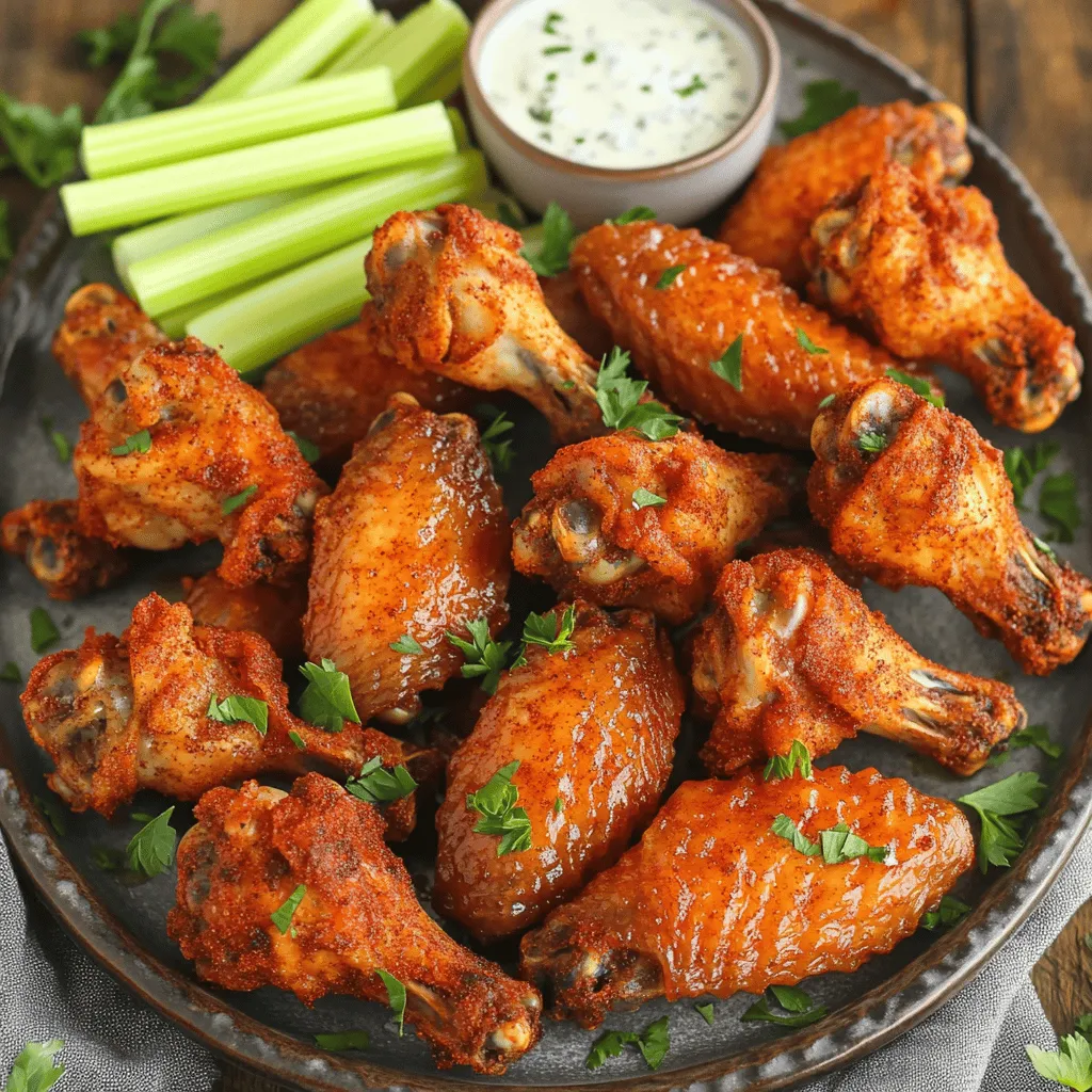 - 2 pounds chicken wings - 1 tablespoon baking powder - 1 teaspoon salt - 1 teaspoon black pepper - 1 teaspoon smoked paprika - 1 teaspoon garlic powder - 1 teaspoon onion powder - 1 teaspoon cayenne pepper (adjust for spice level) - 1 teaspoon dried oregano - 1 tablespoon olive oil - Optional garnishes: fresh parsley, celery sticks When you gather these ingredients, you set the stage for success. The chicken wings are the star, and the baking powder helps them get that perfect crunch. Salt and black pepper add simple flavor, making every bite enjoyable. Now, let’s talk about the dry rub. Smoked paprika gives your wings a nice, rich taste. Garlic and onion powder add layers of flavor that keep you coming back for more. Cayenne pepper lets you control the heat. If you want a little kick, use it. If not, leave it out. Dried oregano brings an earthy note to the mix. Adding olive oil is key. It helps the dry rub stick and ensures even cooking. Garnishes like fresh parsley or celery sticks brighten the plate and make it look inviting. This simple list makes your crispy dry rub chicken wings both easy and tasty. For the complete process, check the Full Recipe. Set your oven temperature to 425°F (220°C). This high heat helps the wings crisp up nicely. Prepare a baking sheet lined with aluminum foil for easy cleanup. Place a wire rack on top of the baking sheet. This allows hot air to circulate around the wings. Pat your chicken wings dry with paper towels. This step is key. Removing excess moisture lets the wings become crispy when baked. If the wings are wet, they will steam instead of crisp up. In a mixing bowl, combine all your seasoning ingredients. Use 1 tablespoon of baking powder, 1 teaspoon of salt, 1 teaspoon of black pepper, 1 teaspoon of smoked paprika, 1 teaspoon of garlic powder, 1 teaspoon of onion powder, 1 teaspoon of cayenne pepper, and 1 teaspoon of dried oregano. Mix well until everything is evenly blended. A well-mixed rub ensures consistent flavor in every bite. Drizzle 1 tablespoon of olive oil over the dried wings. The oil helps the dry rub stick. Sprinkle the dry rub mixture over the wings next. Toss the wings well until they are fully coated. Every wing should have a nice layer of the rub. Lay the coated wings in a single layer on the wire rack. Make sure there is space between each wing. This helps them cook evenly. Bake the wings for about 40 to 45 minutes. Turn the wings halfway through baking for even crisping. You want them to be deeply golden and crispy. For the full cooking process, check the [Full Recipe]. To make your chicken wings perfectly crispy, spacing is key. When you lay the wings on the rack, leave some space between each piece. This allows hot air to circulate, making every bite crunchy. Another important factor is baking powder. This simple ingredient draws out moisture and helps create that golden, crispy skin. Just one tablespoon mixed with your dry rub makes a big difference. If you want faster cooking, try an air fryer. Set it to 400°F (200°C) and cook the wings for about 25-30 minutes. Shake the basket halfway through for even cooking. The result is crispy wings with less oil. For a smoky flavor, you can grill the wings. Preheat your grill to medium heat. Cook the wings for around 20-25 minutes, turning them often to avoid burning. This gives a nice char that adds depth to the flavor. When serving your crispy wings, dips are a must. Ranch or blue cheese dressing pairs perfectly. They add a coolness that balances the spice of the dry rub. For presentation, arrange the wings on a large platter. Garnish with fresh parsley or celery sticks for a pop of color. A small bowl of your favorite dip should sit in the center. This makes your wings look even more inviting. For the full recipe, check it out [here](#). {{image_2}} You can change the dry rub for new tastes. Try adding spices like cumin, chili powder, or coriander. Each spice brings a unique flavor. You can also mix in some herbs like thyme or rosemary for a fresh twist. For a sweet heat, add honey or brown sugar to your rub. This gives your wings a caramelized crust and enhances the flavor. Chicken wings are great, but you can use drumsticks instead. Drumsticks are larger and juicier. They cook in the same way, and the dry rub works just as well. If you want a vegetarian option, try cauliflower wings. They can be coated and baked just like chicken wings. They soak up the flavors of the dry rub nicely. Think outside the box with global spice blends. For a taste of Asia, add five-spice powder or sesame seeds. For a Caribbean vibe, try jerk seasoning or allspice. These blends will take your wings to new heights. You can also mix flavors for fusion wings. How about a spicy mango sauce or a honey-soy glaze? These ideas add fun flair to your wings. For the full recipe, check out the earlier section. To keep your leftover wings fresh, use airtight containers. Glass or plastic containers work well. Make sure to let the wings cool down before you store them. In the refrigerator, the wings stay good for up to four days. This helps maintain their taste and texture. When reheating, you want to keep the wings crispy. The oven is great for this. Preheat your oven to 400°F (200°C). Place the wings on a baking sheet lined with foil. Bake for about 10 to 15 minutes. You can also use an air fryer. Set it to 375°F (190°C) and cook for about 5 to 7 minutes. Both methods help the wings regain their crunch. If you want to save wings for later, freezing is perfect. Place the cooled wings in freezer bags. Squeeze out as much air as you can before sealing. They can stay frozen for up to three months. To thaw, move the wings to the fridge overnight. For the best results when reheating, use the oven or air fryer again. This keeps them crispy and tasty. To make your chicken wings extra crispy, you need to dry them well. Start by patting them dry with paper towels. This removes moisture, which can make wings soggy. After drying, consider leaving them uncovered in the fridge for a few hours. This helps draw out even more moisture. When you coat them with baking powder, it helps create a crunchy outer layer. Yes, you can make these wings in advance. To do this, prepare the wings and apply the dry rub. Then, store them in an airtight container in the fridge. You can keep them for a day or two. When you are ready to cook, just bake them as per the [Full Recipe]. This way, you save time and still enjoy tasty wings. Many dipping sauces work well with dry rub wings. Classic choices include ranch dressing or blue cheese. These creamy dips balance the spice of the wings nicely. You can also try honey mustard for a sweet touch. For a kick, consider a spicy sriracha sauce. Store-bought options are great, but homemade sauces can add a personal touch. To adjust the spice level, focus on the cayenne pepper. If you want it milder, use less cayenne. You can also remove it entirely for a non-spicy option. To increase heat, add more cayenne or mix in chili powder. Always taste your dry rub before coating the wings. This way, you can balance flavor while adjusting heat to your liking. This blog post showed you how to make crispy chicken wings with a tasty dry rub. You learned about the key ingredients and easy steps for baking. I shared tips for crispiness and offered variations to try. You can even substitute meats and explore global flavors. Now, enjoy your homemade wings! They’re great for parties or a cozy night in. Remember, creating your own unique flavor is part of the fun. Happy cooking!