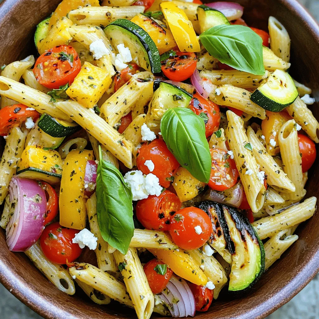 Pasta and Vegetables Needed - 8 ounces of penne pasta - 1 zucchini, sliced - 1 bell pepper (any color), sliced - 1 red onion, cut into wedges - 1 cup cherry tomatoes, halved In this salad, the pasta acts as a base. I love using penne since its shape holds the dressing well. The veggies add color, taste, and nutrients. Grilled zucchini, bell pepper, red onion, and juicy cherry tomatoes are my favorites. Seasoning and Dressing Essentials - 2 tablespoons olive oil - 1 teaspoon dried Italian herbs (oregano, basil, thyme blend) - Salt and pepper to taste The olive oil adds richness. The dried herbs give the salad a nice Italian flavor. Salt and pepper bring out all the tastes. Optional Ingredients for Enhanced Flavor - 1/4 cup feta cheese, crumbled (optional) - Fresh basil leaves for garnish Feta cheese adds a creamy texture and tangy taste. Fresh basil gives a lovely aroma and brightness, making the dish even better. For the full recipe, check out [Full Recipe]. Boiling the Penne Pasta Start by bringing a large pot of salted water to a rolling boil. Add your penne pasta and cook it according to the package instructions. Usually, this takes about 10-12 minutes. Tips for Achieving Perfect Al Dente To get that perfect al dente texture, taste the pasta a minute or two before the time is up. It should be firm yet tender. Once you hit that sweet spot, drain the pasta right away. Cooling the Pasta for Salad After draining, spread the pasta on a baking sheet to cool quickly. This helps avoid clumping. Let it sit while you prepare the veggies. Prepping the Vegetables for Grilling While the pasta cooks, get your veggies ready. Slice the zucchini and bell peppers. Cut the red onion into wedges. Halve the cherry tomatoes. Seasoning Tips for Flavor In a bowl, toss the veggies with olive oil, dried Italian herbs, salt, and pepper. This mix adds a burst of flavor. Grilling Technique and Timing Preheat your grill or grill pan over medium heat. Place the seasoned vegetables on the grill. Grill for about 4-5 minutes on each side. You want nice grill marks and tender veggies. Combining Cooked Pasta and Grilled Vegetables In a large mixing bowl, combine the cooled pasta and chopped grilled vegetables. Toss gently to mix them well. Adding Optional Ingredients like Feta If you like, sprinkle crumbled feta cheese over the top. This adds a creamy texture and a salty kick. Toss again to incorporate. Allowing the Salad to Chill Let the salad chill in the fridge for at least 30 minutes. This helps all the flavors blend together. Serve cold or at room temperature. Enjoy this colorful delight! For the complete recipe, check [Full Recipe]. - Choosing the Right Grill Temperature: Aim for medium heat. This allows vegetables to cook evenly. Too hot and they burn; too cool and they won't char. - Signs of Perfectly Grilled Vegetables: Look for nice grill marks. The veggies should be tender but not mushy. They should also have a smoky aroma that signals great flavor. - Avoiding Common Grilling Mistakes: Don't overcrowd the grill. This can trap steam and prevent charring. Always use fresh vegetables for the best taste. - Enhancing Flavor with Dressings: A simple vinaigrette works wonders. Use olive oil, vinegar, and herbs to boost flavor. You can also try lemon juice for a fresh kick. - Tips for Serving Cold or at Room Temperature: Chill the salad for at least 30 minutes before serving. This helps the flavors blend nicely. If serving at room temp, let it sit out for a bit. - Adjusting Portions and Ingredients for Large Gatherings: Double or triple the recipe as needed. Just keep the same ratios for ingredients. This way, everyone enjoys the same great taste. For more detailed steps, check out the Full Recipe. {{image_2}} You can switch up the vegetables in your grilled vegetable pasta salad. Try seasonal veggies for new flavors. Asparagus, eggplant, and mushrooms can add great taste. You can also use fresh greens like spinach or arugula for a twist. Adding protein makes this dish heartier. Grilled chicken or tofu works well. Simply marinate them before grilling. This adds depth to your flavors and makes the salad more filling. Don't forget about pasta shapes! Penne is great, but you can use fusilli or farfalle too. Different shapes hold the dressing better and add fun to your meal. When it comes to dressings, you have options. You can make your own or use store-bought. Homemade dressings let you control the flavors. Try a simple vinaigrette with olive oil and vinegar for a fresh taste. Creamy options like ranch or yogurt dressings can add richness. These pair well with grilled veggies and pasta. Experiment with herbs like dill or cilantro for unique flavors. Different dressings can change the whole vibe of your salad. A zesty lemon vinaigrette gives a bright taste. On the other hand, a balsamic glaze offers sweetness. Play around with flavors to find what you love most. For the full recipe, check out the detailed instructions above. To keep your grilled vegetable pasta salad fresh, use airtight containers. Glass or BPA-free plastic containers work best. Make sure the salad is cool before sealing it up. Store the salad in the fridge for up to three days. After that, the veggies may lose their crunch and flavor. If you want to keep it longer, freezing is an option. However, the texture of the pasta and veggies may change. To freeze, place the salad in a freezer-safe container. Leave some space at the top because it will expand. You can freeze it for one to two months. When you're ready to eat, thaw it in the fridge overnight. Reheating pasta salad can be tricky. You want to keep the flavors bright. For best results, gently heat it in a skillet over low heat. This way, it warms up without cooking the pasta again. After reheating, taste the salad. You might need to add more salt or pepper. Sometimes the flavors fade a bit during storage. If you want to serve it cold, take it out of the fridge and let it sit for a few minutes. It tastes great at room temperature too. You can also add fresh herbs or a drizzle of olive oil just before serving for extra flavor. Grilled vegetable pasta salad stays fresh for about 3 to 5 days. Store it in an airtight container. Make sure to cool it down first. If you see any mold or bad smell, it’s time to toss it. Yes, you can make this salad a day in advance. This gives the flavors more time to blend. Just keep it in the fridge until you are ready to serve. Feel free to use any veggies you love. Good options include carrots, asparagus, or eggplant. For harder vegetables, cut them smaller. This helps them cook evenly on the grill. Yes, but you need to change a few ingredients. Simply leave out the feta cheese. You can use tofu or avocado for creaminess instead. This keeps your salad tasty and vegan-friendly. For more details, check out the Full Recipe. This blog post covered how to make a delicious grilled vegetable pasta salad. We looked at key ingredients, cooking methods, and tips for grilling. Understanding storage options and variations can enhance your meal. You can mix in different veggies, proteins, and dressings for more flavors. Remember, this salad is great for any occasion, and you can prep it ahead for better taste. Enjoy making your dish, and have fun experimenting with new ingredients!