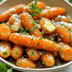 - 1 lb baby carrots, peeled - 2 tablespoons unsalted butter - 3 tablespoons honey - 3 cloves garlic, minced - 1 tablespoon soy sauce (or tamari for gluten-free) - Fresh parsley or chives for garnish - Salt and pepper to taste The main ingredients for honey garlic butter carrots are simple yet flavorful. You need one pound of baby carrots. These are sweet and tender, making them perfect for this dish. Next, unsalted butter adds richness. It helps to create a silky sauce. Honey brings natural sweetness and a lovely glaze. Minced garlic adds depth and aroma that lifts the dish. You can also add soy sauce for a savory kick. It's good if you want a touch of saltiness. Fresh parsley or chives give color and freshness when you serve the dish. For seasoning, salt and pepper are essential. They enhance the natural flavors of the carrots. You can adjust these to fit your taste. If you want a little sweetness, add more honey. If you like it saltier, add more soy sauce. These ingredients come together to create a side dish that is both simple and tasty. If you want more detailed steps, check the Full Recipe. - Wash and peel the baby carrots if they aren't pre-cleaned. - Prepare the garlic by mincing it finely. Getting your ingredients ready is key. Clean the carrots well and cut off rough ends. Mince the garlic into small pieces. This makes the flavors stronger and more tasty. - Melt butter in a large skillet over medium heat. - Add minced garlic and sauté until fragrant. - Stir in honey and soy sauce and mix well. In a large skillet, melt the unsalted butter. Use medium heat to avoid burning. Once it melts, add minced garlic. Cook it for about one minute. You want it fragrant but not brown. Then, stir in the honey and soy sauce. This mix brings sweet and savory together. - Toss carrots in the honey garlic butter sauce. - Cover and steam for 5-7 minutes until tender. - Remove the lid, season, and thicken the sauce. Now, add the prepared carrots to the skillet. Toss them in the honey garlic butter sauce. Cover the skillet and let them steam for 5-7 minutes. The goal is tender but crisp carrots. After that, remove the lid. Season with salt and pepper to taste. Cook for a few more minutes to thicken the sauce. This makes the carrots shine with flavor. For the full recipe, check the section above. To prevent garlic from browning, add it to the pan after the butter melts. Keep the heat at medium. Stir it quickly for about one minute. This keeps the garlic fragrant and sweet. If it browns, the taste turns bitter. For even cooking, cut your carrots into similar sizes. This helps them cook together. Sauté them gently, stirring often. Cover the skillet for part of the cooking time. This traps steam and helps them cook through. To adjust sweetness, try adding more honey. You can also reduce the amount of soy sauce. If you want less sweet, add a splash of lemon juice. This adds brightness and balances the flavors. For extra flavor, consider spices like ginger or black pepper. A pinch of red pepper flakes can add heat. Fresh herbs like thyme or dill also pair well with the dish. For best results, use a non-stick or cast-iron skillet. These types help prevent sticking and ensure even cooking. A wide skillet allows more surface area for the carrots. You will need a cutting board and a sharp knife for prep. Use a spatula for stirring and serving. A lid for the skillet is important for steaming the carrots. To see the full recipe, check the [Full Recipe]. {{image_2}} You can switch up the carrots if you want. Try using parsnips or sweet potatoes. Both add a sweet, earthy flavor. They cook well and taste great with honey and garlic. If you want to switch out honey, consider maple syrup or agave. These alternatives keep the sweetness but change the taste a bit. Just use the same amount as the honey in the recipe. Roasting carrots gives a nice caramelized flavor. To roast, toss the carrots in honey garlic butter and place them on a baking sheet. Bake at 400°F for about 20 minutes, turning halfway. Sautéing, as in the recipe, cooks them faster. You can also use a slow cooker. Just combine the carrots and sauce in the cooker. Set it on low for 4-5 hours or high for 2-3 hours. This method makes the carrots very tender and full of flavor. Making this recipe vegan is easy. Just swap the butter for a plant-based alternative. Use coconut oil or vegan butter. For gluten-free options, make sure to choose gluten-free soy sauce or tamari. Both keep the dish safe for those with gluten issues. Enjoy your honey garlic butter carrots with these simple changes! Check out the full recipe for guidance. To store your honey garlic butter carrots, place them in an airtight container. This keeps the carrots fresh and prevents odors from other foods. They will stay good in the fridge for about 4 to 5 days. If you want to enjoy them later, just reheat them in a skillet or microwave. You can also freeze honey garlic butter carrots for longer storage. First, let them cool completely. Then, spread them on a baking sheet and freeze until firm. After that, transfer the carrots to a freezer bag. They can last up to 3 months in the freezer. To thaw, simply move them to the fridge overnight. Reheat in a skillet on low heat for the best texture. These carrots pair well with many dishes. They are great with roasted chicken or grilled fish. You can also serve them with rice or quinoa for a healthy meal. If you have leftovers, use them in a salad or mix them into a stir-fry. They add sweetness and flavor to any dish! For the full recipe, check out the details above. How long do I need to cook the carrots for the best texture? You will want to cook the carrots for about 12-15 minutes. First, steam them with the lid on for 5-7 minutes. This gives them a tender feel while keeping a slight crunch. After that, remove the lid and cook for another 2-3 minutes. This helps the sauce thicken and coat the carrots perfectly. Can I use frozen carrots instead of fresh? Yes, you can use frozen carrots. They cook faster than fresh ones. Just remember to thaw and drain them first. This helps avoid excess water in your dish. The flavor will still shine through, but fresh carrots offer a better texture. Can I substitute garlic powder for fresh garlic? Yes, you can use garlic powder. Use about 1/4 teaspoon for each clove of fresh garlic. While fresh garlic gives a strong taste, garlic powder can work in a pinch. Just add it when you add the honey and soy sauce. What can I substitute for soy sauce if I’m allergic? If you're allergic to soy sauce, you can try coconut aminos. It gives a similar salty taste, but it is gluten-free. Tamari is another good option. It is also gluten-free and has a rich flavor. Can this dish be made ahead of time? Yes, you can make this dish ahead of time. Cook the carrots and let them cool. Store them in the fridge for up to three days. When you’re ready, reheat them in a skillet. Add a splash of water to keep them moist. What are some good pairings for this dish? Honey garlic butter carrots pair well with grilled chicken or steak. They also taste great with roasted pork. For a vegetarian option, serve them with quinoa or a fresh salad. In this post, we explored how to make honey garlic butter carrots using simple ingredients. You learned the step-by-step process for perfect flavor and texture. I shared tips for cooking, ingredient substitutions, and storage options. This dish is easy and flexible for any meal. Try it your way and enjoy. You’ll find that these carrots add sweetness and joy to your table. Happy cooking!