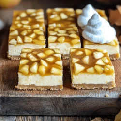To make the caramel apple cheesecake bars, you need a few simple ingredients. Here’s what you will need: - 1 1/2 cups graham cracker crumbs - 1/4 cup granulated sugar - 1/2 cup unsalted butter, melted - 2 (8 oz) packages cream cheese, softened - 1 cup brown sugar, packed - 1 teaspoon vanilla extract - 2 large eggs - 2 cups diced apples (preferably Granny Smith) - 1 teaspoon cinnamon - 1/2 cup caramel sauce (store-bought or homemade) - Whipped cream for serving (optional) - Additional caramel sauce for drizzling (optional) These ingredients come together to create a rich and tasty treat. The graham cracker crumbs form a crunchy base. Cream cheese and sugar make the cheesecake filling creamy. Diced apples add a fresh twist, while caramel sauce brings sweetness. The cinnamon gives the bars warmth and flavor. Choosing the right apples is key. Granny Smith apples work best. Their tartness balances the sweetness in the bars. You can also mix in other apple types for fun flavors. For a fun twist, you might want to add nuts or chocolate chips. These ingredients can change the bars' texture and taste. If you want to see how to combine these ingredients for a delicious treat, check out the Full Recipe. - Preheat the oven to 325°F (160°C). - Grease an 8x8 inch baking pan with non-stick spray. - Line the pan with parchment paper for easy removal. - In a bowl, mix the graham cracker crumbs, sugar, and melted butter. - Press this mixture into the bottom of the pan. - Bake for 10 minutes, then let it cool slightly. - In a large bowl, beat the softened cream cheese and brown sugar until smooth. - Add the vanilla extract and mix until well combined. - Add the eggs one at a time, mixing well after each. - Fold in the diced apples and cinnamon gently. - Pour the cheesecake mixture over the cooled crust. - Drizzle half of the caramel sauce on top. - Use a knife to swirl it into the cheesecake mixture. - Bake for 30-35 minutes, until the center is set but jiggly. - Remove from the oven and cool at room temperature. - Once cooled, refrigerate for at least 4 hours or overnight. You can find the Full Recipe in the previous section. To get the best texture, make sure the cream cheese is fully softened. Cold cream cheese can lead to lumps. Leave it at room temp for at least an hour. When it comes to apples, I love using Granny Smith. They give a tart flavor that balances the sweet cheesecake and caramel. Look for firm apples with a bright green color. Avoid soft or bruised fruit. For garnishes, top your caramel apple cheesecake bars with a dollop of whipped cream. Add a sprinkle of cinnamon for extra flair. You can also drizzle more caramel sauce on top. Pair these bars with coffee or a cup of spiced tea. The warm drinks enhance the sweet and creamy flavors. If your cheesecake cracks, don’t worry! Let it cool slowly at room temp before chilling. This helps reduce cracks. To prevent a soggy crust, make sure to bake it properly. Press the graham cracker mixture firmly into the pan. This keeps it crisp. You can bake it a bit longer if needed, just watch for browning. For the full recipe, check the beginning of the article. {{image_2}} You can make these bars even more fun by adding nuts or spices. I love using chopped pecans or walnuts for a crunchy bite. They add a great texture! You can also sprinkle some nutmeg or ginger for a warm flavor twist. If you prefer something creamier, try using flavored cream cheese. Options like cinnamon or caramel cream cheese can elevate the taste. If you need a gluten-free option, consider using ground almonds or gluten-free graham crackers for the crust. They work just as well and taste great! For a dairy-free version, look for dairy-free cream cheese. There are many brands available that mimic the taste and texture of regular cream cheese. Want to switch things up? You can transform these bars into a cheesecake pie. Just press the crust into a pie dish instead of a baking pan. You can also make mini cheesecake cups. Simply use a muffin tin, and fill each cup with the cheesecake mixture. This makes serving easy and fun! For the full recipe, check here: [Full Recipe]. To keep your caramel apple cheesecake bars fresh, refrigerate them in an airtight container. This method helps maintain their creamy texture. They will stay good for up to a week. If you want, you can also cover them with plastic wrap. This adds an extra layer of protection against drying out. Just make sure they cool completely before you store them. If you want to save the bars for later, freezing is a great option. First, cut them into squares and wrap each piece tightly in plastic wrap. Then, place them in a freezer-safe bag or container. This way, they can last for up to three months. When you’re ready to enjoy them again, take the bars out and let them thaw in the fridge overnight. This keeps their texture nice and smooth. Some people love their cheesecake bars warm. If you are one of them, simply place a bar on a microwave-safe plate. Heat it for about 15 to 20 seconds. Check if it’s warm enough for your liking. If you prefer to serve them cold, just take them out of the fridge and enjoy. Both ways are delicious! For the full recipe, check out the recipe section above. Can I use different types of apples? Yes, you can use various apples. Granny Smith apples work best for their tartness. Honeycrisp or Fuji apples add sweetness. Choose apples that you enjoy eating. How do I know when the cheesecake bars are done baking? The bars are done when the edges are set, but the center is still slightly jiggly. It should not look wet. A toothpick inserted should come out clean. Can I make this recipe dairy-free? Yes, you can use dairy-free cream cheese. Look for brands that offer good texture and taste. Use a dairy-free butter substitute for the crust too. What if I don't have graham crackers? You can use crushed cookies or biscuits. Vanilla wafers or digestive biscuits work well. Just adjust the sugar to your taste. How long do these bars last in the fridge? These bars last about a week in the fridge. Keep them in an airtight container. They taste better as they chill. Can I use homemade caramel sauce? Yes, homemade caramel sauce adds a personal touch. Just ensure it is thick enough to drizzle. It enhances the flavor of the bars nicely. Caramel apple cheesecake bars blend sweet and tart flavors. They offer a taste of fall all year round. You can create this treat with easy steps. Here's how to make them. - 1 1/2 cups graham cracker crumbs - 1/4 cup granulated sugar - 1/2 cup unsalted butter, melted - 2 (8 oz) packages cream cheese, softened - 1 cup brown sugar, packed - 1 teaspoon vanilla extract - 2 large eggs - 2 cups diced apples (preferably Granny Smith) - 1 teaspoon cinnamon - 1/2 cup caramel sauce (store-bought or homemade) - Whipped cream for serving (optional) - Additional caramel sauce for drizzling (optional) 1. Preheat the oven to 325°F (160°C). Grease an 8x8 inch baking pan with non-stick spray. Line the pan with parchment paper for easy removal. 2. Make the crust by mixing graham cracker crumbs, granulated sugar, and melted butter. Press this mix firmly into the bottom of the pan. Bake for 10 minutes. Let it cool slightly. 3. Prepare the cheesecake mixture. In a large bowl, beat softened cream cheese and brown sugar until smooth. Add vanilla extract and mix well. 4. Add eggs one at a time. Mix well after each addition. Make sure the batter is smooth. 5. Fold in diced apples and cinnamon. Mix gently until just combined. 6. Pour the cheesecake mixture over the cooled crust. Spread it evenly. Drizzle half of the caramel sauce over the top. Use a knife to swirl it gently into the batter. 7. Bake for 30-35 minutes. The center should be set but still slightly jiggly. Remove from the oven and let it cool at room temperature. 8. Refrigerate the cheesecake bars for at least 4 hours or overnight to set completely. 9. Serve by lifting the bars out of the pan using the parchment paper. Cut into squares. Drizzle with the remaining caramel sauce and add whipped cream if you like. This recipe is simple yet rewarding. The mix of apples and cheesecake makes each bite special. This recipe for Caramel Apple Cheesecake Bars combines sweet and creamy flavors. You learned how to create a tasty crust, a rich filling, and the right baking techniques. Using Granny Smith apples and caramel adds special touches. These bars are perfect for gatherings or a sweet treat at home. Enjoy your baking and share it with friends and family. Your success will inspire others to try this delicious dessert!