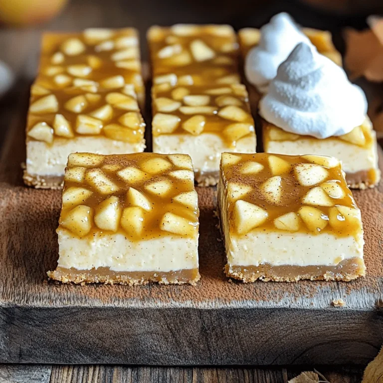 To make the caramel apple cheesecake bars, you need a few simple ingredients. Here’s what you will need: - 1 1/2 cups graham cracker crumbs - 1/4 cup granulated sugar - 1/2 cup unsalted butter, melted - 2 (8 oz) packages cream cheese, softened - 1 cup brown sugar, packed - 1 teaspoon vanilla extract - 2 large eggs - 2 cups diced apples (preferably Granny Smith) - 1 teaspoon cinnamon - 1/2 cup caramel sauce (store-bought or homemade) - Whipped cream for serving (optional) - Additional caramel sauce for drizzling (optional) These ingredients come together to create a rich and tasty treat. The graham cracker crumbs form a crunchy base. Cream cheese and sugar make the cheesecake filling creamy. Diced apples add a fresh twist, while caramel sauce brings sweetness. The cinnamon gives the bars warmth and flavor. Choosing the right apples is key. Granny Smith apples work best. Their tartness balances the sweetness in the bars. You can also mix in other apple types for fun flavors. For a fun twist, you might want to add nuts or chocolate chips. These ingredients can change the bars' texture and taste. If you want to see how to combine these ingredients for a delicious treat, check out the Full Recipe. - Preheat the oven to 325°F (160°C). - Grease an 8x8 inch baking pan with non-stick spray. - Line the pan with parchment paper for easy removal. - In a bowl, mix the graham cracker crumbs, sugar, and melted butter. - Press this mixture into the bottom of the pan. - Bake for 10 minutes, then let it cool slightly. - In a large bowl, beat the softened cream cheese and brown sugar until smooth. - Add the vanilla extract and mix until well combined. - Add the eggs one at a time, mixing well after each. - Fold in the diced apples and cinnamon gently. - Pour the cheesecake mixture over the cooled crust. - Drizzle half of the caramel sauce on top. - Use a knife to swirl it into the cheesecake mixture. - Bake for 30-35 minutes, until the center is set but jiggly. - Remove from the oven and cool at room temperature. - Once cooled, refrigerate for at least 4 hours or overnight. You can find the Full Recipe in the previous section. To get the best texture, make sure the cream cheese is fully softened. Cold cream cheese can lead to lumps. Leave it at room temp for at least an hour. When it comes to apples, I love using Granny Smith. They give a tart flavor that balances the sweet cheesecake and caramel. Look for firm apples with a bright green color. Avoid soft or bruised fruit. For garnishes, top your caramel apple cheesecake bars with a dollop of whipped cream. Add a sprinkle of cinnamon for extra flair. You can also drizzle more caramel sauce on top. Pair these bars with coffee or a cup of spiced tea. The warm drinks enhance the sweet and creamy flavors. If your cheesecake cracks, don’t worry! Let it cool slowly at room temp before chilling. This helps reduce cracks. To prevent a soggy crust, make sure to bake it properly. Press the graham cracker mixture firmly into the pan. This keeps it crisp. You can bake it a bit longer if needed, just watch for browning. For the full recipe, check the beginning of the article. {{image_2}} You can make these bars even more fun by adding nuts or spices. I love using chopped pecans or walnuts for a crunchy bite. They add a great texture! You can also sprinkle some nutmeg or ginger for a warm flavor twist. If you prefer something creamier, try using flavored cream cheese. Options like cinnamon or caramel cream cheese can elevate the taste. If you need a gluten-free option, consider using ground almonds or gluten-free graham crackers for the crust. They work just as well and taste great! For a dairy-free version, look for dairy-free cream cheese. There are many brands available that mimic the taste and texture of regular cream cheese. Want to switch things up? You can transform these bars into a cheesecake pie. Just press the crust into a pie dish instead of a baking pan. You can also make mini cheesecake cups. Simply use a muffin tin, and fill each cup with the cheesecake mixture. This makes serving easy and fun! For the full recipe, check here: [Full Recipe]. To keep your caramel apple cheesecake bars fresh, refrigerate them in an airtight container. This method helps maintain their creamy texture. They will stay good for up to a week. If you want, you can also cover them with plastic wrap. This adds an extra layer of protection against drying out. Just make sure they cool completely before you store them. If you want to save the bars for later, freezing is a great option. First, cut them into squares and wrap each piece tightly in plastic wrap. Then, place them in a freezer-safe bag or container. This way, they can last for up to three months. When you’re ready to enjoy them again, take the bars out and let them thaw in the fridge overnight. This keeps their texture nice and smooth. Some people love their cheesecake bars warm. If you are one of them, simply place a bar on a microwave-safe plate. Heat it for about 15 to 20 seconds. Check if it’s warm enough for your liking. If you prefer to serve them cold, just take them out of the fridge and enjoy. Both ways are delicious! For the full recipe, check out the recipe section above. Can I use different types of apples? Yes, you can use various apples. Granny Smith apples work best for their tartness. Honeycrisp or Fuji apples add sweetness. Choose apples that you enjoy eating. How do I know when the cheesecake bars are done baking? The bars are done when the edges are set, but the center is still slightly jiggly. It should not look wet. A toothpick inserted should come out clean. Can I make this recipe dairy-free? Yes, you can use dairy-free cream cheese. Look for brands that offer good texture and taste. Use a dairy-free butter substitute for the crust too. What if I don't have graham crackers? You can use crushed cookies or biscuits. Vanilla wafers or digestive biscuits work well. Just adjust the sugar to your taste. How long do these bars last in the fridge? These bars last about a week in the fridge. Keep them in an airtight container. They taste better as they chill. Can I use homemade caramel sauce? Yes, homemade caramel sauce adds a personal touch. Just ensure it is thick enough to drizzle. It enhances the flavor of the bars nicely. Caramel apple cheesecake bars blend sweet and tart flavors. They offer a taste of fall all year round. You can create this treat with easy steps. Here's how to make them. - 1 1/2 cups graham cracker crumbs - 1/4 cup granulated sugar - 1/2 cup unsalted butter, melted - 2 (8 oz) packages cream cheese, softened - 1 cup brown sugar, packed - 1 teaspoon vanilla extract - 2 large eggs - 2 cups diced apples (preferably Granny Smith) - 1 teaspoon cinnamon - 1/2 cup caramel sauce (store-bought or homemade) - Whipped cream for serving (optional) - Additional caramel sauce for drizzling (optional) 1. Preheat the oven to 325°F (160°C). Grease an 8x8 inch baking pan with non-stick spray. Line the pan with parchment paper for easy removal. 2. Make the crust by mixing graham cracker crumbs, granulated sugar, and melted butter. Press this mix firmly into the bottom of the pan. Bake for 10 minutes. Let it cool slightly. 3. Prepare the cheesecake mixture. In a large bowl, beat softened cream cheese and brown sugar until smooth. Add vanilla extract and mix well. 4. Add eggs one at a time. Mix well after each addition. Make sure the batter is smooth. 5. Fold in diced apples and cinnamon. Mix gently until just combined. 6. Pour the cheesecake mixture over the cooled crust. Spread it evenly. Drizzle half of the caramel sauce over the top. Use a knife to swirl it gently into the batter. 7. Bake for 30-35 minutes. The center should be set but still slightly jiggly. Remove from the oven and let it cool at room temperature. 8. Refrigerate the cheesecake bars for at least 4 hours or overnight to set completely. 9. Serve by lifting the bars out of the pan using the parchment paper. Cut into squares. Drizzle with the remaining caramel sauce and add whipped cream if you like. This recipe is simple yet rewarding. The mix of apples and cheesecake makes each bite special. This recipe for Caramel Apple Cheesecake Bars combines sweet and creamy flavors. You learned how to create a tasty crust, a rich filling, and the right baking techniques. Using Granny Smith apples and caramel adds special touches. These bars are perfect for gatherings or a sweet treat at home. Enjoy your baking and share it with friends and family. Your success will inspire others to try this delicious dessert!