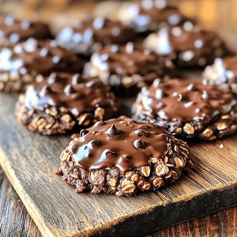 To make these easy no-bake chocolate oatmeal cookies, you need simple, tasty ingredients. Here’s what you’ll need: - 1 cup rolled oats - 1/2 cup creamy peanut butter - 1/2 cup honey or maple syrup - 1/4 cup unsweetened cocoa powder - 1/4 cup coconut oil, melted - 1 teaspoon vanilla extract - 1/4 cup mini chocolate chips (optional) - Pinch of salt Each ingredient plays a key role. Rolled oats give your cookies structure and chew. Creamy peanut butter adds rich flavor and binds everything together. Honey or maple syrup sweetens your cookies while keeping them moist. Unsweetened cocoa powder gives that deep chocolate taste. Coconut oil adds healthy fat and helps the cookies set. Vanilla extract boosts the flavor, making each bite delightful. If you want a little extra sweetness, mini chocolate chips are a great choice. Lastly, a pinch of salt balances the sweetness and enhances the flavors. For the complete recipe, don’t forget to check the Full Recipe section! Each step builds on the last, making these cookies a fun treat you can whip up quickly. To start, gather your ingredients. You need coconut oil, honey or maple syrup, cocoa powder, and peanut butter. In a medium saucepan, mix the coconut oil, honey (or maple syrup), cocoa powder, and peanut butter. Heat this mixture on low. Stir it often until everything melts and blends well. You want it smooth and creamy. Once it’s ready, take it off the heat. Add in the vanilla extract and a pinch of salt. Mix it well. Next, grab a large mixing bowl. Add 1 cup of rolled oats to the bowl. Pour the chocolate mixture over the oats. Stir it all together until every oat is coated with chocolate. If you like, you can fold in 1/4 cup of mini chocolate chips now. This adds extra sweetness and fun! Now, it’s time to shape the cookies. Use a tablespoon or cookie scoop to drop spoonfuls of the mixture onto a parchment-lined baking sheet. Make sure to flatten them slightly. This helps them look like cookies. After shaping, place the baking sheet in the refrigerator. Let the cookies set for at least 30 minutes. When they are firm, they are ready to enjoy! Store any leftovers in an airtight container in the fridge. For the complete recipe, check the section above. Make sure to measure all your ingredients before you start. This will help you mix them easily. Use a non-stick pot to prevent anything from sticking. Keep the heat low while melting your ingredients. This way, you avoid burning the mixture. When dropping the cookies, use a cookie scoop for even sizes. This makes your cookies look nice and neat. To get that perfect texture, mix the oats well into the chocolate mixture. If the mixture feels too wet, add a few more oats. If it’s too dry, add a bit of melted coconut oil. Let the cookies flatten slightly when you scoop them. This helps them set better in the fridge. Refrigerate them for at least 30 minutes to firm up nicely. If you need a nut-free option, try using sunbutter instead of peanut butter. For a vegan treat, use maple syrup and ensure your chocolate chips are dairy-free. You can also swap honey for agave syrup. If you want to reduce sugar, use a sugar substitute that works for baking. These changes will keep the taste delicious while fitting your needs. For the full recipe, check out the [Full Recipe]. {{image_2}} You can easily add nuts or seeds to your cookies. Chopped walnuts, almonds, or sunflower seeds work well. Just mix them in with the oats. This adds a nice crunch and extra nutrients. I enjoy the texture change it brings. You can use about 1/2 cup of your favorite nuts or seeds. Each bite becomes more satisfying and delicious. If you want a healthier choice, try different sweeteners. Instead of honey, use agave syrup or stevia. These options can cut down on sugar. They still provide sweetness without the extra calories. I often use maple syrup for a unique flavor. You can adjust the amount based on your taste preferences. Spices can take your cookies to the next level. Cinnamon adds warmth and a lovely aroma. Nutmeg or ginger can give a spicy kick. Simply add 1/2 teaspoon of your chosen spice to the chocolate mix. This small change makes a big difference. I love experimenting with different spice combos to keep things exciting. To keep your no-bake chocolate oatmeal cookies fresh, store them in an airtight container. This will help maintain their chewy texture and rich flavor. Place parchment paper between layers if you stack them. You can keep them in the fridge for up to one week. If you want to save some for later, freezing is a great option. Just place the cookies in a single layer on a baking sheet. Freeze them for about an hour until firm. Then, transfer them to a freezer-safe bag. They can last up to three months in the freezer. When you're ready to enjoy, let them thaw in the fridge overnight. These cookies stay tasty for about a week when refrigerated. If you freeze them, they keep their flavor and texture for a longer time. Always check for any signs of spoilage, like an off smell or changes in texture. Enjoy them fresh for the best taste! For the full recipe, refer to the earlier sections. No-bake chocolate oatmeal cookies need to set for at least 30 minutes. This time allows them to firm up and hold their shape. If you want them firmer, you can let them sit for longer. Just pop them in the fridge. They will be ready to enjoy after that wait! Yes, you can use quick oats instead of rolled oats. Quick oats will make the cookies softer and less chewy. If you prefer a chewier texture, stick with rolled oats. Both types will still taste great in the cookies. Choose what you like best for your treat! To make these cookies vegan, swap honey for maple syrup. Use a vegan chocolate option if you want to add chocolate chips. The other ingredients, like oats and peanut butter, are already vegan-friendly. This way, you can enjoy a delicious treat without any animal products! No-bake chocolate oatmeal cookies are easy and fun to make. You learned about key ingredients like oats, peanut butter, and cocoa powder. I shared step-by-step instructions to help you create perfect cookies. You also discovered useful tips on texture and substitutions. Finally, I covered storage tips and answered common questions. Try different flavors and enjoy the process! These cookies are a tasty treat that fits many diets.