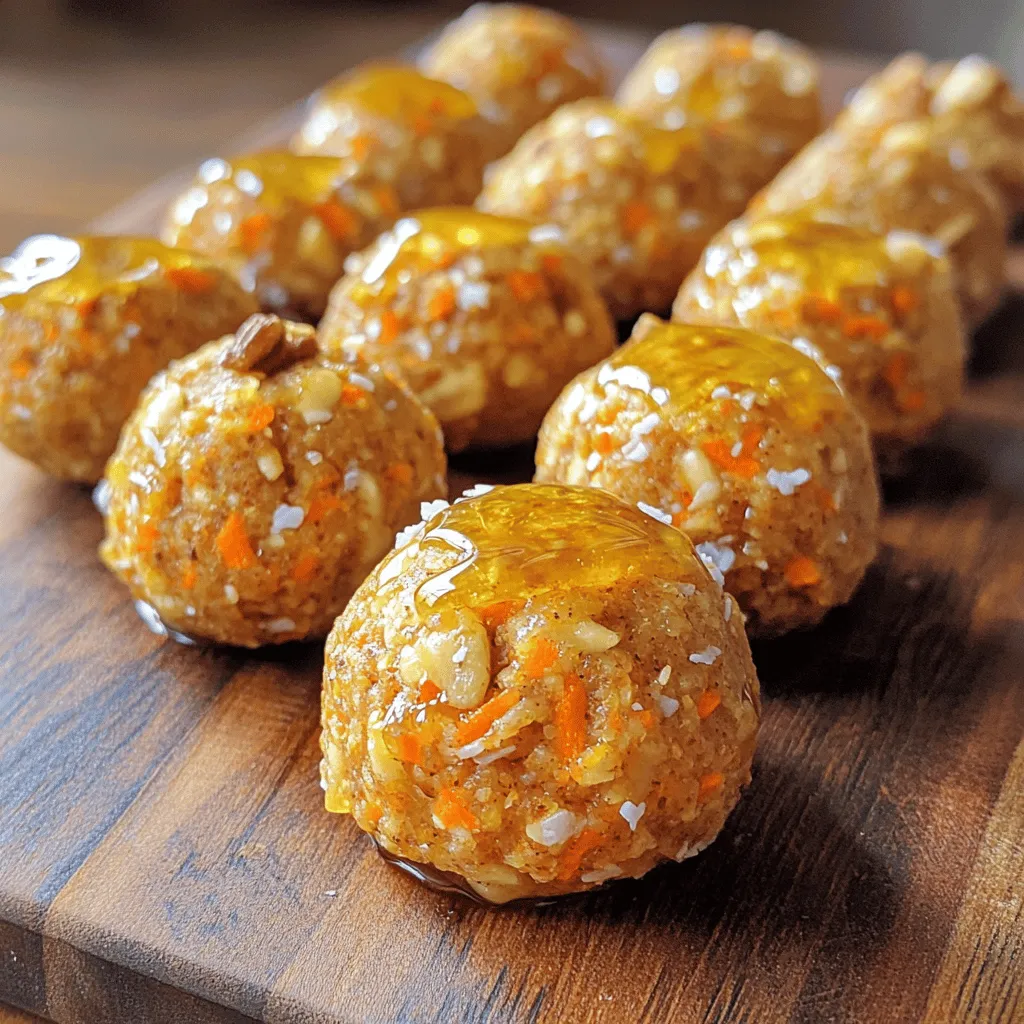 Carrot Cake Energy Bites are a fun, tasty snack. They are easy to make and nutritious. This recipe uses simple ingredients you might already have. You can enjoy them any time of the day. - 1 cup rolled oats - 1 cup almond flour - 1/2 cup grated carrots - 1/4 cup honey or maple syrup - 1/4 cup shredded coconut - 1/2 teaspoon cinnamon - 1/4 teaspoon nutmeg - 1/4 teaspoon allspice - 1/4 cup chopped walnuts (optional) - 1/4 cup raisins - A pinch of salt You can change this recipe to fit your taste. If you want more flavor, add vanilla or ginger. You can swap almond flour for oat flour if needed. For a nut-free version, skip the walnuts. Try dried cranberries instead of raisins for a twist. These changes keep the bites fun and fresh! Start by gathering all your ingredients. You will need rolled oats, almond flour, grated carrots, honey or maple syrup, shredded coconut, and spices. Don't forget the walnuts and raisins if you want them. It helps to have everything ready to go. This makes the process smooth and quick. In a large mixing bowl, combine the rolled oats and almond flour. Then, add the grated carrots and shredded coconut. Mix these dry ingredients well. Use a spoon or your hands to ensure they blend together nicely. This step is key for a good taste and texture. In a separate bowl, whisk together honey or maple syrup with cinnamon, nutmeg, allspice, and a pinch of salt. This mixture adds flavor to your bites. Once it’s smooth, pour it into the dry ingredients. Add in chopped walnuts and raisins if you like. Stir everything until it forms a sticky mixture. It should hold together well. Now, using your hands, scoop small portions and roll them into bite-sized balls. Aim for about one inch in diameter. Place these on a parchment-lined baking sheet. Refrigerate them for at least 30 minutes to help them set. Enjoy these tasty bites right away or store them in an airtight container for later. You can find the full recipe in the earlier sections. To get the right texture for your Carrot Cake Energy Bites, use rolled oats. They give a great base. Almond flour adds a nice softness. Make sure to mix well. This helps bind everything together. If your mix feels too dry, add a touch of honey or maple syrup. You want a sticky feel that holds together easily. Sweetness can vary based on your taste. If you like it sweeter, add more honey or maple syrup. You can also try using mashed bananas or applesauce. These options add sweetness and moisture. Remember to taste your mix before rolling it into bites. Adjust as needed to match your sweet tooth. Carrot Cake Energy Bites are great for snacks or breakfast. You can serve them fresh from the fridge. Pair them with yogurt for a nice treat. They also work well with a cup of tea or coffee. For a fun twist, roll them in crushed nuts or coconut before chilling. This adds a nice crunch and makes them look fancy. Enjoy these bites anytime for a tasty and healthy boost! {{image_2}} You can easily change the nuts and seeds in your energy bites. Try using pecans, hazelnuts, or sunflower seeds. Each nut brings a unique flavor and crunch. If you like a bit of extra protein, add pumpkin seeds. Simply swap them in for the walnuts. You can mix and match to find your favorite blend. Adding extra flavors makes these bites even tastier. Consider adding a splash of vanilla extract. This gives a warm and sweet note. You can also try a sprinkle of ground ginger for a spicy kick. Other options include adding a bit of orange zest or nutmeg. Each addition can change the flavor profile and keep things exciting. Making your energy bites vegan is easy. Just replace honey with maple syrup or agave. For a gluten-free option, make sure to use certified gluten-free oats. This ensures that you can enjoy these bites without worry. You can also use coconut flour instead of almond flour if needed. These changes help everyone enjoy this tasty treat. For the full recipe, check out the detailed instructions above. To keep your carrot cake energy bites fresh, store them in an airtight container. This helps prevent them from drying out or absorbing other smells. You can place them in the fridge for up to a week. If you plan to eat them later, freezing may be a better option. Freezing is a great way to keep your energy bites longer. After you roll them into balls, place them on a baking sheet. Make sure they are not touching. Freeze them for about two hours. Once firm, transfer them to a freezer-safe bag. They can last for up to three months in the freezer. Just remember to label the bag with the date. Carrot cake energy bites stay good in the fridge for about a week. If you freeze them, they can last much longer. Always check for any signs of spoilage, like off smells or mold. When you want a snack, take out a few from the fridge or freezer. Let them sit for a few minutes to soften before enjoying. Yes, you can make these energy bites ahead of time. They stay fresh for about a week in the fridge. Just store them in an airtight container. This makes them a great snack for busy days. You can use agave syrup or brown rice syrup instead. Both work well and add sweetness. If you prefer a less sweet option, try mashed banana or unsweetened applesauce. Adjust the amount based on your taste. To boost nutrition, add seeds like chia or flaxseed. They add fiber and healthy fats. You can also include protein powder for an extra protein kick. Mixing in dried fruit like cranberries or apricots adds flavor and nutrients. In this post, I shared a complete guide to making Carrot Cake Energy Bites. You learned about the key ingredients, step-by-step instructions, and helpful tips to get great texture and flavor. I also covered creative variations and storage tips to keep your bites fresh. These energy bites are easy to customize and perfect for snacks. Enjoy experimenting with flavors and share them with friends!