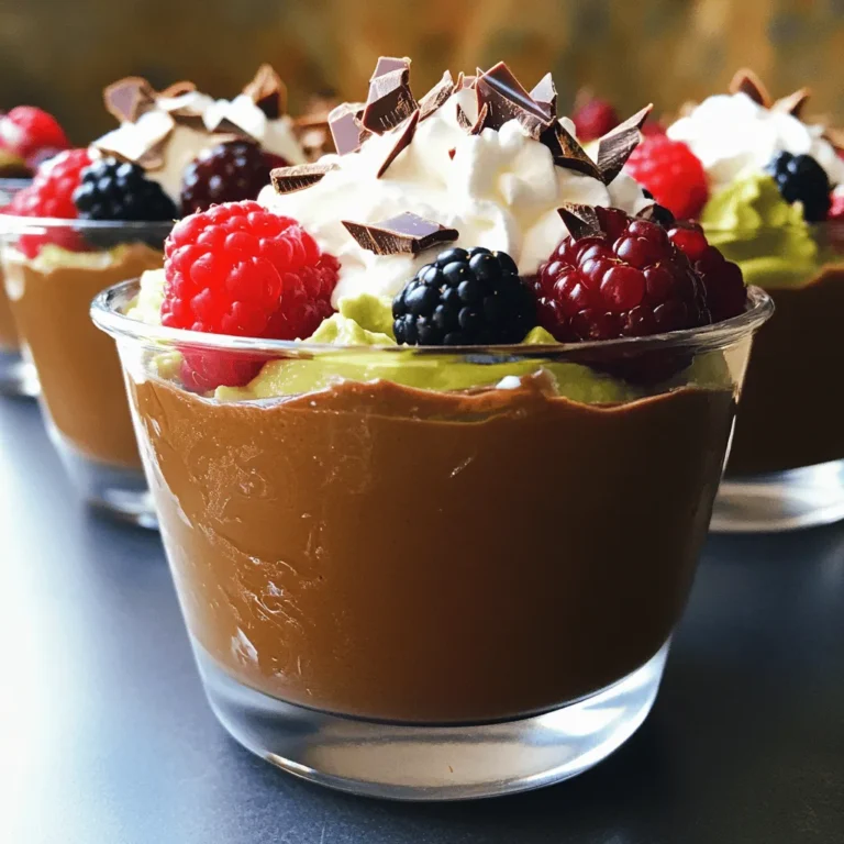 - 2 ripe avocados - 1/2 cup unsweetened cocoa powder - 1/2 cup maple syrup (or agave syrup) - 1/2 cup almond milk (or any plant-based milk) - 1 teaspoon vanilla extract - A pinch of sea salt This vegan chocolate avocado mousse uses simple, tasty ingredients. Ripe avocados give it a creamy base. They blend well with cocoa powder, making it rich in chocolate flavor. Maple syrup adds natural sweetness, while almond milk keeps it light. Vanilla extract enhances the taste, and sea salt balances the flavors. - Coconut whipped cream - Fresh berries - Shaved chocolate Toppings add fun and flair to your mousse. Coconut whipped cream gives a light and fluffy touch. Fresh berries add color and a burst of flavor. Shaved chocolate provides a rich finish. You can mix and match toppings to make your mousse unique. For the full recipe, check out the details to create this delightful dish! - Step 1: Prepare the avocados First, take two ripe avocados. Cut them in half and remove the pits. Use a spoon to scoop the flesh into your blender. Ripe avocados give the mousse a smooth texture. - Step 2: Blend ingredients Next, add the unsweetened cocoa powder, maple syrup, almond milk, vanilla extract, and a pinch of sea salt to the blender. Blend all the ingredients until you have a creamy mixture. If the blend is too thick, add more almond milk as needed. - Step 3: Adjust sweetness and texture Taste your mousse and decide if it needs more sweetness. If it does, add extra maple syrup. For a richer chocolate flavor, you can mix in more cocoa. Blend again to combine. - Step 4: Spoon into bowls After blending, spoon the mousse into individual bowls or glasses. Clear cups work well to show off the rich chocolate color. - Step 5: Chill the mousse Place the filled bowls in the refrigerator. Chill for at least 30 minutes. This helps the mousse firm up and enhances the flavors. - Step 6: Add toppings Before serving, top the mousse with coconut whipped cream, fresh berries, or shaved chocolate. These toppings add flavor and look great. For the full recipe, check the details above. To get that rich, velvety texture, start with ripe avocados. Ripe avocados are soft and creamy, making them blend smoothly. If they are too firm, your mousse will be chunky. Look for avocados that give slightly when you press them gently. Blending duration also matters. Blend the ingredients for about 1 to 2 minutes. Stop and scrape down the sides of the blender to ensure everything mixes well. The longer you blend, the smoother your mousse will be. Sweetness is key for a great mousse. Taste your mixture after blending. If it’s not sweet enough, add more maple syrup. Mix well and taste again. You can keep adjusting until you find your perfect balance. If you want to try something different, use alternative sweeteners. Agave syrup or dates work great too. Each sweetener adds its unique flavor, so experiment to see what you love best. For the full recipe, check out the details above. {{image_2}} You can make this vegan chocolate avocado mousse even more exciting. One great way is by adding espresso or coffee. Just a tablespoon or two of brewed coffee gives the mousse a deeper flavor. It highlights the chocolate and adds richness. If you love coffee, this combo will delight your taste buds. Another option is to incorporate nut butters. Almond butter or peanut butter works well. Just a couple of tablespoons will add creaminess and a nutty twist. This adds healthy fats and makes the mousse even more filling. You can experiment with different nut butters for unique tastes. If you need gluten-free options, you’re in luck! All the ingredients in this recipe are naturally gluten-free. Just make sure your sweeteners and toppings are also gluten-free. This way, everyone can enjoy this treat without worry. For those who need nut-free alternatives, you can switch almond milk for oat milk or soy milk. These options keep the mousse creamy and delicious. Always check labels to ensure no cross-contamination with nuts. This way, you can share this rich dessert with everyone. For the full recipe, check the section above. Enjoy experimenting with these variations! To keep your vegan chocolate avocado mousse fresh, store it in the refrigerator. Use an airtight container. This helps prevent it from absorbing other smells. You can keep it in the fridge for about three days. If you want to store it longer, you can freeze the mousse. Scoop it into an airtight container. Make sure to leave some space for expansion. When you are ready to enjoy it, thaw it in the fridge overnight. The best time to eat the mousse is within three days of making it. It tastes best when fresh. However, if you freeze it, you can enjoy it for up to a month. Just remember, the texture may change slightly after freezing, but the flavor stays rich. For the full recipe, check out the details above. Is avocado mousse healthy? Yes, avocado mousse is very healthy. It uses ripe avocados, which are full of good fats. These fats help your heart and keep you full. The cocoa powder adds antioxidants, making it even better for you. Using maple syrup or agave syrup gives it sweetness without refined sugar. Can I use different types of chocolate? Absolutely! You can use dark chocolate, semi-sweet, or even dairy-free chocolate chips. Each type brings its own flavor. If you want a richer taste, dark chocolate is the best choice. Just make sure the chocolate is vegan if you want to keep it plant-based. How long does the mousse last? The mousse lasts about 3 to 5 days in the fridge. Make sure to cover it well. It helps keep it fresh and tasty. If you want to store it longer, you can freeze it for up to one month. Just thaw it in the fridge before enjoying. What to do if the mousse is too thick? If your mousse is too thick, don’t worry! Just add a little more almond milk. Blend it again until it reaches your desired creaminess. You can add the milk slowly to avoid making it too runny. How can I make it sweeter? To make it sweeter, simply add more maple syrup or agave syrup. Start with a tablespoon and blend well. Taste it after each addition to find the perfect sweetness for you. You can always add more, but you can't take it out! For the full recipe, check out the [Full Recipe]. This blog detailed how to make a rich avocado mousse using simple ingredients. We explored the main components, from ripe avocados to cocoa powder, and discussed blending tips for the perfect texture. Optional toppings can enhance your dessert, and we covered variations to meet dietary needs. In the end, this treat is not just delicious but healthy too. It’s easy to make and fun to customize. Enjoy your creamy creation today!