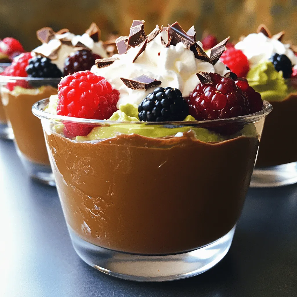 - 2 ripe avocados - 1/2 cup unsweetened cocoa powder - 1/2 cup maple syrup (or agave syrup) - 1/2 cup almond milk (or any plant-based milk) - 1 teaspoon vanilla extract - A pinch of sea salt This vegan chocolate avocado mousse uses simple, tasty ingredients. Ripe avocados give it a creamy base. They blend well with cocoa powder, making it rich in chocolate flavor. Maple syrup adds natural sweetness, while almond milk keeps it light. Vanilla extract enhances the taste, and sea salt balances the flavors. - Coconut whipped cream - Fresh berries - Shaved chocolate Toppings add fun and flair to your mousse. Coconut whipped cream gives a light and fluffy touch. Fresh berries add color and a burst of flavor. Shaved chocolate provides a rich finish. You can mix and match toppings to make your mousse unique. For the full recipe, check out the details to create this delightful dish! - Step 1: Prepare the avocados First, take two ripe avocados. Cut them in half and remove the pits. Use a spoon to scoop the flesh into your blender. Ripe avocados give the mousse a smooth texture. - Step 2: Blend ingredients Next, add the unsweetened cocoa powder, maple syrup, almond milk, vanilla extract, and a pinch of sea salt to the blender. Blend all the ingredients until you have a creamy mixture. If the blend is too thick, add more almond milk as needed. - Step 3: Adjust sweetness and texture Taste your mousse and decide if it needs more sweetness. If it does, add extra maple syrup. For a richer chocolate flavor, you can mix in more cocoa. Blend again to combine. - Step 4: Spoon into bowls After blending, spoon the mousse into individual bowls or glasses. Clear cups work well to show off the rich chocolate color. - Step 5: Chill the mousse Place the filled bowls in the refrigerator. Chill for at least 30 minutes. This helps the mousse firm up and enhances the flavors. - Step 6: Add toppings Before serving, top the mousse with coconut whipped cream, fresh berries, or shaved chocolate. These toppings add flavor and look great. For the full recipe, check the details above. To get that rich, velvety texture, start with ripe avocados. Ripe avocados are soft and creamy, making them blend smoothly. If they are too firm, your mousse will be chunky. Look for avocados that give slightly when you press them gently. Blending duration also matters. Blend the ingredients for about 1 to 2 minutes. Stop and scrape down the sides of the blender to ensure everything mixes well. The longer you blend, the smoother your mousse will be. Sweetness is key for a great mousse. Taste your mixture after blending. If it’s not sweet enough, add more maple syrup. Mix well and taste again. You can keep adjusting until you find your perfect balance. If you want to try something different, use alternative sweeteners. Agave syrup or dates work great too. Each sweetener adds its unique flavor, so experiment to see what you love best. For the full recipe, check out the details above. {{image_2}} You can make this vegan chocolate avocado mousse even more exciting. One great way is by adding espresso or coffee. Just a tablespoon or two of brewed coffee gives the mousse a deeper flavor. It highlights the chocolate and adds richness. If you love coffee, this combo will delight your taste buds. Another option is to incorporate nut butters. Almond butter or peanut butter works well. Just a couple of tablespoons will add creaminess and a nutty twist. This adds healthy fats and makes the mousse even more filling. You can experiment with different nut butters for unique tastes. If you need gluten-free options, you’re in luck! All the ingredients in this recipe are naturally gluten-free. Just make sure your sweeteners and toppings are also gluten-free. This way, everyone can enjoy this treat without worry. For those who need nut-free alternatives, you can switch almond milk for oat milk or soy milk. These options keep the mousse creamy and delicious. Always check labels to ensure no cross-contamination with nuts. This way, you can share this rich dessert with everyone. For the full recipe, check the section above. Enjoy experimenting with these variations! To keep your vegan chocolate avocado mousse fresh, store it in the refrigerator. Use an airtight container. This helps prevent it from absorbing other smells. You can keep it in the fridge for about three days. If you want to store it longer, you can freeze the mousse. Scoop it into an airtight container. Make sure to leave some space for expansion. When you are ready to enjoy it, thaw it in the fridge overnight. The best time to eat the mousse is within three days of making it. It tastes best when fresh. However, if you freeze it, you can enjoy it for up to a month. Just remember, the texture may change slightly after freezing, but the flavor stays rich. For the full recipe, check out the details above. Is avocado mousse healthy? Yes, avocado mousse is very healthy. It uses ripe avocados, which are full of good fats. These fats help your heart and keep you full. The cocoa powder adds antioxidants, making it even better for you. Using maple syrup or agave syrup gives it sweetness without refined sugar. Can I use different types of chocolate? Absolutely! You can use dark chocolate, semi-sweet, or even dairy-free chocolate chips. Each type brings its own flavor. If you want a richer taste, dark chocolate is the best choice. Just make sure the chocolate is vegan if you want to keep it plant-based. How long does the mousse last? The mousse lasts about 3 to 5 days in the fridge. Make sure to cover it well. It helps keep it fresh and tasty. If you want to store it longer, you can freeze it for up to one month. Just thaw it in the fridge before enjoying. What to do if the mousse is too thick? If your mousse is too thick, don’t worry! Just add a little more almond milk. Blend it again until it reaches your desired creaminess. You can add the milk slowly to avoid making it too runny. How can I make it sweeter? To make it sweeter, simply add more maple syrup or agave syrup. Start with a tablespoon and blend well. Taste it after each addition to find the perfect sweetness for you. You can always add more, but you can't take it out! For the full recipe, check out the [Full Recipe]. This blog detailed how to make a rich avocado mousse using simple ingredients. We explored the main components, from ripe avocados to cocoa powder, and discussed blending tips for the perfect texture. Optional toppings can enhance your dessert, and we covered variations to meet dietary needs. In the end, this treat is not just delicious but healthy too. It’s easy to make and fun to customize. Enjoy your creamy creation today!
