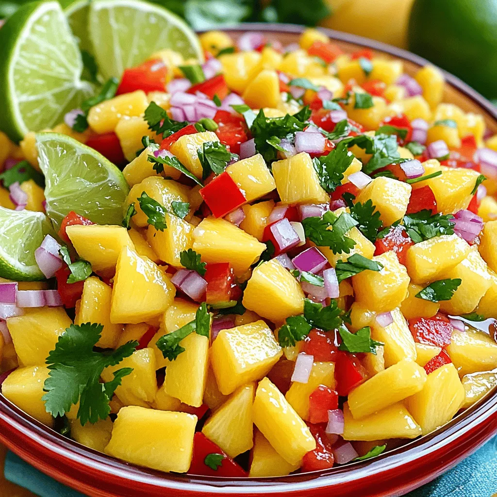 - 2 ripe mangoes, diced - 1 small red onion, finely chopped - 1 red bell pepper, diced - 1-2 jalapeños, deseeded and minced (adjust based on spice preference) - 1 cup fresh pineapple, diced - 1/4 cup fresh cilantro, chopped - 2 tablespoons lime juice - 1 tablespoon honey (or agave syrup) - Salt and pepper to taste Choosing the right ingredients makes all the difference. Fresh, ripe mangoes bring a sweet and juicy flavor. You want to feel excited when you bite into the salsa. When picking mangoes, look for a few signs of ripeness. Choose mangoes that are firm but yield slightly to pressure. A fruity aroma near the stem is also a great sign. The skin color should have a mix of green and yellow. Avoid mangoes with large dark spots or wrinkles. Fresh ingredients always taste better in salsa. Fresh mangoes, onions, and peppers give the best texture and flavor. Canned ingredients can work in a pinch but might lack that bright taste. Choose fresh ingredients for a truly tropical experience. If you can’t find fresh pineapple, opt for canned pineapple in juice, not syrup. Start by gathering all your ingredients. You need two ripe mangoes, one small red onion, one red bell pepper, and fresh pineapple. If you like spice, add one or two jalapeños. First, wash everything well. Then, dice the mangoes, onion, bell pepper, and pineapple into small, even pieces. This helps the flavors mix well. Next, finely chop the cilantro. It adds a nice, fresh taste. In a large mixing bowl, combine the diced mangoes, red onion, and red bell pepper. Gently fold them together with a spatula. This keeps the fruit pieces intact. Now, add the minced jalapeños. Remember, adjust the amount based on how spicy you want it. Then, toss in the fresh pineapple and chopped cilantro. Mix everything together gently. Drizzle two tablespoons of lime juice and one tablespoon of honey over the salsa. Stir gently until all the ingredients are well-coated. Then, taste your salsa. Add salt and pepper to make the flavors pop. If you want, let the salsa rest for 15 to 20 minutes at room temperature. This helps the flavors blend together nicely. For the full recipe, check the instructions above. Enjoy your tropical delight! When making Tropical Mango Salsa, avoid using unripe mangoes. They taste sour and hard. Always choose ripe mangoes for the best flavor. Another mistake is not chopping the ingredients evenly. Uniform pieces help the flavors blend well. Also, don’t skip the resting time. Allowing the salsa to sit for 15-20 minutes makes a big difference in taste. Tropical Mango Salsa is great on its own, but it shines with other dishes. Serve it with tortilla chips for a fun snack. It also works well as a topping for grilled chicken or fish. You can even add it to tacos for a fresh twist. Try it alongside a refreshing salad for a light meal, too. To make your salsa even better, consider adding more ingredients. You can try diced avocado for creaminess. A pinch of cumin gives a warm, earthy taste. If you like heat, add more jalapeños or a dash of hot sauce. Fresh lime zest can also brighten up the salsa. Experiment with these ideas to find your perfect flavor balance. For the full recipe of Tropical Mango Salsa, check the section above! {{image_2}} If you like heat, try adding different peppers. You can use serrano or habanero for more spice. These peppers will give your salsa a nice kick. Adjust the amount based on your taste. Always start with a small amount, then add more if needed. You can switch out ingredients for new flavors. Instead of red bell pepper, use diced cucumber for a cool twist. You might try adding avocado for creaminess. If you want a different fruit, pineapple works great too! Each swap changes the flavor, so have fun experimenting. Seasonal fruits can change this salsa all year. In summer, add fresh peaches or nectarines. In fall, diced apples or pears bring a sweet crunch. This makes the salsa exciting for every season. Keep an eye on what’s fresh in the market. Each season offers a new chance to enjoy your Tropical Mango Salsa. For the full recipe, check out the details above! You want to keep your leftover salsa fresh and tasty. First, allow the salsa to cool if it was warm. Then, place it in a clean container. Make sure the lid fits tightly. This helps keep air out. You can store it in the fridge for later use. I recommend using glass or plastic containers with tight-fitting lids. Glass jars work great because they do not hold odors. Plastic containers are lighter and easier to handle. If you have mason jars, those are perfect too. They keep the salsa fresh and look nice on the table. Your Tropical Mango Salsa will stay good in the fridge for about 3-5 days. If you want to keep it longer, freezing is an option. Transfer the salsa to a freezer-safe container or bag. Leave some space at the top for expansion. You can freeze it for up to 3 months. When you are ready to eat it, thaw it in the fridge overnight. Enjoy that fresh flavor again! For the full recipe, check the earlier section. You can serve Tropical Mango Salsa with many dishes. It goes well with grilled chicken, fish, or shrimp. You can also use it as a dip with tortilla chips. It adds a fresh touch to tacos or burritos. Try it on top of a salad for added flavor. This salsa brightens up any meal! Tropical Mango Salsa lasts about three to five days in the fridge. Make sure to store it in a sealed container. The flavors may change over time, but it stays good to eat. If you notice any unusual smell or color, it’s best to throw it away. Yes, you can make this salsa ahead of time! It tastes even better after chilling. Prepare it a few hours before serving. This allows the flavors to mix well. Just remember to keep it in a sealed container in the fridge for freshness. For the full recipe, check out Tropical Mango Salsa. In this article, we explored the tasty world of Tropical Mango Salsa. We covered key ingredients, how to prepare them, and mixed everything into a delicious salsa. I shared tips to avoid common mistakes and offered fun variations you can try. Remember, fresh mangoes add the best flavor, but canned works too. Store your salsa properly for lasting taste. With these tips, you can create a salsa that brightens any dish. Enjoy making and sharing this delightful treat!