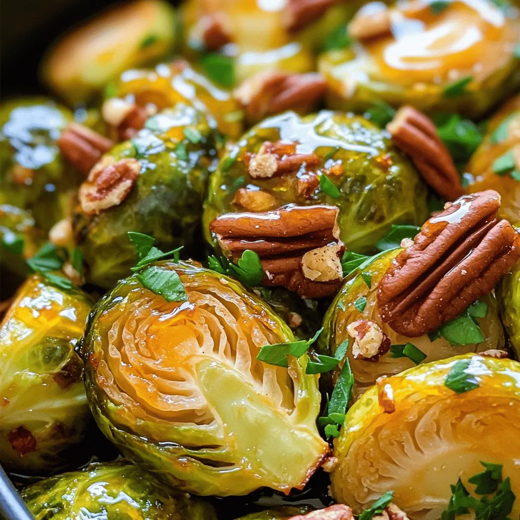 To make this dish, you need a few key items. Here is the list: - 1 pound Brussels sprouts, trimmed and halved - 3 tablespoons olive oil - 1/4 cup pure maple syrup - 1 tablespoon balsamic vinegar - 1 teaspoon Dijon mustard - 1/2 teaspoon garlic powder - Salt and pepper to taste These ingredients create a sweet and savory glaze that will make your Brussels sprouts shine. You can add some optional ingredients to boost the taste: - 1/4 cup chopped pecans - Fresh parsley, chopped for garnish Pecans give a nice crunch, while parsley adds a fresh touch. Feel free to mix and match these options to suit your taste! Understanding the nutrition helps you enjoy this dish guilt-free. Here’s a breakdown per serving: - Calories: Approximately 150 - Protein: 3g - Carbohydrates: 18g - Fat: 7g - Fiber: 4g Brussels sprouts are rich in vitamins and minerals. They are low in calories and high in fiber, making them a healthy choice. For the full recipe, check the section above! First, you need to wash the Brussels sprouts. Trim the ends and cut them in half. Place them in a large bowl. Add olive oil, salt, and pepper. Toss everything together to coat the sprouts well. This step adds flavor and helps them roast evenly. Next, grab a small saucepan. Add the maple syrup, balsamic vinegar, Dijon mustard, and garlic powder. Heat this mix over medium heat. Stir it often until it simmers. Simmering helps blend the flavors. Once it simmers, take it off the heat and set it aside. Now, it's time to roast. Preheat your oven to 400°F (200°C). Spread the coated Brussels sprouts on a baking sheet, cut side down. Roast for 20 minutes. Halfway through, stir them for even cooking. After 20 minutes, they should look golden and tender. Drizzle the maple glaze over the sprouts, then add pecans if you want a crunch. Roast for another 5 minutes. Finally, sprinkle chopped parsley for a fresh touch. For the full recipe, check the earlier section. Enjoy your delicious maple glazed Brussels sprouts! When picking Brussels sprouts, look for bright green ones. They should feel firm and heavy. Avoid any that are yellow or have blemishes. Smaller sprouts tend to be sweeter and more tender. If you can, buy them on the stalk. This keeps them fresher longer. To get that perfect glaze, start with pure maple syrup. Mix it with balsamic vinegar and Dijon mustard for depth. Heat it gently to blend the flavors well. Make sure to stir the glaze as it heats. This helps prevent burning. Drizzle the glaze on the sprouts right after roasting for the best flavor. If you want a crunch, add chopped pecans before roasting. One big mistake is overcooking the Brussels sprouts. This makes them mushy and bitter. Keep an eye on them while they roast. Stir halfway through cooking for even browning. Another mistake is skipping the seasoning. Salt and pepper are key to brightening the dish. Make sure to add them before roasting. For more flavor, try adding garlic powder to the glaze. For more tips, check out the Full Recipe. {{image_2}} You can switch maple syrup for other sweeteners. Honey adds a floral note. Brown sugar gives a deeper caramel taste. Agave syrup is a great vegan choice. Each sweetener changes the flavor a bit. Try adding nuts like walnuts or almonds for crunch. Dried cranberries or raisins add sweetness. You can also mix in cooked bacon for a savory twist. Each option brings a new layer of flavor. To make this dish vegan, use agave syrup instead of honey. Ensure your maple syrup is 100% pure with no additives. You can skip the pecans or use seeds for crunch. These small changes keep the dish plant-based. For the full recipe, check the details above. Store leftover Brussels sprouts in an airtight container. Let them cool first. Keep them in the fridge for up to three days. If you want to keep them longer, freezing is a great option. To reheat, place the sprouts in a skillet over medium heat. Add a splash of water to help steam them. This keeps them moist. Stir often until they are heated through. You can also use a microwave. Heat in 30-second intervals, stirring in between. To freeze, let the sprouts cool completely. Place them in a freezer-safe bag. Remove as much air as possible before sealing. They will last for about three months. When ready to use, thaw them in the fridge overnight. Reheat as described above for the best flavor. For the full recipe, check out the details above. Yes, you can use frozen Brussels sprouts. They will not be as crisp as fresh ones, but they work well. Thaw them first and dry them. This helps the glaze stick better. You may need to adjust the cooking time. Check them often to avoid overcooking. Maple glazed Brussels sprouts pair well with many dishes. They work great with roasted chicken or grilled salmon. You can also serve them with quinoa or mashed potatoes. For a complete meal, add a fresh salad on the side. This mix makes for a colorful plate and a tasty meal. To serve more people, simply double or triple the recipe. Use more Brussels sprouts and increase the glaze ingredients. Make sure to spread the sprouts in a single layer on the baking sheet. This helps them cook evenly. Keep an eye on the roasting time, as larger batches may need a bit longer. For the full recipe, check out the details above. In this post, we explored how to make tasty maple glazed Brussels sprouts. We covered the essential and optional ingredients, step-by-step instructions, and storage tips. Remember to pick fresh sprouts and avoid common mistakes for the best dish. You can switch sweeteners or make it vegan to suit your needs. These tips will help you create a flavorful dish that everyone will love. Enjoy your cooking journey, and let those sprouts shine on your table!