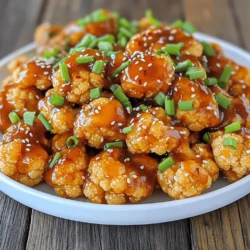 The key to a great General Tso's Cauliflower lies in simple, fresh ingredients. Here’s what you need: - 1 medium head of cauliflower, cut into bite-sized florets - 1 cup cornstarch - 2 teaspoons garlic powder - 1 teaspoon ginger powder - ½ teaspoon salt - ½ teaspoon black pepper - ½ cup vegetable oil (for frying) - 2 tablespoons soy sauce - 2 tablespoons rice vinegar - 2 tablespoons honey or agave syrup - 1 tablespoon sesame oil - 2 cloves garlic, minced - ½ teaspoon crushed red pepper flakes - 2 green onions, chopped (for garnish) - Sesame seeds (for garnish) These ingredients create a crispy cauliflower with a sweet and spicy sauce that’s hard to resist. You can boost the flavor with a few extras. Consider adding: - Fresh ginger slices for a zesty kick - A splash of orange juice for a hint of citrus - Chopped bell peppers for extra crunch - Cashews or peanuts for a nutty, crunchy texture These additions can elevate your dish and make it even more delightful. If you have allergies, there are easy swaps for this recipe. For a gluten-free option, use tamari instead of soy sauce. If you want to avoid honey, agave syrup works just as well. For those avoiding corn, arrowroot powder can replace cornstarch. Feel free to mix and match based on your needs. You can still enjoy this tasty dish with simple changes. For the full recipe, check out the details above. Start by washing the cauliflower. Make sure to remove any leaves. Cut the cauliflower into bite-sized florets. This helps them cook evenly. In a large bowl, mix cornstarch, garlic powder, ginger powder, salt, and black pepper. This mix will give your cauliflower a great flavor. Toss the florets in this mixture until they are well-coated. This step gives them a crispy texture when fried. Next, heat the vegetable oil in a large pan over medium-high heat. You want the oil to be hot but not smoking. Once ready, add the coated cauliflower in batches. Fry them until they turn golden brown and crispy. This usually takes about 4 to 5 minutes per batch. After frying, remove them and place them on paper towels. This helps absorb any extra oil. In a separate saucepan, combine soy sauce, rice vinegar, honey (or agave), and sesame oil over medium heat. Add minced garlic and crushed red pepper flakes to the mix. Stir until everything heats up and thickens a bit. This should take about 2 to 3 minutes. Once ready, add the fried cauliflower to the sauce. Toss to coat each piece well. Cook for an additional 1 to 2 minutes until heated through. Now, your General Tso's cauliflower is ready to serve! You can find the full recipe to guide you through every step. To get your cauliflower crispy, you need a good coating. Use cornstarch for a great crunch. Toss the florets well in the cornstarch mix. Make sure each piece is covered well. Fry in hot oil, and don’t crowd the pan. This lets the heat flow around the cauliflower. Fry each batch for about 4-5 minutes until golden brown. The right tools make cooking easier. You will need a large bowl for mixing. A deep pan or a wok works best for frying. Use a slotted spoon to remove the cauliflower. It helps drain excess oil. A separate saucepan is needed for your sauce. This keeps flavors from mixing while you fry. One common mistake is not frying at the right temperature. If the oil is too cold, the cauliflower will absorb oil and become soggy. If it’s too hot, it will burn outside and stay raw inside. Another mistake is skipping the cornstarch coating. This step adds that crispy texture we all love. Lastly, don’t rush the frying process. Give each batch time to cook properly for the best results. For the complete cooking process, check out the Full Recipe. {{image_2}} Want to add a kick to your dish? Use more crushed red pepper flakes to make it spicy. You can also add a dash of sriracha or chili sauce in the sauce mix. This adds heat while keeping the yummy flavors intact. I love the heat, and it pairs well with the sweetness of the sauce. Mix in broccoli florets for extra nutrition and color. The bright green looks great next to the golden cauliflower. Just steam or sauté the broccoli for a few minutes before adding it to the sauce. This gives you a tasty and balanced dish. Plus, it’s a fun way to get more veggies on your plate. If you need a gluten-free dish, swap soy sauce with tamari. Tamari gives you the same great taste without gluten. Make sure to check the labels of your sauces to be safe. This way, everyone can enjoy General Tso's Cauliflower without worry. You can still get that crispy texture and sweet flavor. For the full recipe, check out the details above! After enjoying General Tso's Cauliflower, let it cool to room temperature. Then, place the leftovers in an airtight container. This helps keep the dish fresh. Store it in the fridge for up to three days. If you want to keep it longer, consider freezing. When you're ready to eat the leftovers, reheat them in the oven. Preheat the oven to 350°F (175°C). Spread the cauliflower on a baking sheet. Bake for about 10-15 minutes until it's warm and crispy again. This method helps maintain the texture. You can also use an air fryer for even better results. To freeze General Tso's Cauliflower, first let it cool completely. Then, place it in a freezer-safe bag or container. Make sure to remove as much air as possible. Label the bag with the date. You can freeze it for up to three months. When you're ready to eat it, thaw it in the fridge overnight before reheating. Yes, General Tso's Cauliflower is vegan. This dish uses plant-based ingredients. The sauce includes soy sauce, rice vinegar, and agave syrup, making it perfect for vegans. The cauliflower itself is also a plant. You can enjoy this dish without any animal products. Yes, you can use fresh cauliflower instead of frozen. Fresh cauliflower gives a better taste and texture. Cut the fresh cauliflower into bite-sized florets before using it in the recipe. This way, you can create a crispy and tasty dish. Make sure to dry the florets well before coating them to avoid excess moisture. You can serve General Tso's Cauliflower with rice or noodles. White rice or brown rice works well. You might also pair it with a fresh salad or steamed vegetables. This adds color and nutrition to your meal. For a full meal, try some light appetizers like spring rolls. These options make your dinner fun and complete. This blog post shared all you need to make tasty General Tso's Cauliflower. We covered the main and optional ingredients, including good substitutions. The step-by-step guide helped you prepare and fry the cauliflower and make the sauce. I shared tips for crispiness and common mistakes to avoid. You learned fun variations and how to store leftovers properly. Finally, we answered key questions about this dish. Enjoy cooking this delight again and again!