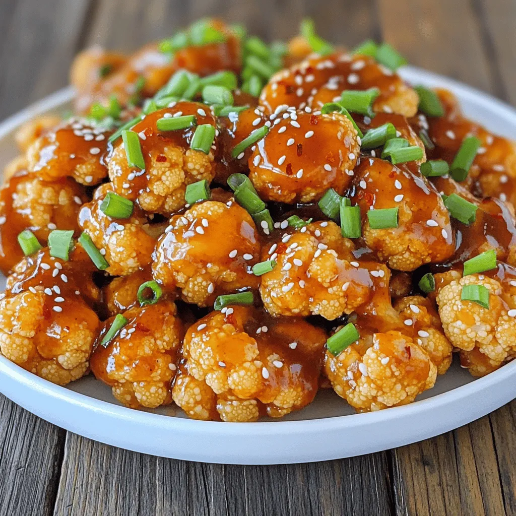 The key to a great General Tso's Cauliflower lies in simple, fresh ingredients. Here’s what you need: - 1 medium head of cauliflower, cut into bite-sized florets - 1 cup cornstarch - 2 teaspoons garlic powder - 1 teaspoon ginger powder - ½ teaspoon salt - ½ teaspoon black pepper - ½ cup vegetable oil (for frying) - 2 tablespoons soy sauce - 2 tablespoons rice vinegar - 2 tablespoons honey or agave syrup - 1 tablespoon sesame oil - 2 cloves garlic, minced - ½ teaspoon crushed red pepper flakes - 2 green onions, chopped (for garnish) - Sesame seeds (for garnish) These ingredients create a crispy cauliflower with a sweet and spicy sauce that’s hard to resist. You can boost the flavor with a few extras. Consider adding: - Fresh ginger slices for a zesty kick - A splash of orange juice for a hint of citrus - Chopped bell peppers for extra crunch - Cashews or peanuts for a nutty, crunchy texture These additions can elevate your dish and make it even more delightful. If you have allergies, there are easy swaps for this recipe. For a gluten-free option, use tamari instead of soy sauce. If you want to avoid honey, agave syrup works just as well. For those avoiding corn, arrowroot powder can replace cornstarch. Feel free to mix and match based on your needs. You can still enjoy this tasty dish with simple changes. For the full recipe, check out the details above. Start by washing the cauliflower. Make sure to remove any leaves. Cut the cauliflower into bite-sized florets. This helps them cook evenly. In a large bowl, mix cornstarch, garlic powder, ginger powder, salt, and black pepper. This mix will give your cauliflower a great flavor. Toss the florets in this mixture until they are well-coated. This step gives them a crispy texture when fried. Next, heat the vegetable oil in a large pan over medium-high heat. You want the oil to be hot but not smoking. Once ready, add the coated cauliflower in batches. Fry them until they turn golden brown and crispy. This usually takes about 4 to 5 minutes per batch. After frying, remove them and place them on paper towels. This helps absorb any extra oil. In a separate saucepan, combine soy sauce, rice vinegar, honey (or agave), and sesame oil over medium heat. Add minced garlic and crushed red pepper flakes to the mix. Stir until everything heats up and thickens a bit. This should take about 2 to 3 minutes. Once ready, add the fried cauliflower to the sauce. Toss to coat each piece well. Cook for an additional 1 to 2 minutes until heated through. Now, your General Tso's cauliflower is ready to serve! You can find the full recipe to guide you through every step. To get your cauliflower crispy, you need a good coating. Use cornstarch for a great crunch. Toss the florets well in the cornstarch mix. Make sure each piece is covered well. Fry in hot oil, and don’t crowd the pan. This lets the heat flow around the cauliflower. Fry each batch for about 4-5 minutes until golden brown. The right tools make cooking easier. You will need a large bowl for mixing. A deep pan or a wok works best for frying. Use a slotted spoon to remove the cauliflower. It helps drain excess oil. A separate saucepan is needed for your sauce. This keeps flavors from mixing while you fry. One common mistake is not frying at the right temperature. If the oil is too cold, the cauliflower will absorb oil and become soggy. If it’s too hot, it will burn outside and stay raw inside. Another mistake is skipping the cornstarch coating. This step adds that crispy texture we all love. Lastly, don’t rush the frying process. Give each batch time to cook properly for the best results. For the complete cooking process, check out the Full Recipe. {{image_2}} Want to add a kick to your dish? Use more crushed red pepper flakes to make it spicy. You can also add a dash of sriracha or chili sauce in the sauce mix. This adds heat while keeping the yummy flavors intact. I love the heat, and it pairs well with the sweetness of the sauce. Mix in broccoli florets for extra nutrition and color. The bright green looks great next to the golden cauliflower. Just steam or sauté the broccoli for a few minutes before adding it to the sauce. This gives you a tasty and balanced dish. Plus, it’s a fun way to get more veggies on your plate. If you need a gluten-free dish, swap soy sauce with tamari. Tamari gives you the same great taste without gluten. Make sure to check the labels of your sauces to be safe. This way, everyone can enjoy General Tso's Cauliflower without worry. You can still get that crispy texture and sweet flavor. For the full recipe, check out the details above! After enjoying General Tso's Cauliflower, let it cool to room temperature. Then, place the leftovers in an airtight container. This helps keep the dish fresh. Store it in the fridge for up to three days. If you want to keep it longer, consider freezing. When you're ready to eat the leftovers, reheat them in the oven. Preheat the oven to 350°F (175°C). Spread the cauliflower on a baking sheet. Bake for about 10-15 minutes until it's warm and crispy again. This method helps maintain the texture. You can also use an air fryer for even better results. To freeze General Tso's Cauliflower, first let it cool completely. Then, place it in a freezer-safe bag or container. Make sure to remove as much air as possible. Label the bag with the date. You can freeze it for up to three months. When you're ready to eat it, thaw it in the fridge overnight before reheating. Yes, General Tso's Cauliflower is vegan. This dish uses plant-based ingredients. The sauce includes soy sauce, rice vinegar, and agave syrup, making it perfect for vegans. The cauliflower itself is also a plant. You can enjoy this dish without any animal products. Yes, you can use fresh cauliflower instead of frozen. Fresh cauliflower gives a better taste and texture. Cut the fresh cauliflower into bite-sized florets before using it in the recipe. This way, you can create a crispy and tasty dish. Make sure to dry the florets well before coating them to avoid excess moisture. You can serve General Tso's Cauliflower with rice or noodles. White rice or brown rice works well. You might also pair it with a fresh salad or steamed vegetables. This adds color and nutrition to your meal. For a full meal, try some light appetizers like spring rolls. These options make your dinner fun and complete. This blog post shared all you need to make tasty General Tso's Cauliflower. We covered the main and optional ingredients, including good substitutions. The step-by-step guide helped you prepare and fry the cauliflower and make the sauce. I shared tips for crispiness and common mistakes to avoid. You learned fun variations and how to store leftovers properly. Finally, we answered key questions about this dish. Enjoy cooking this delight again and again!