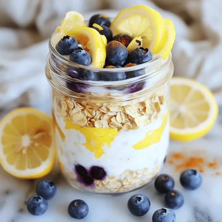 - 1 cup rolled oats - 1 cup almond milk (or any milk of choice) - 1/2 cup Greek yogurt (or plant-based yogurt) These key ingredients form the base of your lemon blueberry overnight oats. Rolled oats give a chewy texture and are filling. Almond milk adds creaminess without extra calories. Greek yogurt brings protein and tang, making your breakfast satisfying. - 1 tablespoon honey or maple syrup (adjust to taste) - Zest of 1 lemon - Juice of 1 lemon - 1/2 teaspoon vanilla extract - 1/2 teaspoon cinnamon Flavor enhancers make your oats pop. Honey or maple syrup adds sweetness. Lemon zest and juice provide a bright zing. Vanilla extract brings warmth, while cinnamon adds depth. Each ingredient works together to create a delightful taste. - 1/2 cup fresh blueberries (plus extra for topping) - Additional sweeteners - Other fruit options Toppings are where you can get creative. Fresh blueberries add color and flavor. You can also add more sweeteners if you like it sweeter. Feel free to mix in other fruits like bananas or strawberries. Each variation adds a unique twist to your breakfast. For the full recipe, check out the Lemon Blueberry Delight Overnight Oats section. To start, mix your rolled oats and almond milk in a medium bowl. Stir well until they blend smoothly. Next, add Greek yogurt, honey or maple syrup, lemon zest, lemon juice, vanilla extract, cinnamon, and a pinch of salt. Mix all these ingredients until they are well combined. This base creates a creamy, tangy mixture that will make your oats taste great. Now, it’s time to add the fresh blueberries. Use a gentle folding technique to mix them into the oat mixture. This helps to keep the blueberries intact and evenly spread. Make sure each spoonful has some blueberries for the best flavor. This step is key to enjoying bursts of sweetness in every bite. After mixing, transfer the oat mixture into a jar or an airtight container. Seal it tightly and refrigerate overnight or for at least 4-6 hours. This chilling time allows the oats to soak up the milk and flavors. When you wake up, the mixture will be thick and ready to eat. Before serving, stir the oats. If they seem too thick, add a splash of milk. Enjoy them topped with extra blueberries and a drizzle of honey or syrup. You will love how easy this breakfast is! For the full recipe, check out the section above. To get the right texture, adjust the milk. Start with one cup of almond milk. If you want creamier oats, add more milk. On the other hand, if you like thicker oats, use less milk. The flavors will improve overnight. They mix together as they sit. The lemon zest and juice wake up the taste. Choose jars or airtight containers for serving. They look nice and keep the oats fresh. For a complete breakfast, serve with nuts or seeds. You can also add a side of fruit or yogurt. This makes it filling and fun. Avoid over-soaking the oats. If they sit too long, they can become mushy. Aim for soaking them overnight or for about six hours. Don’t skip on the lemon zest and juice. They add bright flavor and make the dish special. {{image_2}} You can easily change the taste of your lemon blueberry overnight oats. Try adding nuts or seeds for a nice crunch. Chopped almonds or walnuts work great. You can also add chia seeds for extra fiber. If you want to switch up the fruit, use strawberries or peaches instead of blueberries. Each fruit gives a unique flavor and keeps breakfast fun. If you need gluten-free options, use gluten-free oats. They will taste just as good. For a vegan twist, swap Greek yogurt for a plant-based yogurt. Almond or coconut yogurt are great choices. Make sure to check the labels to ensure they are dairy-free. Citrus fruits can change with the seasons. In winter, try adding a bit of orange zest for a bright touch. In summer, go wild with fresh berries like raspberries or blackberries. You can even mix different berries for a fun flavor explosion. Seasonal fruit makes your breakfast fresh and exciting. For the complete recipe, check out the [Full Recipe]. To keep your lemon blueberry overnight oats fresh, use an airtight container. Glass jars work well. They keep the taste and texture just right. Stored this way, the oats last about 3 to 5 days in the fridge. Check for any signs of spoilage before eating. Making a big batch saves time. You can prepare several jars at once. Just double or triple the recipe. If you want to freeze some, divide them into single servings. They freeze well for up to 3 months. Thaw overnight in the fridge for a quick breakfast. To ensure your oats are safe, check for spoilage. If they smell sour or off, it's best to toss them. Also, look for changes in texture. If they feel slimy or mushy, don’t eat them. Remember, freshness is key to enjoying your lemon blueberry overnight oats. For the full recipe, check out the details above. Yes, you can use quick oats. However, they absorb liquid faster. This may change the texture. Rolled oats give a chewier bite. Quick oats make the mix softer. If you prefer softer oats, go for quick oats. If you want a heartier meal, stick with rolled oats. You can store overnight oats in the fridge for up to five days. They stay fresh and tasty. Just make sure to use an airtight container. The flavors blend nicely over time. If you see any signs of spoilage, it’s best to toss them. Absolutely! You can choose any milk you like. Almond, soy, or oat milk all work well. For yogurt, use Greek or plant-based options. This flexibility allows you to meet your taste and dietary needs. Be sure to adjust sweetness if you switch to flavored yogurt. Add more yogurt or a splash of milk. Blending in a banana or avocado can also help. These ingredients add creaminess without changing the taste much. Experiment with different amounts to find your perfect texture. Yes, feel free to add any fruit you enjoy! Sliced bananas, strawberries, or peaches all make great choices. Just remember that some fruits might change the flavor. Add them right before serving for the best texture. Honey and maple syrup are popular choices. You could also use agave nectar or stevia. Adjust the amount based on your taste. Just remember, less is more if you want to let the lemon shine. Definitely! Make a big batch at once. Use separate containers to store them for the week. This way, you have ready meals for busy mornings. Just grab and go! Yes, you can freeze them! Use freezer-safe containers. Just leave some space for expansion. When you’re ready to eat, thaw them in the fridge overnight. Stir well before serving. No problem! You can swap them for any other fruit. Try raspberries, blackberries, or even chopped apples. The lemon flavor pairs well with many fruits, so feel free to get creative! Serve them cold or warm them up in the microwave. Top with extra fruit, nuts, or seeds. This adds texture and flavor. For a fancy touch, drizzle honey on top before serving. For a complete guide, check out the Full Recipe! Lemon blueberry overnight oats are simple and fun to make. You blend rolled oats, milk, and yogurt for a tasty base. Add fresh blueberries, lemon zest, and your favorite sweeteners for flavor. Always remember to adjust the milk for the right texture and avoid over-soaking. Try different fruits or toppings for variety. Store leftovers in airtight containers, and check for spoilage to stay safe. Enjoy this healthy breakfast that satisfies all tastes and preferences!