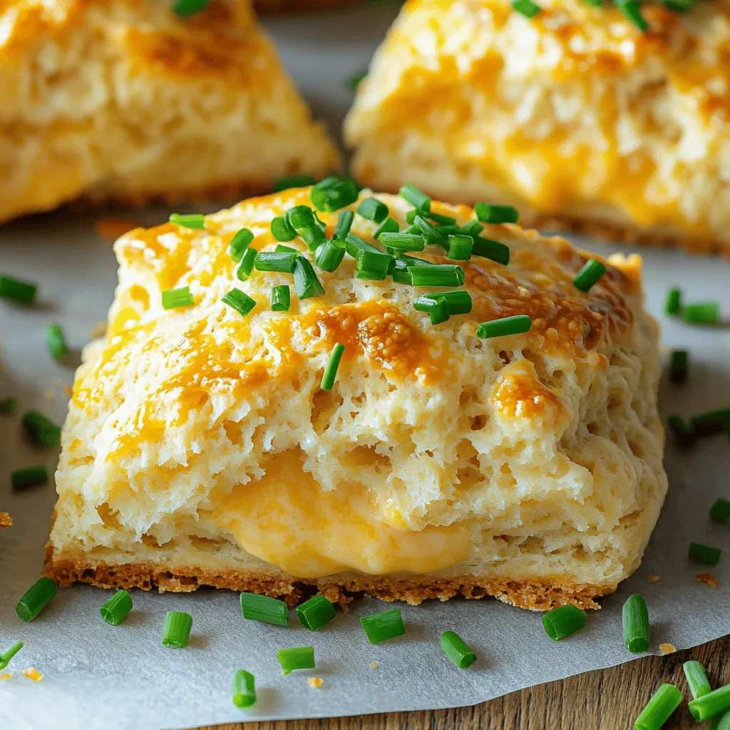 - 2 cups all-purpose flour - 1 tablespoon baking powder - 1/2 teaspoon salt - 1/4 teaspoon black pepper - 1 cup shredded sharp cheddar cheese - 1/2 cup grated parmesan cheese - 1/2 cup cold unsalted butter, cubed - 1/2 cup buttermilk - 1 large egg - Fresh chives, chopped (for garnish) To create these savory cheese scones, start with the main ingredients. All-purpose flour forms the base. You will also need baking powder to help them rise. Salt and black pepper add flavor and balance. For the cheese, I love using sharp cheddar for its bold taste. Parmesan adds a nice depth and richness. You can mix these two or try your favorites. Next, you need some additional ingredients. Cold unsalted butter brings flakiness to the scones. Buttermilk adds moisture and tang. An egg helps bind everything together. Finally, fresh chives give a burst of color and flavor as a garnish. Check the [Full Recipe] for detailed steps and tips to make these cheese scones perfect for any meal! First, preheat your oven to 400°F (200°C). This step helps the scones bake evenly. Next, line your baking sheet with parchment paper. This keeps the scones from sticking and makes cleanup easier. In a large bowl, whisk together the following dry ingredients: - 2 cups all-purpose flour - 1 tablespoon baking powder - 1/2 teaspoon salt - 1/4 teaspoon black pepper Make sure they blend well. The baking powder helps the scones rise. The salt and pepper add flavor. Now, add the cold butter, cut into small cubes. Use your fingers or a pastry cutter to work the butter into the flour mix until it looks like coarse crumbs. This step creates a flaky texture. Next, stir in: - 1 cup shredded sharp cheddar cheese - 1/2 cup grated parmesan cheese Mix well so the cheese spreads evenly throughout the dough. In a separate bowl, whisk together: - 1/2 cup buttermilk - 1 large egg Combine these wet ingredients well. Then, pour them into the dry mix. Gently stir until just combined. Be careful not to overmix, as this can make the scones tough. Turn the dough out onto a lightly floured surface. Pat it into a rectangle about 1 inch thick. Use a sharp knife to cut the dough into squares or triangles. Place them on the lined baking sheet with space between each scone. Bake in the preheated oven for 15-20 minutes. Check for doneness when they turn golden brown on top. Once done, remove them from the oven. Let them cool slightly, then garnish with fresh chives before serving. For the full recipe, check the recipe card. Cold ingredients are key for great scones. Use cold butter and buttermilk. This keeps the scones flaky. If the butter warms up, the dough won’t rise well. Avoid overmixing the dough. Mix until just combined. Overmixing makes the scones tough. You want them light and airy, not dense and chewy. Pair your savory cheese scones with soups or salads. They go well with creamy tomato soup or a fresh garden salad. Enjoy them as a side for brunch too. Serve your scones fresh from the oven. They taste best warm. If you need to reheat, warm them in the oven for a few minutes. Fresh herbs can elevate your scones. Try adding rosemary or thyme for extra flavor. They add a nice touch and make your scones look pretty. Spices can also give your scones a kick. Consider adding a pinch of cayenne or smoked paprika. This adds warmth and depth to the scone's flavor. {{image_2}} You can make your scones pop with fresh herbs. Try adding chopped chives, rosemary, or thyme to the dough. These herbs add flavor and aroma. When pairing herbs with cheese, think about the cheese's strength. For example, chives work well with sharp cheddar. Rosemary shines with creamy goat cheese. Mixing these flavors gives your scones a bright twist. If you love heat, consider adding jalapeños or red pepper flakes. These ingredients create a delicious kick in your scones. For a spicy twist, use pepper jack cheese. This cheese blends well with the heat and adds creaminess. Alternatively, sharp cheddar with red pepper flakes creates a bold flavor. Both options make your scones exciting and full of life. Mixing sweet and savory can create a unique scone experience. Try adding honey or fruit like figs or apples. These ingredients balance well with sharp cheeses like cheddar. Drizzle honey on top before serving for a lovely finish. For a fun twist, serve with a sweet fruit jam. This combination brings new life to your savor cheese scones and makes them hard to resist. For the full recipe, refer to the Savory Cheese Scones section. To keep your savory cheese scones fresh at room temperature, place them in a sealed container. This helps lock in moisture and prevents them from drying out. You can store them this way for up to three days. If you want to enjoy them warm, just pop them in the oven for a few minutes before serving. If you want to save the scones for later, freezing is a great option. First, let the scones cool completely. Then, wrap each scone in plastic wrap. Place them in a freezer bag, and label it with the date. They can last up to two months in the freezer. When you’re ready to eat them, reheat them in the oven at 350°F (175°C) for about 10-15 minutes for the best results. This keeps them soft and tasty. You should check your scones for any signs of spoilage. If they smell off or have an unusual texture, it's best to discard them. Mold is another clear sign that they are no longer good. Always trust your senses; if something seems off, don’t take chances. Enjoy your scones fresh to appreciate their flavor and texture. Savory cheese scones taste best fresh. They last about 2 to 3 days at room temperature. Store them in an airtight container. If you want them to last longer, freeze them. They keep well in the freezer for up to 3 months. To enjoy them later, thaw in the fridge overnight. Reheat in the oven to restore their warmth and crunch. Yes! You can mix and match cheeses. Try mozzarella for a milder taste or feta for a tangy kick. Gouda adds a rich flavor, while blue cheese gives a strong punch. Just keep the total amount of cheese the same as in the recipe. This way, your scones will still rise and stay fluffy. Savory cheese scones pair well with many dishes. Serve them warm with soup for a cozy meal. They also go great with salads, adding a nice texture. Try them with a dollop of cream cheese or butter. For a fun twist, use them as a base for a savory sandwich. Enjoy the flavors of your choice! This article covered how to make savory cheese scones, starting with the must-have ingredients like flour, cheese, and buttermilk. I shared step-by-step instructions to guide you through mixing and baking, plus tips for texture and flavor. Remember, using cold ingredients is key for the best scones. You can customize these scones with herbs or spices for fun twists. With proper storage, you can enjoy them fresh or reheated later. Dive into baking, and enjoy your delicious creations!