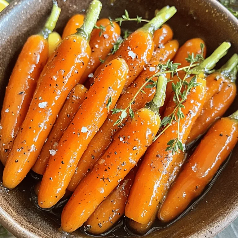 When making maple glazed carrots, you only need a few simple ingredients. Each one adds to the sweet and savory taste of this dish. Here’s what you’ll need: - 1 lb baby carrots (or regular carrots, peeled and cut into sticks) - 2 tablespoons unsalted butter - 3 tablespoons pure maple syrup - 1 tablespoon fresh thyme leaves (or 1 teaspoon dried thyme) - Salt and pepper to taste - 1 teaspoon lemon juice (optional, for brightness) With these ingredients, you can create a dish that shines on any table. The maple syrup brings a sweet flavor, while the butter adds richness. Fresh thyme gives a lovely herbal note. Don't forget the salt and pepper for balance! You can even add lemon juice for a hint of brightness that cuts the sweetness. First, wash your carrots well. If you use regular carrots, peel them and cut them into even sticks. Uniform sizes help them cook evenly. Baby carrots can skip the peeling and cutting steps, making prep quick and easy. Next, grab a large skillet and place it on medium heat. Add two tablespoons of unsalted butter to the skillet. Let it melt and bubble gently. Once the butter melts, add your prepared carrots. Stir them occasionally for about five minutes. You want them to soften and brighten in color. Now it’s time for the sweet part! Drizzle three tablespoons of pure maple syrup over the carrots. Add one tablespoon of fresh thyme leaves for a burst of flavor. Toss the carrots until they are well coated. Keep cooking for another five to seven minutes. Stir them often. The maple syrup will thicken and create a beautiful glaze. Finally, season with salt and pepper to taste. If you like, add a teaspoon of lemon juice for a bright finish. This step balances the sweetness and adds a nice zing. Enjoy your maple glazed carrots as a delicious side dish! For the full recipe, click here. To get the best glaze on your carrots, cook them just right. Aim for about 10 to 12 minutes of cooking time. You want them tender but still slightly crisp. Start with medium heat. This allows the butter to melt well and prevents burning. Keep stirring the carrots to coat them evenly in the maple syrup. If they start to brown too quickly, lower the heat a bit. To boost the flavor, think about herbs. Fresh herbs like parsley or dill can add a nice touch. You can also try adding some garlic for a savory kick. If you want to switch things up, use honey or agave instead of maple syrup. This gives a different sweetness that works well, too. {{image_2}} You can mix maple glazed carrots with other veggies. Try green beans, Brussels sprouts, or parsnips. These vegetables add color and flavor. When using different veggies, adjust the cooking time. For example, green beans cook faster than carrots. Cut vegetables into similar sizes for even cooking. This way, everything cooks together well. Adding nuts gives a nice crunch to your maple glazed carrots. Walnuts and pecans work great here. Toast the nuts for extra flavor. To do this, heat them in a dry pan over medium heat. Stir often until they turn golden and smell good. Mix the toasted nuts into the glazed carrots in the last few minutes of cooking. This adds a lovely texture and taste. Try this twist for a fun upgrade to the dish! For the full recipe, check the previous sections. To keep your maple glazed carrots fresh, use an airtight container. Glass or plastic containers work well. Store them in the fridge for up to four days. Make sure they cool down before sealing the container to avoid steam buildup. Reheat your carrots gently to maintain their glaze. The best method is to use a skillet over low heat. Add a splash of water to help steam them. Stir often to keep the glaze from burning. You can also use the microwave. Heat in short bursts, stirring between each to ensure even warming. Yes, you can use frozen carrots. Frozen carrots save time and are easy to find. They are often pre-cut and ready to cook. However, they may not have the same crisp texture as fresh carrots. When cooked, frozen carrots can become softer. To use them, just thaw and sauté as you would fresh carrots. You might need to adjust the cooking time. Start with less time and check for doneness. Maple glazed carrots pair well with many main courses. They add a sweet touch to savory dishes. Some great options include: - Roast chicken or turkey - Grilled pork chops - Baked salmon - Vegetarian lasagna - Quinoa and black bean salad These dishes balance the sweetness of the carrots nicely. Feel free to mix and match based on your meal! To make maple glazed carrots vegan, swap out the butter. Use coconut oil or vegan butter instead. As for the maple syrup, you can keep it since it is already vegan. If you want a unique twist, try agave syrup or brown rice syrup. These options keep the sweetness intact while catering to a vegan diet. Enjoy your dish without losing flavor! This post covered how to make delicious maple glazed carrots. You learned the key ingredients, step-by-step instructions, and helpful tips. Variations, like adding nuts or other veggies, can enhance the dish. Proper storage and reheating ensure your carrots stay tasty. Enjoy trying this simple recipe. Your meals will shine with these flavorful carrots.