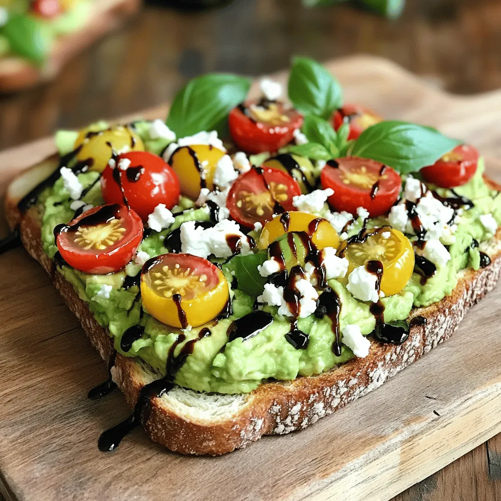 - Ripe avocados - Cherry tomatoes - Fresh basil Fresh produce is key to a great avocado toast. Choose ripe avocados, as they add creaminess. Look for ones that yield slightly when you press them. Cherry tomatoes bring a burst of flavor. Halve them to make them easy to eat. Fresh basil adds a bright, herbaceous note. Use it chopped or torn for the best taste. - Whole grain bread - Olive oil - Balsamic glaze - Lemon juice - Salt and pepper Pantry staples complete this dish. Whole grain bread provides a hearty base. Toast it until it's golden and crisp. Olive oil adds richness, while balsamic glaze offers a hint of sweetness. A splash of lemon juice brightens the avocado. Don’t forget salt and pepper to enhance the flavors. - Feta cheese Feta cheese is a must for this recipe. Its salty, tangy flavor pairs well with the creamy avocado. Crumble it over the toast for the perfect finish. This adds a nice texture contrast and a punch of taste. For the full recipe, check out the instructions. Each ingredient plays an important role in creating a delicious avocado toast that is simple yet delightful. Start with the bread. I use whole grain bread for a hearty base. Toast it until golden brown. This usually takes about 5 minutes in the toaster. If you prefer, you can use a grill pan. Aim for a nice crunch on the outside. This gives your toast the right texture. Next, I focus on the avocados. Choose ripe ones and cut them in half. Remove the pit carefully and scoop the flesh into a bowl. Add lemon juice, salt, and pepper for flavor. Then, mash the avocado with a fork. You can choose how smooth or chunky you want it. I like mine with a bit of texture. Now, it’s time for the tomatoes. Take your halved cherry tomatoes and place them in a bowl. Add olive oil and chopped basil. Mix them well until the tomatoes are coated evenly. This step ensures every bite is full of flavor. Once the toast is ready, spread the mashed avocado generously on each slice. Then, sprinkle crumbled feta cheese on top. This adds a creamy, salty kick. Next, spoon the tomato mixture over the feta. Finish by drizzling balsamic glaze over the toast. This adds a sweet touch that ties everything together. For the complete recipe, refer to the [Full Recipe]. To make your avocado smooth, mash it well with a fork. Add lemon juice, salt, and pepper to enhance the flavor. If you like it chunky, simply mash it less. Leave some pieces intact for a nice bite. For crispy toast, choose whole grain bread. Toast it until golden brown, about five minutes. Use a toaster or grill pan for best results. If you want extra crunch, brush the bread lightly with olive oil before toasting. To take the taste to the next level, think about extra seasonings. A pinch of garlic powder or a sprinkle of chili flakes can add a nice kick. You can also mix in some chopped herbs, like cilantro or parsley. Try adding spices like smoked paprika or cumin. They will bring warmth and depth to your avocado toast. Just sprinkle a little on top after you spread the avocado. Make your toast look great with some creative serving ideas. Use a wooden cutting board or a colorful platter to display your toasts. Arrange them neatly in a row for a clean look. Garnish with whole basil leaves for a pop of green. Drizzle extra balsamic glaze on top for a sweet touch. This not only adds flavor but also makes the dish more inviting. For the full recipe, you can refer to the section above on Avocado Delight Toast with Feta & Cherry Tomatoes. {{image_2}} You can switch up the bread type for your avocado toast. Use sourdough, rye, or even gluten-free bread. Each type brings its own flavor and texture. For the feta cheese, try goat cheese or even a vegan option. These swaps can change the taste while keeping it delightful. Feel free to add other vegetables to your toast. Sliced radishes, cucumbers, or spinach can brighten the dish. You can also mix flavors. Try adding a spicy pepper or some olives. These additions create a new taste experience with every bite. Want to make it vegan-friendly? Simply replace feta with tofu or a nut-based cheese. It still tastes great! If you need gluten-free options, use gluten-free bread. You can enjoy this recipe without worry, keeping it tasty and suitable for everyone. To keep your avocado toast fresh, store it in an airtight container. Place slices of toast in a single layer. If you have leftover toppings, separate them in another container. This keeps the toast from getting soggy. For mashed avocado, add a bit of lemon juice on top. This helps slow down browning. Cover the bowl tightly with plastic wrap or a lid. When reheating your toast, avoid the microwave if you can. It makes the bread chewy. Instead, use a toaster or an oven to warm it up. Preheat your oven to 350°F (175°C). Place the toast on a baking sheet for about 5 minutes. This keeps it crispy and fresh. Can you freeze avocado toast? Yes, but it’s best to freeze the components separately. Toast the bread first, then let it cool. Wrap each slice in plastic wrap and place them in a freezer bag. For avocado, mash it and store it in a sealed container. To defrost, place the toast in the fridge overnight. Thaw the avocado on the counter for a few hours. After thawing, mix it with a bit of lemon juice to revive its flavor. Enjoy your avocado delight toast fresh! For the full recipe, refer back to the beginning. For avocado toast, use ripe avocados. They should feel slightly soft when you press them gently. If they are too hard, wait a few days for them to ripen. A ripe avocado will have dark skin and may yield to light pressure. If you have overripe avocados, they may be brown inside. They won’t taste good in your dish. If you want a cheese swap, try goat cheese or ricotta. Both have a creamy texture and delicious taste. For a non-dairy option, use a plant-based feta made from nuts or tofu. These options will change the flavor slightly, but they can still make your toast tasty. Avocado toast is best fresh, but you can store it for a short time. If you have leftovers, keep them in the fridge for up to one day. The bread may get soggy, and the avocado will brown. To prevent browning, sprinkle lemon juice on the avocado before storing. You can prepare some parts ahead of time. Toast the bread just before serving for the best crunch. You can mash the avocado and mix the tomatoes in advance. Just add a bit of lemon juice to the avocado to keep it fresh. Assemble the toast right before eating for the best flavor. Pair your avocado toast with fresh fruit or a simple salad for a light meal. A glass of freshly squeezed juice or a cup of coffee works well, too. If you want a heartier dish, add poached or fried eggs on top. These sides will enhance your meal and add variety. In this blog post, we explored making delicious avocado toast. We covered fresh produce like ripe avocados and cherry tomatoes. You learned to prepare and mash avocado and mix a tasty tomato topping. We also shared tips for the perfect texture and flavor. Don't forget about variations, dietary swaps, and smart storage hacks. The right avocado and cheese can elevate your dish. Now, go create your perfect avocado toast and enjoy every bite.