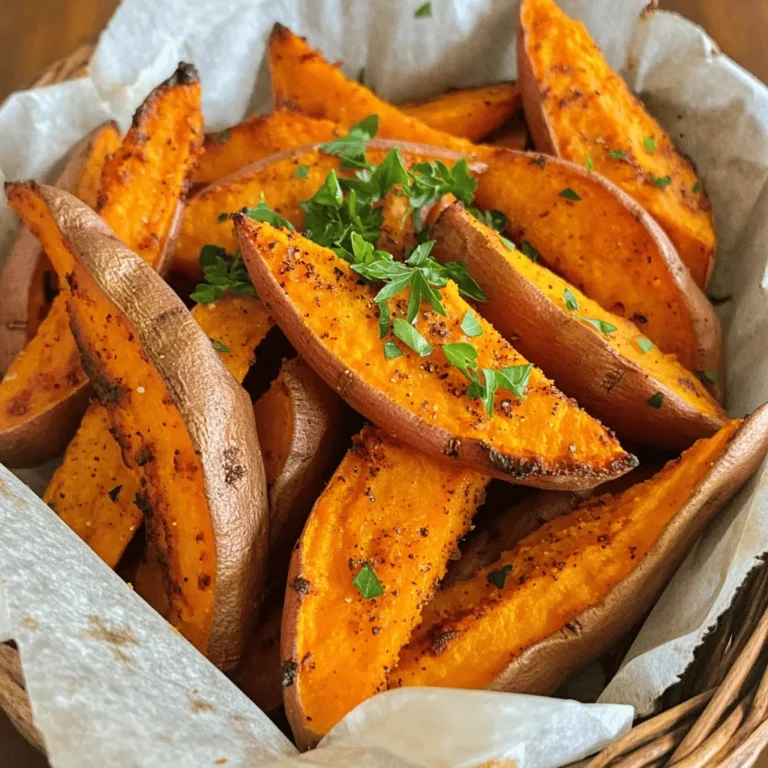 - 2 large sweet potatoes, washed and scrubbed - 3 tablespoons olive oil - 1 teaspoon smoked paprika - 1 teaspoon garlic powder - 1 teaspoon onion powder - ½ teaspoon sea salt - ¼ teaspoon black pepper Sweet potatoes are the star of this dish. They have a natural sweetness and a creamy texture. Olive oil helps the wedges crisp up in the oven. The seasonings add flavor and depth to each bite. I love using smoked paprika for a hint of smokiness. Garlic and onion powder give that savory kick. Sea salt and black pepper enhance everything, making it all taste better. - Fresh parsley, chopped (for garnish) Fresh parsley adds a pop of color and freshness. It looks great on the plate. Plus, it gives a nice, herbal taste that brightens the dish. You can sprinkle it on right before serving to impress your guests. - Additional spices (cayenne pepper, cumin) If you want more heat, add cayenne pepper. It gives the wedges a spicy kick. Cumin adds warmth and earthiness. Feel free to mix and match these optional spices to suit your taste. Each add-in can change the flavor profile and make these wedges even more fun to eat. For the full recipe, check out the detailed instructions. 1. Preheat your oven to 425°F (220°C). This high heat helps the wedges become crispy. 2. Cut the sweet potatoes into wedges that are about 1 inch thick. This thickness allows for even cooking. Use a sharp knife and make sure to cut carefully. 1. In a large bowl, combine the following ingredients: - 3 tablespoons olive oil - 1 teaspoon smoked paprika - 1 teaspoon garlic powder - 1 teaspoon onion powder - ½ teaspoon sea salt - ¼ teaspoon black pepper 2. Mix well until the seasonings blend together. This mixture will add great flavor to the sweet potato wedges. 1. Spread the seasoned wedges on a baking sheet lined with parchment paper. Make sure they do not overlap. This ensures that each wedge cooks evenly and gets crispy. 2. Bake for 25-30 minutes. Flip the wedges halfway through. This helps them brown on all sides. They are done when they are golden brown and crispy around the edges. 3. Let them cool for a few minutes after baking. This cooling time helps maintain their crispiness. You can find the full instructions in the [Full Recipe]. Enjoy your crispy and flavorful treat! To get that crispy finish on your sweet potato wedges, you need the right oven temperature. I recommend baking at 425°F (220°C). This high heat helps create a nice crust while keeping the inside soft. Flipping the wedges halfway through baking is key. Use a spatula to gently turn them over. This allows both sides to crisp up evenly. If you have leftovers, you want to keep them crispy. First, let the wedges cool completely. Then, store them in an airtight container in the fridge. Avoid stacking them on top of each other. This keeps moisture away and helps maintain their crunch. One common mistake is overcrowding the baking sheet. If the wedges are too close, they will steam instead of crisp. Make sure to leave space between each wedge. Another mistake is not seasoning enough. Sweet potatoes have a naturally sweet taste, but they need flavor. Use the full amount of spices listed in the Full Recipe. You can adjust based on your taste, but don’t skip the seasoning. {{image_2}} You can change the flavor of your baked sweet potato wedges easily. For a spicy kick, add cayenne pepper or chili powder to your seasoning mix. This will make your wedges hot and full of flavor. If you prefer a sweet taste, sprinkle some cinnamon and brown sugar on the wedges before baking. This combo gives a warm, sweet flavor that pairs well with the natural sweetness of sweet potatoes. You can cook sweet potato wedges in different ways. The air fryer is a great option. Preheat your air fryer to 400°F (200°C). Cook the wedges in a single layer for about 15 to 20 minutes. Shake the basket halfway through for even cooking. Grilling is another fun method. Heat your grill to medium-high. Brush the wedges with olive oil and place them on the grill. Cook for about 5 to 7 minutes on each side. This adds a smoky flavor that is hard to resist. Baked sweet potato wedges taste great with dips. Try serving them with garlic aioli, ranch dressing, or a spicy yogurt dip. These dips bring out the flavors of the wedges. For side dish ideas, pair your wedges with grilled chicken, fish tacos, or a fresh salad. They make a colorful and tasty addition to any meal. For the complete recipe, check out the Full Recipe section. You can store your baked sweet potato wedges in the fridge for up to 5 days. Make sure they cool down first. Once cool, place them in an airtight container. This keeps them fresh and ready for your next meal. To freeze your sweet potato wedges, follow these steps: 1. Let the wedges cool completely after baking. 2. Arrange them in a single layer on a baking sheet. 3. Freeze for about 1 hour until solid. 4. Transfer the frozen wedges to a freezer-safe bag. 5. Label the bag with the date for easy tracking. Tips for maintaining texture: - Do not stack the wedges when freezing. - Remove as much air as possible from the bag. - For best results, consume within 3 months. You have three great options for reheating: oven, microwave, or air fryer. - Oven: Preheat to 400°F (200°C). Spread the wedges on a baking sheet and heat for about 10-15 minutes. This keeps them crispy. - Microwave: Place a few wedges on a microwave-safe plate. Heat for 1-2 minutes. Note that they may not be as crispy as baking. - Air Fryer: Set your air fryer to 375°F (190°C). Heat for about 5-7 minutes. This method gives a nice crunch back to the wedges. Using these methods ensures your baked sweet potato wedges stay tasty and enjoyable! To make your sweet potato wedges crispier, follow these tips: - Use High Heat: Bake at 425°F (220°C) for better crisping. - Cut Evenly: Make sure your wedges are 1-inch thick for even cooking. - Don’t Overcrowd: Spread them out on the baking sheet. Give them space to crisp. - Pat Dry: Dry the wedges after washing. Less moisture means more crunch. These steps help create that perfect crispy texture. Yes, you can use other potatoes. Here are some good options: - Russet Potatoes: These are starchy and get crispy. - Yukon Golds: Creamy and flavorful, they also roast well. - Fingerling Potatoes: They add a fun shape and taste. Feel free to experiment with these alternatives. Beyond the basic recipe, you can try these spices: - Cayenne Pepper: Adds heat for a spicy kick. - Cinnamon: For a sweet twist, mix it with brown sugar. - Cumin: Offers a warm, earthy flavor. Mix and match to find your favorite combo. Look for these signs to know they are ready: - Color: They should be golden brown. - Crispiness: The edges should feel crisp to the touch. - Fork Test: A fork should slide in easily without resistance. These cues will help you serve delicious wedges every time. Baked sweet potato wedges are a delicious treat you can easily make. We covered the key ingredients, prep steps, and baking techniques to achieve crispiness. Remember to store leftovers properly to keep them tasty. Try different spices and cooking methods to find your favorite flavor. With these tips, you’ll be a sweet potato wedge pro in no time. Enjoy your cooking adventure and share your tasty creations!