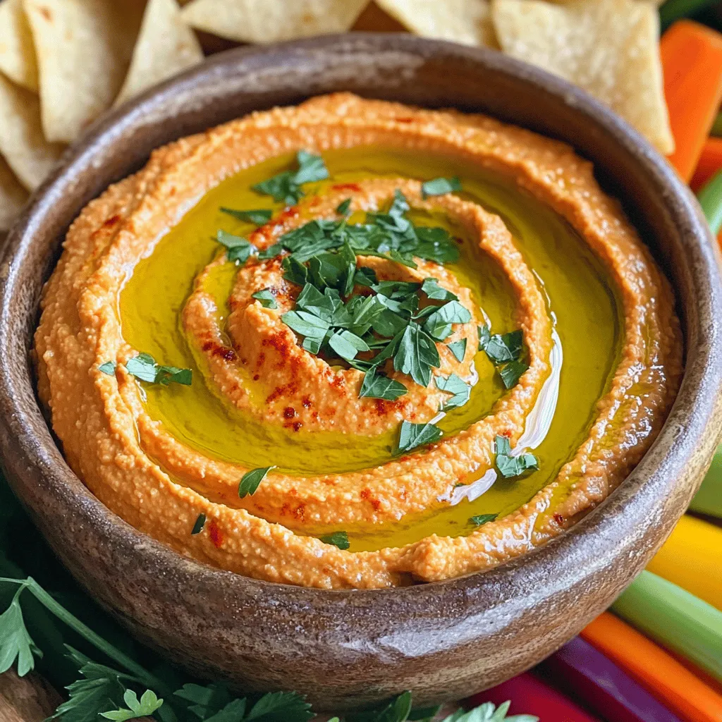 To make roasted red pepper hummus, gather these simple ingredients: - 1 can (15 oz) chickpeas, drained and rinsed - 1 large roasted red pepper (jarred or homemade) - 2 tablespoons tahini - 2 tablespoons olive oil - 1 clove garlic, minced - 1 tablespoon lemon juice - 1/2 teaspoon ground cumin - 1/2 teaspoon smoked paprika - Salt to taste - Water as needed for consistency - Fresh parsley, for garnish - Pita chips or vegetable sticks, for serving You can use fresh or jarred roasted red peppers. Fresh peppers offer a bright flavor. Roast them yourself for a smoky taste. This takes time, but it’s worth it. Jarred peppers are easy and quick. They are already cooked and ready to use. Look for jars packed in water or oil. Avoid those with added preservatives. Chickpeas are the star of this hummus. When choosing canned chickpeas, check the label. Go for those with no added salt or preservatives. For a fresher option, try dried chickpeas. Soak them overnight and cook them until soft. This gives you a great texture and flavor in your hummus. Remember to rinse the chickpeas well. This helps remove extra salt and improves taste. You can find the full recipe for more details on making this delicious hummus. Making roasted red pepper hummus is fun and easy. You will blend simple ingredients in a food processor. In just ten minutes, you will have a tasty dip ready to serve. 1. Combine Ingredients: Start by adding the drained chickpeas to your food processor. Next, add the roasted red pepper, tahini, olive oil, minced garlic, lemon juice, ground cumin, smoked paprika, and salt. 2. Blend Until Smooth: Turn on the food processor. Blend the mixture until it is creamy and smooth. If it feels too thick, don’t worry. You can add water one tablespoon at a time. 3. Taste and Adjust: Once blended, taste your hummus. If it needs more flavor, add extra salt or lemon juice. Blend again to mix well. 4. Serve: Transfer the hummus to a bowl. Drizzle a little olive oil on top, and sprinkle fresh parsley as a garnish. 5. Enjoy with Dippers: Serve your delicious hummus with pita chips or fresh vegetable sticks. To get the right texture, always start with less water. You can add more as needed. If your hummus is too thin, blend in more chickpeas or tahini. For an extra smooth finish, blend longer to break down any lumps. For the full recipe, check out the details provided above. Enjoy creating your hummus! To make your roasted red pepper hummus even better, try adding spices. Ground coriander adds a nice zest. You can also mix in a pinch of cayenne pepper for heat. If you love herbs, fresh basil or cilantro can brighten the taste. Experiment with these spices to find your favorite blend. To keep your hummus fresh, store it in an airtight container. This helps prevent it from drying out. You can also drizzle a little olive oil on top before sealing. This keeps the top moist and adds flavor. Fill the container as much as possible to limit air exposure. Making hummus ahead of time is easy. You can prepare it a day before your event. Just keep it in the fridge in an airtight container. When you are ready to serve, give it a quick stir. If the texture seems thick, add a bit of water to loosen it up. This method saves time and ensures your dish is ready to impress. For the full recipe, check the details above. {{image_2}} Herbs can make your hummus shine. Fresh herbs add taste and color. You can try parsley, basil, or cilantro. Just chop them finely and mix them in. I love adding a handful of fresh parsley. It brightens the dish and adds a nice crunch. If you like heat, this is for you! To make your hummus spicy, add jalapeños or red pepper flakes. Start with a small amount and taste as you go. This way, you control the heat. I often add one chopped jalapeño to the mix. It brings a lively kick that wakes up the flavors. You can adapt this recipe to fit your needs. If you want a nut-free version, skip the tahini. Instead, use sunflower seed butter for creaminess. For a low-sodium option, rinse the chickpeas well. You can also use low-sodium broth instead of water. This way, you keep the flavor while lowering salt. For a vegan option, this recipe is already perfect! You can serve it with veggies or whole grain crackers. Explore these variations to make the hummus your own. For the full recipe, check out the details above. To keep your roasted red pepper hummus fresh, store it in an airtight container. This helps prevent air from drying it out. Make sure to use a clean spoon every time you scoop out some hummus. That way, you avoid introducing bacteria. Always refrigerate your hummus right after serving to keep it cool. When stored properly in the fridge, roasted red pepper hummus lasts about 4 to 7 days. If you notice any off smells or changes in texture, it's best to throw it away. Always check for signs of spoilage before enjoying. Yes, you can freeze roasted red pepper hummus! Place it in a freezer-safe container, leaving some space at the top. Hummus expands when it freezes. It stays good for about 3 months. When ready to eat, thaw it in the fridge overnight. Stir well before serving. You might need to add a touch of olive oil or water for creaminess. For the full recipe and more tips, check out the [Full Recipe]. Hummus is not just tasty; it is also healthy. It is high in protein, which helps build muscles. Chickpeas, the main ingredient, are rich in fiber. Fiber aids digestion and keeps you full longer. Hummus also contains healthy fats from olive oil and tahini. These fats support heart health. Plus, hummus is low in calories, making it a smart snack choice. Eating hummus can help you control your weight. You can dip veggies or whole-grain pita chips for extra nutrition. Yes, you can use dried chickpeas instead of canned ones. However, you need to soak and cook them first. Soaking helps soften the chickpeas and reduce cooking time. After soaking overnight, boil them until tender. This may take 1 to 2 hours. Once cooked, drain and rinse them. Then, you can use them just like canned chickpeas in the recipe. Using dried chickpeas may give a fresher taste. It also allows you to control the salt content. You can buy quality roasted red pepper hummus at many grocery stores. Look for it in the deli or refrigerated section. Some stores have fresh-made options that are very good. You can also find it at health food stores or specialty markets. Many brands sell hummus online as well. Always check the ingredients. Choose brands with natural ingredients and no preservatives. Making your own is also easy and fun. You can find the full recipe above! Roasted red pepper hummus is easy to make with fresh or jarred peppers and quality chickpeas. We discussed the step-by-step method and tips for the right texture. Adding spices boosts flavor, and storing it well keeps it fresh. Explore variations, like spicy options or using different ingredients for diets. Hummus is healthy and simple, making it a delightful snack or meal. With these tips, you can confidently create delicious hummus at home. Enjoy your cooking journey!