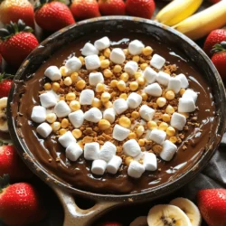 - 1 cup semi-sweet chocolate chips - 1 cup mini marshmallows - 4 tablespoons heavy cream - 1 teaspoon vanilla extract - 1/2 cup crushed graham crackers - Pinch of sea salt The heart of this dish is the chocolate. I love using semi-sweet chocolate chips. They melt well and give a rich taste. The mini marshmallows add that classic s'mores touch. They become soft and golden when baked. Heavy cream keeps the chocolate smooth and creamy. A hint of vanilla extract adds depth to the flavors. The crushed graham crackers give a nice crunch on top. Finally, a pinch of sea salt balances the sweet taste. - Fresh strawberries - Banana slices When it comes to dipping, I suggest fresh strawberries. Their juicy sweetness pairs well with the dip. Banana slices are another great choice. They add a creamy texture and a lovely flavor. You can mix and match these options to find your favorite combination. Remember, the dip is best when shared, so get ready to enjoy this treat with friends! For the full recipe, see above. - Preheat oven to 350°F (175°C). - In a medium oven-safe skillet, combine 1 cup of semi-sweet chocolate chips and 4 tablespoons of heavy cream. - Place the skillet in the oven for about 5 minutes. Watch as the chocolate starts to melt. - Remove the skillet and stir until the chocolate is smooth. Add 1 teaspoon of vanilla extract and a pinch of sea salt, then mix well. - Evenly layer 1 cup of mini marshmallows over the melted chocolate. - Return the skillet to the oven and bake for 5-7 minutes. Look for golden-brown marshmallows. - After baking, sprinkle 1/2 cup of crushed graham crackers evenly on top. - Allow the dip to cool for a few minutes before serving. Enjoy with fresh strawberries and banana slices for dipping. This S'mores Dip is a fun treat that brings everyone together. You can find the full recipe above. To make the best S'mores Dip, start with quality chocolate chips. Good chocolate melts better and tastes richer. When baking, watch the marshmallows closely. They can go from golden brown to burnt in seconds. I love serving S'mores Dip straight from the skillet. It looks great and keeps the dip warm. Arrange fresh fruit like strawberries and bananas around the dip. This adds color and gives a tasty option for dipping. Don't overbake your marshmallows. They should be golden, not dark brown. Also, mix the chocolate and cream thoroughly before baking. A well-blended mixture ensures a smooth dip. For the full recipe, check out the details above. {{image_2}} You can easily change up S'mores Dip to keep it fun. One way is to add flavored extracts. A drop of almond extract gives a nutty twist. You can also mix in peanut butter or Nutella for a creamy, rich flavor. These small changes can make a big difference in taste. Don't limit yourself to just fruit! Use pretzels for a salty crunch. Graham cracker sticks also work great for dipping. You can even try apple slices for a fresh, sweet take. Another fun option is marshmallow fluff. It adds extra sweetness and a nice texture to your S'mores experience. For the full recipe, check back in the main section, and get ready for a treat! After you enjoy your S'mores Dip, store any leftovers in an airtight container. This keeps the dip fresh. Place the container in the fridge to prevent spoilage. It’s best to consume the dip within a few days for the best taste. To enjoy your dip again, warm it gently in the microwave. Heat in short bursts of 15-20 seconds. Stir between heating to ensure even warmth. Avoid overcooking, as this can change the texture and flavor of the chocolate and marshmallows. The dip tastes best when eaten within 2-3 days. After this time, the flavors may fade. The marshmallows may also lose their fluffy texture. Enjoy your S'mores Dip soon after making it for the best experience! To make S'mores Dip dairy-free, you can use dairy-free chocolate chips. Brands like Enjoy Life or Hu make great options. For the cream, try coconut cream or almond milk. These substitutes will keep your dip delicious and creamy without dairy. Yes! You can use dark chocolate, white chocolate, or even milk chocolate. Each type gives a unique taste. Dark chocolate adds richness, while white chocolate brings sweetness. Mix and match to find your favorite flavor! You can prep the dip in advance. Mix the chocolate and cream, then store it in the fridge. When you're ready, just bake it and add the marshmallows. This keeps your cooking time short and fun. For the full recipe, check out the previous section. You learned how to make a delicious S'mores Dip. We covered ingredients, steps to prepare, and tips for success. Don’t forget to get creative with flavors and dipping options. Storing leftovers is easy, and you can even make it ahead. Enjoy sharing this sweet treat with family and friends. This dip is fun, tasty, and perfect for any gathering. Now, go ahead and delight everyone with your S'mores Dip!