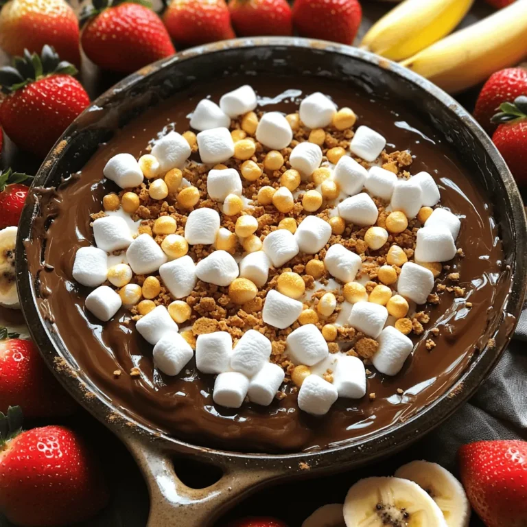 - 1 cup semi-sweet chocolate chips - 1 cup mini marshmallows - 4 tablespoons heavy cream - 1 teaspoon vanilla extract - 1/2 cup crushed graham crackers - Pinch of sea salt The heart of this dish is the chocolate. I love using semi-sweet chocolate chips. They melt well and give a rich taste. The mini marshmallows add that classic s'mores touch. They become soft and golden when baked. Heavy cream keeps the chocolate smooth and creamy. A hint of vanilla extract adds depth to the flavors. The crushed graham crackers give a nice crunch on top. Finally, a pinch of sea salt balances the sweet taste. - Fresh strawberries - Banana slices When it comes to dipping, I suggest fresh strawberries. Their juicy sweetness pairs well with the dip. Banana slices are another great choice. They add a creamy texture and a lovely flavor. You can mix and match these options to find your favorite combination. Remember, the dip is best when shared, so get ready to enjoy this treat with friends! For the full recipe, see above. - Preheat oven to 350°F (175°C). - In a medium oven-safe skillet, combine 1 cup of semi-sweet chocolate chips and 4 tablespoons of heavy cream. - Place the skillet in the oven for about 5 minutes. Watch as the chocolate starts to melt. - Remove the skillet and stir until the chocolate is smooth. Add 1 teaspoon of vanilla extract and a pinch of sea salt, then mix well. - Evenly layer 1 cup of mini marshmallows over the melted chocolate. - Return the skillet to the oven and bake for 5-7 minutes. Look for golden-brown marshmallows. - After baking, sprinkle 1/2 cup of crushed graham crackers evenly on top. - Allow the dip to cool for a few minutes before serving. Enjoy with fresh strawberries and banana slices for dipping. This S'mores Dip is a fun treat that brings everyone together. You can find the full recipe above. To make the best S'mores Dip, start with quality chocolate chips. Good chocolate melts better and tastes richer. When baking, watch the marshmallows closely. They can go from golden brown to burnt in seconds. I love serving S'mores Dip straight from the skillet. It looks great and keeps the dip warm. Arrange fresh fruit like strawberries and bananas around the dip. This adds color and gives a tasty option for dipping. Don't overbake your marshmallows. They should be golden, not dark brown. Also, mix the chocolate and cream thoroughly before baking. A well-blended mixture ensures a smooth dip. For the full recipe, check out the details above. {{image_2}} You can easily change up S'mores Dip to keep it fun. One way is to add flavored extracts. A drop of almond extract gives a nutty twist. You can also mix in peanut butter or Nutella for a creamy, rich flavor. These small changes can make a big difference in taste. Don't limit yourself to just fruit! Use pretzels for a salty crunch. Graham cracker sticks also work great for dipping. You can even try apple slices for a fresh, sweet take. Another fun option is marshmallow fluff. It adds extra sweetness and a nice texture to your S'mores experience. For the full recipe, check back in the main section, and get ready for a treat! After you enjoy your S'mores Dip, store any leftovers in an airtight container. This keeps the dip fresh. Place the container in the fridge to prevent spoilage. It’s best to consume the dip within a few days for the best taste. To enjoy your dip again, warm it gently in the microwave. Heat in short bursts of 15-20 seconds. Stir between heating to ensure even warmth. Avoid overcooking, as this can change the texture and flavor of the chocolate and marshmallows. The dip tastes best when eaten within 2-3 days. After this time, the flavors may fade. The marshmallows may also lose their fluffy texture. Enjoy your S'mores Dip soon after making it for the best experience! To make S'mores Dip dairy-free, you can use dairy-free chocolate chips. Brands like Enjoy Life or Hu make great options. For the cream, try coconut cream or almond milk. These substitutes will keep your dip delicious and creamy without dairy. Yes! You can use dark chocolate, white chocolate, or even milk chocolate. Each type gives a unique taste. Dark chocolate adds richness, while white chocolate brings sweetness. Mix and match to find your favorite flavor! You can prep the dip in advance. Mix the chocolate and cream, then store it in the fridge. When you're ready, just bake it and add the marshmallows. This keeps your cooking time short and fun. For the full recipe, check out the previous section. You learned how to make a delicious S'mores Dip. We covered ingredients, steps to prepare, and tips for success. Don’t forget to get creative with flavors and dipping options. Storing leftovers is easy, and you can even make it ahead. Enjoy sharing this sweet treat with family and friends. This dip is fun, tasty, and perfect for any gathering. Now, go ahead and delight everyone with your S'mores Dip!
