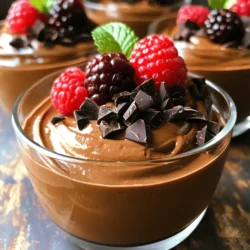 - 2 ripe avocados - 1/3 cup unsweetened cocoa powder - 1/4 cup pure maple syrup - 1/4 cup almond milk (or any non-dairy milk) - 1 teaspoon vanilla extract - A pinch of sea salt - Dark chocolate shavings and fresh berries for garnish The key to making a smooth and tasty chocolate avocado mousse starts with the right ingredients. Each one plays a big role in flavor and texture. For instance, ripe avocados give the mousse its creamy base. You want them soft and fresh for the best results. Cocoa powder adds the rich chocolate taste that makes this dessert a hit. Maple syrup brings sweetness. It also adds a nice depth. Almond milk keeps the mousse light and dairy-free, but you can choose any non-dairy milk you like. Vanilla extract enhances the overall flavor. Just a small pinch of sea salt balances the sweetness and brings out all the flavors. - Calories per serving: About 150 calories - Macros: 10g fats, 15g carbs, 2g protein Avocados are a star in this recipe. They are packed with healthy fats, vitamins, and minerals. These fats help you feel full and satisfied. They also support heart health. The fiber in avocados aids digestion. This mousse is not just a treat; it's genuinely good for you. Using the Full Recipe will help you create this delightful dessert in just a few simple steps. Enjoy this creamy and healthy chocolate avocado mousse anytime you want a guilt-free dessert! 1. Start by cutting the avocados in half. 2. Remove the pit carefully. 3. Scoop the green flesh into a blender. 4. Next, add the unsweetened cocoa powder. 5. Pour in the pure maple syrup. 6. Add the almond milk and vanilla extract. 7. Finally, sprinkle in a pinch of sea salt. 1. Blend everything on high speed. 2. Stop to scrape down the sides as needed. 3. Blend until you get a smooth, creamy texture. 4. Taste the mousse. If it needs more sweetness, add extra maple syrup. 5. Blend again to mix in the syrup. 1. Spoon the mousse into serving bowls. 2. Cover and chill for at least 30 minutes. 3. Before serving, top each bowl with dark chocolate shavings. 4. Add fresh berries for a colorful garnish. This mousse is rich and creamy, making it a perfect treat. For the full recipe, check out the details above. To get that smooth and creamy mousse, use ripe avocados. They blend better and provide a richer taste. Cut the avocados in half, remove the pit, and scoop the flesh into your blender. For your blender, I suggest a high-speed model. Brands like Vitamix or Ninja work well. If you use a food processor, ensure it has a strong motor to blend everything evenly. Blend until the mixture is silky. Stop to scrape down the sides and blend again. This helps mix all the ingredients. You can add some extra ingredients to boost the flavor. A pinch of cinnamon or a tablespoon of almond butter can add warmth and depth. For a bit of zing, try adding a splash of orange juice or zest. Adjusting sweetness is easy. After blending, taste the mousse. If you want it sweeter, add more maple syrup. Blend again to mix it in well. Presentation is key to impressing your guests. Serve the mousse in clear cups. This lets the rich, dark color shine. You can also layer it with fresh berries for a pop of color. When garnishing, use dark chocolate shavings on top. A sprig of mint adds freshness and looks great. For a fun twist, drizzle some extra maple syrup on top before serving. For the full recipe, check out the complete guide. {{image_2}} You can easily make this mousse vegan. Instead of honey or regular syrup, use maple syrup. It adds sweetness without animal products. For a creamy texture, choose unsweetened almond milk or coconut milk. Both options work well and keep the mousse rich. If you want a sugar-free mousse, use sugar-free sweeteners. Stevia or erythritol are great choices. They blend well and provide the sweetness you desire. Just reduce the amount since these sweeteners can be much sweeter than sugar. Adjust to taste as you blend. To spice things up, add a pinch of cinnamon or chili powder. These spices give a warm kick to the mousse. You can also try different extracts like almond or orange. They add unique flavors and can change the mousse experience. Mix and match to find your favorite! Store your Chocolate Avocado Mousse in the fridge. Use airtight containers to keep it fresh. Glass jars or plastic containers with tight lids work well. Make sure to cover the mousse to prevent it from absorbing any odors. This way, your dessert stays tasty and creamy for longer. In the fridge, your mousse lasts about 3 to 5 days. Always check for signs of spoilage. If the mousse smells off or has an unusual texture, it’s best to toss it. Fresh mousse should be smooth and rich without any browning on top. You can freeze Chocolate Avocado Mousse, but it may change texture. To freeze, place it in airtight containers. Leave some space for expansion. When you’re ready to serve, thaw it in the fridge overnight. Stir well before serving to bring back its creamy consistency. Enjoy your dessert anytime! Yes, Chocolate Avocado Mousse is healthy! The main ingredients pack a nutritional punch. Avocados are full of healthy fats, fiber, and vitamins. They help keep your heart healthy and your skin glowing. Cocoa powder is rich in antioxidants, which are good for your body. It can reduce inflammation and improve mood. The maple syrup adds sweetness but also contains some minerals. So, this dessert is not just tasty; it’s good for you, too! Absolutely! You can make this mousse ahead of time. It tastes even better after chilling. Just prepare it as per the Full Recipe and place it in the fridge. It can sit for up to two days. This makes it a great option for parties or busy days. Just remember to cover it well. This keeps it fresh and tasty. If you want to switch up the sweetener, you have options! Honey works great and adds a nice flavor. Agave syrup is another choice and is sweeter than maple syrup. For a sugar-free option, try stevia or erythritol. Just remember, these might change the taste a bit. Always taste and adjust the sweetness as needed! This blog post covers how to make delicious chocolate avocado mousse. You learned about the key ingredients like ripe avocados and cocoa powder. I shared preparation steps and tips for a smooth texture. You also discovered variations for vegan and sugar-free options. Finally, remember this mousse is healthy and easy to make. Store it properly to enjoy later. Get creative with flavors and enjoy your tasty dessert!