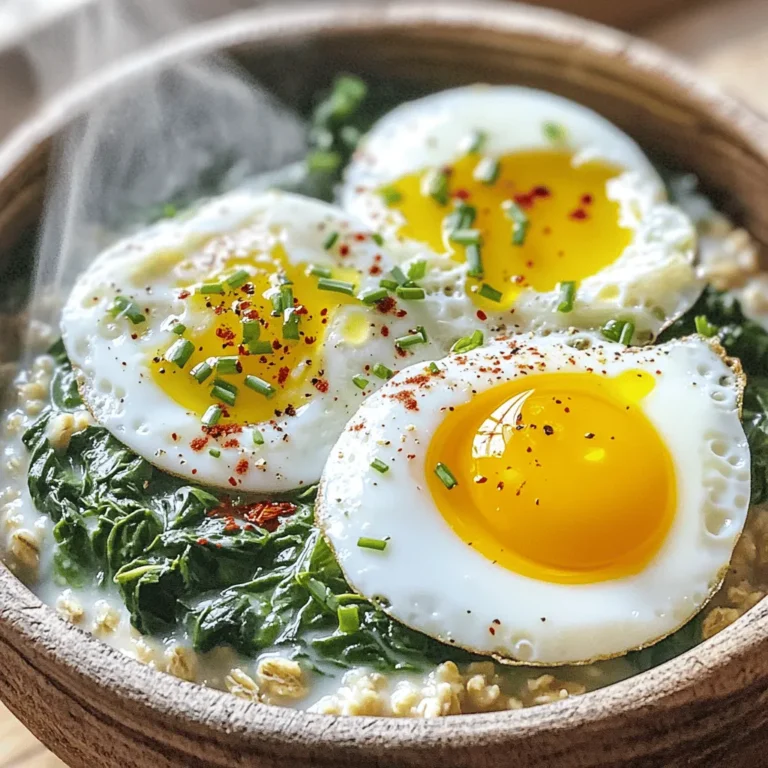 To make savory oatmeal with spinach and eggs, you'll need: - 1 cup rolled oats - 2 cups vegetable broth - 1 cup fresh spinach, chopped - 2 large eggs - 1 tablespoon olive oil - 1 garlic clove, minced - 1/2 teaspoon red pepper flakes (optional) - Salt and pepper to taste - Fresh herbs for garnish (e.g., chives or parsley) These main ingredients create a hearty and wholesome meal. The rolled oats form a creamy base, while the vegetable broth adds flavor. Spinach provides vitamins, and eggs offer protein. You can customize this dish to your taste. Here are some ideas: - Cheese (feta or parmesan) - Avocado slices - Hot sauce for spice - Nuts or seeds for crunch - Different greens like kale or arugula These optional ingredients let you make the dish unique. Feel free to mix and match to find your perfect bowl. Each serving of savory oatmeal provides: - Calories: 350 - Protein: 14g - Fat: 14g - Carbohydrates: 42g - Fiber: 6g This meal is not only tasty but also balanced. It fuels your body with energy and nutrients. You can find the full recipe in the article to make it at home! To make savory oatmeal with spinach and eggs, follow these steps closely. First, take a medium-sized saucepan. Pour in 2 cups of vegetable broth and bring it to a boil over medium heat. Once boiling, stir in 1 cup of rolled oats. Reduce the heat to low and let it cook for 5 to 7 minutes. Stir it occasionally. The oats will become tender and creamy. While the oats are cooking, grab a skillet. Heat 1 tablespoon of olive oil over medium heat. Add 1 minced garlic clove and, if you like, 1/2 teaspoon of red pepper flakes. Sauté these for about 1 minute until you smell the garlic. Next, add 1 cup of chopped fresh spinach to the skillet. Cook it for 2 to 3 minutes until it wilts. Season this mix with salt and pepper to taste. Set it aside when done. In the same skillet, add a bit more olive oil if needed. Crack in 2 large eggs. Cook them sunny-side up or to your liking. Once the oats are ready, divide them into two bowls. Top each bowl with the spinach mix and a fried egg. Garnish with fresh herbs like chives or parsley. Your savory oatmeal is now ready to enjoy! Cooking the eggs just right makes all the difference. To get a perfect sunny-side up egg, heat the skillet well before adding the eggs. Make sure the oil is hot enough to sizzle when the eggs hit the pan. This helps the edges get crispy while keeping the yolk runny. If you prefer your eggs over-easy, gently flip them after a few minutes. Use a spatula to be careful. For poached eggs, you can add a splash of vinegar to the boiling water and gently slide the egg in. This helps keep the egg together. Always cook the eggs to your desired doneness and enjoy! For this recipe, you will need a few basic tools. A medium-sized saucepan is essential for cooking the oats. A non-stick skillet works best for frying the eggs and sautéing the spinach. Use a sharp knife for chopping the garlic and spinach. A wooden spoon or spatula will help you stir the oats and flip the eggs. If you want to get fancy, a set of measuring cups can help with the ingredients. You can find all these tools in any kitchen! Adding spices can make your savory oatmeal shine. I love using garlic, as it gives a great taste. Red pepper flakes add heat, but you can skip them if you want. You might try cumin or smoked paprika for a warm flavor. Fresh herbs like chives or parsley also boost flavor. Just sprinkle them on top before serving for a fresh touch. How you serve this dish matters. Use a shallow bowl to show off the layers. Add the oats first, then the spinach, and finally the egg. You can also drizzle a bit of olive oil on top for shine. A sprinkle of herbs adds color and makes it look fancy. Serve with a slice of crusty bread for a hearty meal. A few mistakes can ruin your savory oatmeal. First, don’t skimp on the broth. It gives the oats their flavor. Second, avoid overcooking the spinach. It should be bright green and tender, not mushy. Lastly, keep an eye on the eggs. Don’t cook them too long; they should be runny and rich. For more detailed steps, check out the Full Recipe. {{image_2}} You can add more protein to your savory oatmeal. Here are some ideas: - Chickpeas: Toss in cooked chickpeas for a hearty bite. - Tofu: Sauté firm tofu cubes until golden. - Cheese: Stir in feta or goat cheese for creaminess. - Bacon or Sausage: Add crispy bits for a savory crunch. These options will boost protein levels and make your dish more filling. If you want a vegetarian twist, skip the eggs. Try these vegan options: - Tofu Scramble: Use crumbled tofu with spices as an egg replacement. - Nut Butter: Stir in almond or peanut butter for a unique taste. - Avocado: Top your oatmeal with sliced avocado for creaminess. These substitutes keep it tasty while meeting dietary needs. Feel free to play with flavors! Here are some fun ideas: - Asian Twist: Add soy sauce and sesame oil, then top with green onions. - Mediterranean Flair: Mix in olives and sun-dried tomatoes for a bright taste. - Spicy Kick: Use hot sauce or chili paste for heat. Experimenting with flavors makes your savory oatmeal unique and exciting. For the Full Recipe, check the main article to get started! After you cook your savory oatmeal, let it cool down. Then, transfer it to an airtight container. This keeps it fresh and tasty. Store the oatmeal in the fridge for up to three days. If you want to enjoy it later, make sure it is tightly sealed to prevent drying out. When it's time to eat, reheat your savory oatmeal on the stove or in the microwave. If using the stove, add a splash of vegetable broth to help it warm up. Heat it on low, stirring frequently until it's hot. In the microwave, place it in a bowl and cover it with a damp paper towel. Heat for one minute, stir, and then heat for another 30 seconds if needed. You can freeze leftovers if you made too much. Let the dish cool completely, then place portions in freezer-safe bags or containers. Try to remove as much air as possible. Savory oatmeal can last in the freezer for up to three months. When you're ready to eat it, thaw it in the fridge overnight. Reheat it as mentioned above for best results. Enjoy your meal anytime! Yes, you can use instant oats. Instant oats cook faster than rolled oats. They will make your oatmeal creamier, but they may lose some texture. To use instant oats, reduce the cooking time to about 1-2 minutes. Just follow the package instructions, and you’ll have a tasty dish. Toppings can change your dish's flavor. Here are some tasty ideas: - Sliced avocado - Crumbled feta cheese - Cherry tomatoes - Sautéed mushrooms - Crispy bacon - Hot sauce for a kick You can mix and match to create your favorite flavor profile. To boost the meal's heartiness, add extra protein. Here are some easy options: - Cooked chicken - Black beans - Tofu or tempeh - Nuts or seeds for crunch These additions will give you a satisfying meal that keeps you full longer. For a complete guide, check the Full Recipe. Savory oatmeal is easy and fun to make. You learned about key ingredients and how to cook them perfectly. We explored tips for flavor and common mistakes to avoid. Variations let you add protein and experiment with tastes. Plus, I shared the best ways to store and reheat your dish. Enjoy creating your own savory bowls of oatmeal! Mix flavors and share with friends. This dish can be a healthy and tasty meal anytime. Happy cooking!