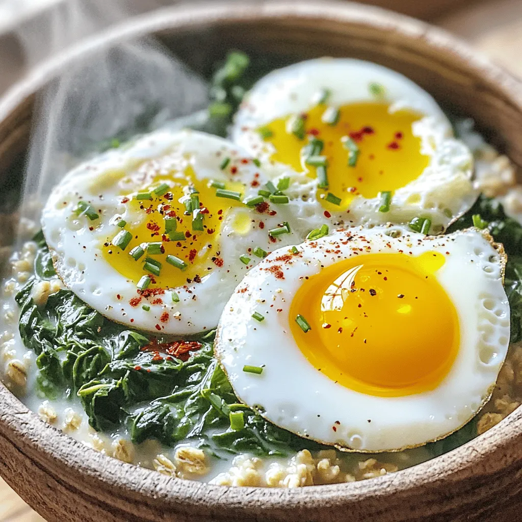 To make savory oatmeal with spinach and eggs, you'll need: - 1 cup rolled oats - 2 cups vegetable broth - 1 cup fresh spinach, chopped - 2 large eggs - 1 tablespoon olive oil - 1 garlic clove, minced - 1/2 teaspoon red pepper flakes (optional) - Salt and pepper to taste - Fresh herbs for garnish (e.g., chives or parsley) These main ingredients create a hearty and wholesome meal. The rolled oats form a creamy base, while the vegetable broth adds flavor. Spinach provides vitamins, and eggs offer protein. You can customize this dish to your taste. Here are some ideas: - Cheese (feta or parmesan) - Avocado slices - Hot sauce for spice - Nuts or seeds for crunch - Different greens like kale or arugula These optional ingredients let you make the dish unique. Feel free to mix and match to find your perfect bowl. Each serving of savory oatmeal provides: - Calories: 350 - Protein: 14g - Fat: 14g - Carbohydrates: 42g - Fiber: 6g This meal is not only tasty but also balanced. It fuels your body with energy and nutrients. You can find the full recipe in the article to make it at home! To make savory oatmeal with spinach and eggs, follow these steps closely. First, take a medium-sized saucepan. Pour in 2 cups of vegetable broth and bring it to a boil over medium heat. Once boiling, stir in 1 cup of rolled oats. Reduce the heat to low and let it cook for 5 to 7 minutes. Stir it occasionally. The oats will become tender and creamy. While the oats are cooking, grab a skillet. Heat 1 tablespoon of olive oil over medium heat. Add 1 minced garlic clove and, if you like, 1/2 teaspoon of red pepper flakes. Sauté these for about 1 minute until you smell the garlic. Next, add 1 cup of chopped fresh spinach to the skillet. Cook it for 2 to 3 minutes until it wilts. Season this mix with salt and pepper to taste. Set it aside when done. In the same skillet, add a bit more olive oil if needed. Crack in 2 large eggs. Cook them sunny-side up or to your liking. Once the oats are ready, divide them into two bowls. Top each bowl with the spinach mix and a fried egg. Garnish with fresh herbs like chives or parsley. Your savory oatmeal is now ready to enjoy! Cooking the eggs just right makes all the difference. To get a perfect sunny-side up egg, heat the skillet well before adding the eggs. Make sure the oil is hot enough to sizzle when the eggs hit the pan. This helps the edges get crispy while keeping the yolk runny. If you prefer your eggs over-easy, gently flip them after a few minutes. Use a spatula to be careful. For poached eggs, you can add a splash of vinegar to the boiling water and gently slide the egg in. This helps keep the egg together. Always cook the eggs to your desired doneness and enjoy! For this recipe, you will need a few basic tools. A medium-sized saucepan is essential for cooking the oats. A non-stick skillet works best for frying the eggs and sautéing the spinach. Use a sharp knife for chopping the garlic and spinach. A wooden spoon or spatula will help you stir the oats and flip the eggs. If you want to get fancy, a set of measuring cups can help with the ingredients. You can find all these tools in any kitchen! Adding spices can make your savory oatmeal shine. I love using garlic, as it gives a great taste. Red pepper flakes add heat, but you can skip them if you want. You might try cumin or smoked paprika for a warm flavor. Fresh herbs like chives or parsley also boost flavor. Just sprinkle them on top before serving for a fresh touch. How you serve this dish matters. Use a shallow bowl to show off the layers. Add the oats first, then the spinach, and finally the egg. You can also drizzle a bit of olive oil on top for shine. A sprinkle of herbs adds color and makes it look fancy. Serve with a slice of crusty bread for a hearty meal. A few mistakes can ruin your savory oatmeal. First, don’t skimp on the broth. It gives the oats their flavor. Second, avoid overcooking the spinach. It should be bright green and tender, not mushy. Lastly, keep an eye on the eggs. Don’t cook them too long; they should be runny and rich. For more detailed steps, check out the Full Recipe. {{image_2}} You can add more protein to your savory oatmeal. Here are some ideas: - Chickpeas: Toss in cooked chickpeas for a hearty bite. - Tofu: Sauté firm tofu cubes until golden. - Cheese: Stir in feta or goat cheese for creaminess. - Bacon or Sausage: Add crispy bits for a savory crunch. These options will boost protein levels and make your dish more filling. If you want a vegetarian twist, skip the eggs. Try these vegan options: - Tofu Scramble: Use crumbled tofu with spices as an egg replacement. - Nut Butter: Stir in almond or peanut butter for a unique taste. - Avocado: Top your oatmeal with sliced avocado for creaminess. These substitutes keep it tasty while meeting dietary needs. Feel free to play with flavors! Here are some fun ideas: - Asian Twist: Add soy sauce and sesame oil, then top with green onions. - Mediterranean Flair: Mix in olives and sun-dried tomatoes for a bright taste. - Spicy Kick: Use hot sauce or chili paste for heat. Experimenting with flavors makes your savory oatmeal unique and exciting. For the Full Recipe, check the main article to get started! After you cook your savory oatmeal, let it cool down. Then, transfer it to an airtight container. This keeps it fresh and tasty. Store the oatmeal in the fridge for up to three days. If you want to enjoy it later, make sure it is tightly sealed to prevent drying out. When it's time to eat, reheat your savory oatmeal on the stove or in the microwave. If using the stove, add a splash of vegetable broth to help it warm up. Heat it on low, stirring frequently until it's hot. In the microwave, place it in a bowl and cover it with a damp paper towel. Heat for one minute, stir, and then heat for another 30 seconds if needed. You can freeze leftovers if you made too much. Let the dish cool completely, then place portions in freezer-safe bags or containers. Try to remove as much air as possible. Savory oatmeal can last in the freezer for up to three months. When you're ready to eat it, thaw it in the fridge overnight. Reheat it as mentioned above for best results. Enjoy your meal anytime! Yes, you can use instant oats. Instant oats cook faster than rolled oats. They will make your oatmeal creamier, but they may lose some texture. To use instant oats, reduce the cooking time to about 1-2 minutes. Just follow the package instructions, and you’ll have a tasty dish. Toppings can change your dish's flavor. Here are some tasty ideas: - Sliced avocado - Crumbled feta cheese - Cherry tomatoes - Sautéed mushrooms - Crispy bacon - Hot sauce for a kick You can mix and match to create your favorite flavor profile. To boost the meal's heartiness, add extra protein. Here are some easy options: - Cooked chicken - Black beans - Tofu or tempeh - Nuts or seeds for crunch These additions will give you a satisfying meal that keeps you full longer. For a complete guide, check the Full Recipe. Savory oatmeal is easy and fun to make. You learned about key ingredients and how to cook them perfectly. We explored tips for flavor and common mistakes to avoid. Variations let you add protein and experiment with tastes. Plus, I shared the best ways to store and reheat your dish. Enjoy creating your own savory bowls of oatmeal! Mix flavors and share with friends. This dish can be a healthy and tasty meal anytime. Happy cooking!