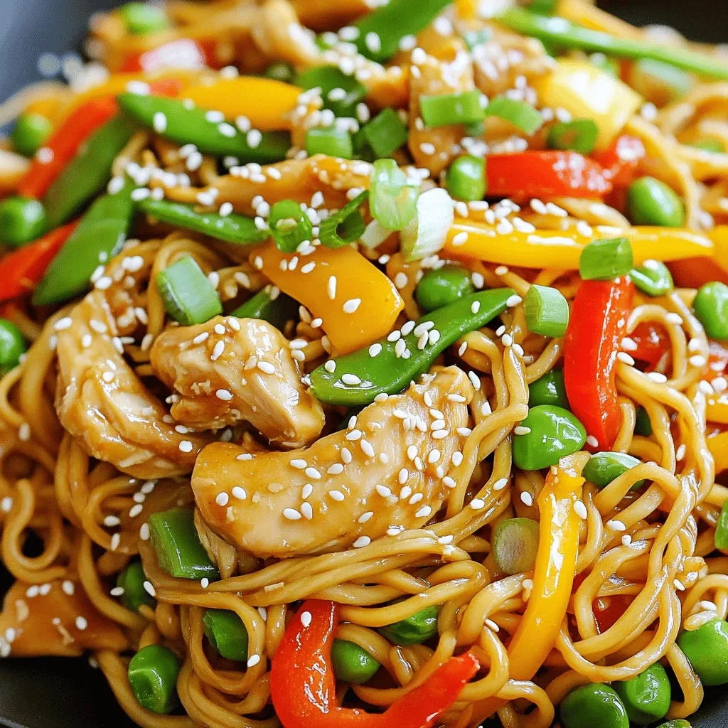 For a quick and tasty 15-Minute Chicken Stir Fry Noodles, you will need: - 8 oz noodles (e.g., rice noodles or egg noodles) - 1 lb boneless, skinless chicken breast, thinly sliced - 2 tablespoons vegetable oil - 2 cups mixed vegetables (e.g., bell peppers, carrots, snap peas) - 3 cloves garlic, minced - 1 tablespoon ginger, grated - 3 tablespoons soy sauce - 1 tablespoon oyster sauce - 1 tablespoon hoisin sauce - 1 teaspoon sesame oil - 2 green onions, sliced - Toasted sesame seeds, for garnish If you have dietary preferences, here are some swaps you can try: - For gluten-free, use rice noodles and gluten-free soy sauce. - Substitute chicken with tofu or shrimp for a different taste. - Use any mixed vegetables you love, like broccoli or zucchini. To ensure your dish turns out just right, measure your ingredients carefully: - Use a kitchen scale for the chicken for accuracy. - A measuring cup works well for liquids like sauces and oils. - For vegetables, chop them into even sizes for even cooking. These tips will help you create a flavorful and satisfying meal. If you want to see the full recipe, check it out [Full Recipe]. To start, bring a large pot of water to a boil. Add the noodles and cook them based on the package's instructions. This usually takes around 3 to 5 minutes. Stir the noodles gently to prevent sticking. Once cooked, drain the noodles in a colander and set them aside. You can use various types of noodles for this stir fry. Here are some options: - Rice noodles - Egg noodles - Udon noodles - Soba noodles Each type brings its own flavor and texture, so feel free to choose what you like best. Next, heat two tablespoons of vegetable oil in a large skillet or wok over medium-high heat. Add the thinly sliced chicken breast. Cook the chicken for about 5 minutes. Stir often to get a nice brown color. Make sure it’s cooked through before removing it from the skillet. Set the chicken aside. To ensure even cooking, slice the chicken into thin strips. This helps it cook faster and more evenly. A sharp knife works best for this task. Now, let’s add some color and crunch! In the same skillet, toss in your mixed vegetables, minced garlic, and grated ginger. Stir-fry these for about 3 to 4 minutes. You want them to be tender but still crisp. To combine everything, return the chicken to the skillet. Then, add the drained noodles. Drizzle in soy sauce, oyster sauce, hoisin sauce, and sesame oil. Toss all the ingredients together for about 2 minutes. This will let the flavors blend nicely. For the final touch, add sliced green onions and sprinkle toasted sesame seeds on top. This dish is now ready to serve. Enjoy your quick and tasty meal! For the complete recipe, refer to the [Full Recipe]. To save time, prep your ingredients first. Slice the chicken and veggies ahead of time. You can even store them in the fridge. This way, when you cook, everything is ready to go. Cook the noodles while the chicken is browning. This multitasking keeps things moving fast. You’ll have a hot meal in just 15 minutes. Add more depth to your dish with extra sauces. Try adding chili paste for heat or a splash of rice vinegar for tang. Fresh herbs like cilantro or basil can brighten the flavor. For the best stir-fry texture, keep the veggies crisp. Don’t overcook them; they should be tender but still have a bite. Use a large skillet or wok for even cooking. A non-stick pan helps prevent sticking and makes cleanup easier. A sharp knife is crucial for evenly slicing chicken and veggies. To keep your cookware in great shape, hand wash it and avoid metal utensils. This keeps your pans looking new and working well. For the full recipe, check out the complete guide! {{image_2}} You can swap chicken for many other proteins. Tofu is a great choice for a plant-based meal. It adds a nice texture. To use tofu, press it to remove water. Cut it into cubes and sauté it in oil for about 5-7 minutes. Shrimp is another tasty option. Use peeled, deveined shrimp and cook them for 3-4 minutes. They should turn pink and firm. Feel free to get creative with your veggies. Seasonal vegetables like zucchini, asparagus, or broccoli work well. When using hard vegetables like carrots, cook them a bit longer. Soft vegetables like bell peppers need less time. Add them in later to keep them crisp. This way, you enjoy a mix of textures and flavors. Changing the sauce can make your dish new and exciting. You can try teriyaki sauce for a sweet twist. Another option is to use chili garlic sauce for heat. If you prefer homemade, mix soy sauce, vinegar, and a bit of honey. Store-bought sauces are quick and easy, but homemade adds a personal touch. Experiment with different flavors to find what you like best. For the full recipe, check out the details above. To keep your chicken stir fry fresh, store it in an airtight container. This helps keep out air and moisture. It is best to refrigerate your leftovers within two hours of cooking. The dish will last for about three to four days in the fridge. Make sure to label the container with the date, so you know when to use it. When it's time to enjoy your leftovers, the best way to reheat stir fry is on the stove. Use a skillet over medium heat. Add a splash of water or broth to keep it moist. Stir often until it's heated through. If you want to freeze leftovers, make sure they cool completely first. Store them in freezer-safe bags or containers. You can reheat them directly from frozen on the stove or in the microwave. Just add a little water to avoid drying out. Enjoy your meal again! Yes, you can make this dish ahead of time. To do this, cook the chicken and vegetables as stated in the recipe. Then place them in a container. Store the cooked noodles separately. This way, they won’t get soggy. When you're ready to eat, just heat the chicken and veggies, then add the noodles. This keeps everything fresh and tasty. Absolutely! This recipe fits well into a meal prep plan. You can make a big batch and divide it into portions. Store these in containers for easy grab-and-go meals. The dish tastes great for up to four days in the fridge. Reheat a portion for a quick lunch or dinner. For sides, consider a light salad or spring rolls. You can also serve pickled vegetables for some tang. A chilled drink like green tea works well. If you want something fun, try a fruity mocktail. These pair well with the savory flavors of the stir fry. For the full recipe, check out the recipe section above. This blog post provided a clear guide for making Chicken Stir Fry Noodles. You learned about key ingredients, cooking methods, and essential tips. We discussed alternatives for dietary needs and how to store leftovers effectively. Remember, the right timing and equipment can make a big difference. Cooking can be fun and easy with the right approach. Experiment with flavors and share your results. Enjoy your delicious stir fry creations!