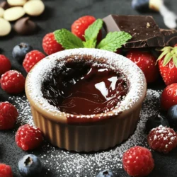 To make a rich chocolate lava cake, you'll need the following ingredients: - ½ cup unsalted butter - 1 cup high-quality dark chocolate (70% cocoa or higher), chopped - 2 large eggs - 2 large egg yolks - ½ cup granulated sugar - ¼ cup all-purpose flour - 1 teaspoon vanilla extract - Pinch of salt - Powdered sugar for dusting - Fresh berries and mint leaves for garnish (optional) Each ingredient plays a key role in making the cake decadent. The dark chocolate gives depth, while butter adds richness. Eggs provide structure and help create that gooey center. Sugar balances the flavors, and flour adds just enough body. Vanilla and salt enhance the chocolate's flavor, making each bite even better. For an extra touch, I love to use fresh berries or mint leaves to garnish my lava cake. They add color and a fresh taste that pairs well with the warm, melted chocolate. You can find the full recipe for more details on how to combine these ingredients perfectly. - Preheat your oven to 425°F (220°C). - Grease four ramekins with unsalted butter. Lightly dust them with cocoa powder or flour. Tap out any excess. - Use a double boiler or microwave to melt 1 cup of dark chocolate and ½ cup of butter. Stir until smooth. - Let the chocolate mixture cool slightly. - In a large bowl, whisk together 2 eggs, 2 egg yolks, and ½ cup of sugar. Mix until thickened and pale. - Stir in the melted chocolate mixture until combined. - Gently fold in ¼ cup of flour, 1 teaspoon of vanilla extract, and a pinch of salt. Be careful not to overmix. - Fill the prepared ramekins with the batter, about ¾ full. - Place the ramekins on a baking sheet. Bake for 12-14 minutes. The edges should set, but the center should be soft. - Cool for 1 minute after baking. Run a knife around the edges to loosen. - Invert each ramekin onto a plate. Lift off the ramekin to reveal the molten center. - Dust with powdered sugar and add fresh berries or mint leaves for garnish if you like. For the complete instructions, check the Full Recipe for Chocolate Lava Cake. To get that gooey center, adjust the baking time. Start with 12 minutes. If the sides are firm but the center jiggles, it's perfect. Every oven is different, so check early. Also, calibrate your oven. An oven thermometer helps you know the real temperature. Avoid overmixing the batter. This makes the cake tough. Mix just until combined. Also, watch the baking time. Underbaking gives you the lava effect, but too little time means it won’t hold shape. Overbaking dries it out. Find that sweet spot! Use good bakeware. Ramekins should be sturdy and heat-safe. I recommend using a double boiler for melting chocolate. It gives better control. If you use a microwave, heat in short bursts. This prevents burning. Both methods work, but the double boiler is my favorite. {{image_2}} You can boost your chocolate lava cake in many fun ways. Adding a bit of espresso or coffee makes the chocolate flavor deeper and richer. Just a tablespoon or two works wonders. You can also infuse your cake with orange or mint flavors. A little orange zest or a drop of mint extract can take it to the next level. If you need gluten-free options, swap the all-purpose flour for almond or coconut flour. These flours keep the cake moist and tasty. For a vegan version, use flax eggs and dairy-free butter. You can also choose vegan chocolate that melts well. This way, everyone can enjoy the cake! Pair your chocolate lava cake with a scoop of vanilla ice cream or a drizzle of chocolate sauce for extra sweetness. Fresh berries like raspberries or strawberries also add a nice touch. For special occasions, try serving the cakes in elegant dessert glasses. You can create layers with whipped cream and fruit for a stunning look. For the full recipe, check out the detailed instructions to make this delicious dessert! To keep your chocolate lava cake fresh, use airtight containers. This helps keep moisture in and air out. You can stack the cakes with parchment paper between them. This prevents sticking. Store them in the fridge if you plan to eat them within two days. For longer storage, you can freeze them. Wrap each cake in plastic wrap and place them in a freezer bag. They will stay good for up to three months. When it's time to enjoy your leftovers, use the oven or microwave. The oven gives the best results for reheating. Preheat your oven to 350°F (175°C). Place the cake on a baking sheet and heat for about 10 minutes. This warms the cake evenly and keeps the center gooey. If you use a microwave, heat for only 15 to 30 seconds. Check it often to avoid cooking the center too much. Keeping that molten center is key! Enjoy your delicious chocolate lava cake again with these easy tips. For the full recipe, refer to the main section above. You can check if your lava cake is done by looking at the edges. They should be set, while the center looks soft. A toothpick inserted in the center should come out slightly wet. If it comes out clean, you have baked it too long. Aim for a baking time of 12 to 14 minutes. Keep an eye on it to avoid overbaking. Yes, you can prepare the batter in advance. Fill the ramekins and cover them with plastic wrap. Store them in the fridge for up to 24 hours. When ready to bake, take them out and let them sit at room temperature. Then bake them as directed. This method keeps your lava cakes fresh and delicious. If your lava cake does not ooze, it may be overbaked. Check your oven's temperature to ensure it is correct. Baking for too long will cook the center. Next time, reduce the baking time by a minute or two. You can also try using a different ramekin size, as smaller ones cook faster. I recommend using high-quality dark chocolate, at least 70% cocoa. This type gives the best flavor and richness. Avoid chocolate chips, as they contain stabilizers that can affect the texture. Look for bars labeled as baking chocolate or gourmet chocolate for the best results. Chocolate lava cake is often linked to the United States. Chef Jean-Georges Vongerichten popularized it in the 1980s. He created it by accident when baking a cake. The center was undercooked, creating a molten effect. Since then, it has become a beloved dessert worldwide. You can find it in many restaurants and homes. In this blog post, we covered how to make delicious chocolate lava cakes step by step. We went through the key ingredients, from butter to dark chocolate. You learned important tips to avoid common mistakes and how to store and reheat leftovers. Remember, adjusting baking time is key for that perfect molten center. Experiment with flavors and enjoy serving these treats in fun ways. Trust your skills, and you'll bake a dessert that impresses! Enjoy every delicious bite.